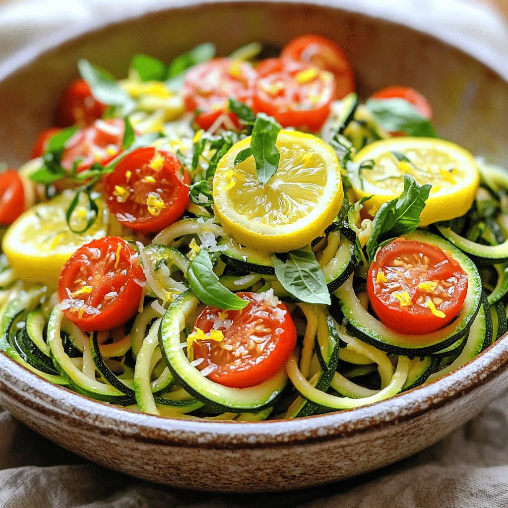 - 4 medium zucchinis (spiralized) - 1 cup cherry tomatoes (halved) - 1/2 cup fresh basil leaves (torn) - 3 tablespoons olive oil - 2 tablespoons fresh lemon juice - 1 teaspoon lemon zest - 2 cloves garlic (minced) - Salt and pepper to taste - Optional: Grated Parmesan cheese for serving When I make Lemon Basil Zucchini Noodles, I focus on fresh ingredients first. Spiralized zucchinis are the star here. They give you that nice noodle feel. Next, I love adding juicy cherry tomatoes. Their sweetness adds a nice contrast. Finally, fresh basil leaves bring a burst of flavor. For pantry items, I always have olive oil on hand. It helps cook the garlic and adds richness. Fresh lemon juice and zest brighten the dish. Garlic gives it depth. I use salt and pepper to taste, which helps bring all the flavors together. If you want, add grated Parmesan cheese for a savory finish. You can find the full recipe above, which includes all these ingredients and simple steps to create this delightful dish. First, wash the zucchinis under cold water. This step is crucial to remove any dirt. Next, use a spiralizer to turn the zucchinis into noodles. If you don't have a spiralizer, don’t worry! You can use a vegetable peeler to make thin strips instead. Just peel the zucchinis until you reach the core. You want long, thin strips for the best texture. Start by heating olive oil in a large skillet over medium heat. Once hot, add minced garlic to the oil. Sauté the garlic for about one minute. Be careful not to let it burn, as burnt garlic can taste bitter. Next, add the spiralized zucchini noodles to the skillet. Cook them for about 2-3 minutes. You want them to soften but still have a slight crunch. Now it's time to mix in the flavor! Toss in the halved cherry tomatoes, fresh lemon juice, and lemon zest. Gently stir everything together. Cook for another 1-2 minutes until the mixture is hot. Finally, remove the skillet from heat. Add the torn basil leaves and season with salt and pepper to taste. This step brightens up the dish. Serve the zucchini noodles warm, and for an optional touch, sprinkle some grated Parmesan cheese on top. Enjoy this fresh and tasty meal! You can find the Full Recipe above for detailed instructions. To keep your zoodles crunchy, cook them quickly. Sauté for only 2-3 minutes. They should be tender but still firm. Overcooking makes them watery and mushy. Timing is key. Start with garlic in the hot oil for about one minute. Then add your zucchini noodles. Stir gently to avoid breaking the zoodles. Quick cooking maintains their fresh taste. Enhance flavors by adding spices like red pepper flakes or black pepper. Fresh herbs can also boost the taste. Try parsley or oregano for a change. If you want to substitute, use yellow squash instead of zucchini. For a twist, add bell peppers or spinach. You can even switch cherry tomatoes for sun-dried ones for a richer flavor. Plating is important for a great dish. Use a large bowl to show off the zoodles. Twirl them into a nest for a fun look. Garnish with grated Parmesan cheese for a savory touch. A sprinkle of lemon zest on top adds color and brightness. Fresh basil leaves make a nice finishing touch, too. Check out the Full Recipe for more details on making this dish shine! {{image_2}} You can make Lemon Basil Zucchini Noodles even more exciting! Adding protein gives a boost to the dish. Try these options: - Chicken: Grilled or sautéed chicken works well. Just slice it and mix it in. - Shrimp: Cooked shrimp adds a nice touch. Toss it in during the last minute of cooking. - Tofu: For a plant-based option, use firm tofu. Sauté it until golden before adding to the noodles. You can also add other vegetables. Consider: - Bell Peppers: Slice them thinly for color and crunch. - Spinach: Toss in fresh spinach for added nutrients. - Carrots: Shred them for a sweet, crunchy bite. Want to mix things up? Adjust the lemon and basil for a new taste. Here are some ideas: - More Lemon: If you love citrus, add more lemon juice and zest. This brightens the dish. - Herbs: Try adding fresh parsley or oregano for a different herb flavor. You can also switch sauces and dressings. Here are some tasty suggestions: - Pesto: Swap the olive oil and lemon for basil pesto. It adds creaminess and depth. - Soy Sauce: For an Asian twist, drizzle some soy sauce over the noodles. This dish can fit many diets. Here’s how to make it work for yours: - Gluten-Free: The recipe is naturally gluten-free. Just ensure any added sauces are gluten-free. - Vegan: Skip the Parmesan cheese, or use a vegan cheese alternative. - Low-Carb: Zucchini noodles are already low in carbs. Add more veggies for a filling dish without the carbs. For the full recipe, check the earlier section. These variations can help you create the perfect meal for your needs and tastes! To keep your lemon basil zucchini noodles fresh, store them right after cooking. Let the noodles cool down first. Place them in an airtight container. If you want to keep them for a longer time, line the bottom of the container with paper towels. This helps absorb excess moisture. For best taste, eat leftovers within two days. When you're ready to eat the leftovers, reheat them gently. Use a skillet over low heat. This keeps the zoodles from becoming mushy. Stir them often until they are warm. You can also microwave them. Just use a low power setting and heat in short bursts. This way, you maintain their texture. Yes, you can freeze zucchini noodles! However, it’s best to freeze them before cooking. Spiralize the zucchinis and place them in a single layer on a baking sheet. Freeze until solid, then transfer them to a freezer bag. To thaw, place them in the fridge overnight. You can also cook them straight from frozen. Just add a few extra minutes to your cooking time. For the full recipe, check out the Lemon Basil Zucchini Noodles recipe above. You can use a vegetable peeler or a box grater. With a peeler, make long, thin strips of zucchini. If you use a box grater, grate the zucchini lengthwise. Both methods work well. The goal is to create thin strips that resemble pasta. They will soak up the sauce just like traditional noodles. Yes, you can prepare these noodles ahead of time. Spiralize the zucchini and store it in an airtight container in the fridge. You can also mix the lemon and basil in a separate container. This keeps the flavors fresh. When you’re ready to eat, just sauté the zucchini noodles and add the mix. It's quick and easy! Zucchini noodles pair well with many dishes. Try serving them with grilled chicken or shrimp for protein. A fresh salad on the side adds crunch. You can also enjoy them with garlic bread for a cozy meal. A light sauce, like pesto or marinara, enhances the flavors. You can find the full recipe for Lemon Basil Zucchini Noodles for more ideas! In this blog post, we explored making Lemon Basil Zucchini Noodles. We covered fresh and pantry ingredients, giving you easy access to tasty recipes. The step-by-step guide showed you how to prepare, cook, and present your dish. Tips helped you perfect texture and enhance flavors. Variations offered fun alternatives, while storage advice showed how to keep leftovers. You now have all you need to create this fresh meal. Enjoy your cooking journey and share this dish with family and friends!