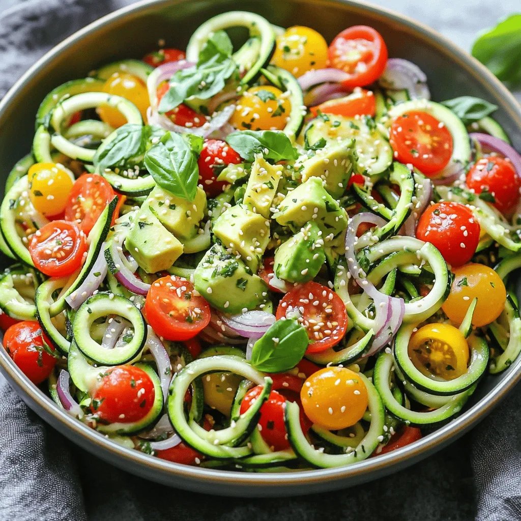 - 3 medium zucchinis, spiralized - 1 cup cherry tomatoes, halved - 1 bell pepper (any color), diced - 1/2 red onion, thinly sliced - 1 avocado, diced - 2 tablespoons extra virgin olive oil - 1 tablespoon lemon juice - 1 teaspoon honey or agave syrup - Salt and pepper to taste - Fresh basil, chopped - Sesame seeds To make my zucchini noodle salad pop, I use fresh, vibrant ingredients. The zucchinis serve as the base. Spiralizing them gives a fun twist. Cherry tomatoes add sweetness, while bell peppers bring crunch. The red onion gives a nice bite, and avocado adds creaminess. For the dressing, I keep it simple yet flavorful. Extra virgin olive oil adds richness. Lemon juice gives a bright zing. Honey or agave syrup balances the flavors. I finish with salt and pepper to enhance everything. For extra flair, I love to sprinkle fresh basil on top. It adds a lovely aroma. Sesame seeds give a nice crunch and look great too. This salad is fresh, colorful, and great for any meal. You can find the full recipe in the provided details. Enjoy creating this dish! To start, spiralize the zucchinis to make noodle-like strands. You can use a spiralizer or a vegetable peeler. If you use a peeler, make thin ribbons. This gives a fun shape to your salad. Next, sprinkle salt over the zucchini noodles. Let them sit for about ten minutes. This step helps soften the noodles. While the zucchini rests, prepare the other vegetables. Halve the cherry tomatoes and dice the bell pepper. Slice the red onion thinly. Each of these adds color and taste. In a small bowl, whisk the dressing. Mix together olive oil, lemon juice, honey, salt, and pepper. Whisk until everything blends well. Once the zucchini noodles are ready, pat them dry with a paper towel. This removes any extra moisture. Now, add the cherry tomatoes, bell pepper, red onion, avocado, and fresh basil to the bowl with the noodles. Drizzle the dressing over the top. Toss the salad gently until all the ingredients are coated. Taste it and adjust the seasoning with more salt, pepper, or lemon juice. Let the salad sit for about five minutes to meld the flavors. For the full recipe, check the earlier section. Enjoy your fresh and flavorful zucchini noodle salad! To make zucchini noodles, you need the right tools. I recommend using a spiralizer. This tool creates long, thin noodles quickly. If you don't have one, use a vegetable peeler. You can slice the zucchini into thin ribbons. Both methods work well! Adjust the seasoning to match your taste. Start with salt and pepper. If you want more flavor, try adding garlic powder or chili flakes. Fresh herbs like dill or oregano can boost the taste too. Don't be afraid to experiment! Serve your salad in a large bowl. This makes it easy to mix and enjoy. For a pretty touch, garnish with extra basil leaves. A sprinkle of sesame seeds adds crunch and color. These small details make a big difference! Try the Full Recipe to see how all these tips come together in a tasty dish! {{image_2}} You can mix up the dressing for your Zucchini Noodle Salad in fun ways. For a bright vinaigrette, use balsamic vinegar or apple cider vinegar instead of lemon juice. If you like creamy dressings, try Greek yogurt or tahini mixed with herbs. These options add new flavors and keep the salad exciting! Boost the protein in your salad with tasty options. Add grilled chicken, shrimp, or tofu for extra energy. You can also toss in extra veggies, like diced cucumbers or shredded carrots, for a colorful crunch. These add-ins make the salad more filling and fun. Change your salad with the seasons! In spring, add fresh peas and thinly sliced radishes for a crisp taste. In summer, throw in juicy berries or ripe peaches for a sweet touch. These seasonal fruits and veggies brighten the salad and enhance its flavor. Explore these variations to make your Zucchini Noodle Salad your own! For the full recipe, check the earlier section. To keep your Zucchini Noodle Salad fresh, use a tight-sealing container. Glass or BPA-free plastic works best. Make sure the container is clean and dry before adding the salad. Store it in the fridge right away. This helps keep the flavors bright and the veggies crisp. The salad stays fresh for about 2 to 3 days in the fridge. After that, the zucchini may become soggy. Look for signs of spoilage, such as a sour smell or slimy texture. If you notice these signs, it’s best to discard the salad. You should not heat zucchini noodles. They lose their texture and become mushy when heated. Instead, enjoy leftover Zucchini Noodle Salad cold. You can add fresh herbs or a splash of lemon juice to revive the flavors. This keeps your meal vibrant and tasty. Yes, zucchini noodle salad is low in carbs. Zucchini has about 2 grams of net carbs per cup. This makes it a great choice for anyone watching their carb intake. The other veggies like bell peppers and tomatoes add flavor without many carbs. This salad is also rich in fiber, vitamins, and minerals, which support good health. You can make this salad ahead of time. To keep it fresh, prepare the salad without the dressing. Store the zucchini noodles and veggies in a bowl and cover it with plastic wrap. You can make the dressing in a jar and keep it in the fridge. Just mix the salad with the dressing right before serving to keep it crisp. If you don't have zucchini, you can try other veggies. Cucumbers are a great choice. They add a nice crunch. Carrots can work too if you spiralize them. Use a vegetable peeler for thin ribbons. You can also try yellow squash for a different flavor and color. Yes, this salad is great for meal prep. Store the salad in airtight containers. Keep the dressing separate until you are ready to eat. This way, the noodles and veggies stay fresh. You can enjoy this salad for lunch or dinner throughout the week. Check out the Full Recipe for more details on making it! Zucchini noodle salad is fresh, simple, and packed with flavor. You learned about key ingredients, like zucchini, tomatoes, and avocado. The easy steps for making and mixing the salad make it fun. You can customize it with different dressings, toppings, and even seasonal veggies. Remember to store leftovers properly for the best taste. Enjoy this healthy dish anytime you want a light meal.