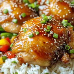 - 4 boneless, skinless chicken thighs - 1/2 cup soy sauce - 1/4 cup honey - 1/4 cup rice vinegar - 2 tablespoons sesame oil - 2 cloves garlic, minced - 1 teaspoon fresh ginger, grated The main ingredients are very important. Each one adds unique flavor to the dish. Chicken thighs keep the meat juicy. Soy sauce gives a salty taste. Honey adds sweetness, while rice vinegar brings a nice tang. Sesame oil adds a nutty flavor, and garlic and ginger boost the aroma. - 1/4 teaspoon black pepper - 1/2 teaspoon red pepper flakes (optional, for heat) - 1 tablespoon sesame seeds (for garnish) - 2 green onions, sliced (for garnish) Optional ingredients let you customize your dish. Black pepper adds warmth, and red pepper flakes can spice things up. Sesame seeds and green onions make the chicken look nice when serving. - Alternatives for soy sauce: tamari or coconut aminos - Sweeteners other than honey: maple syrup or agave If you need to change some ingredients, that’s easy! Tamari or coconut aminos are great for a gluten-free option. If you want a different sweetener, maple syrup or agave works well. You can still enjoy the same tasty teriyaki flavor with these swaps. For the full recipe, check out the link above. - Preheat your oven to 400°F (200°C). - In a mixing bowl, whisk together: - 1/2 cup soy sauce - 1/4 cup honey - 1/4 cup rice vinegar - 2 tablespoons sesame oil - 2 cloves garlic, minced - 1 teaspoon fresh ginger, grated - 1/4 teaspoon black pepper - 1/2 teaspoon red pepper flakes (optional) - Place 4 boneless, skinless chicken thighs in a large baking dish. - Coat the chicken thighs with the teriyaki sauce you just made. - Cover the baking dish with aluminum foil. - Bake for 25 minutes. - After 25 minutes, remove the foil. - To thicken the sauce, mix 1 tablespoon cornstarch with 2 tablespoons water in a small bowl. - Simmer the remaining sauce in a small saucepan. - Add the cornstarch mixture until it thickens. - Brush the thickened sauce back over the chicken. - Bake uncovered for an additional 15-20 minutes, until the chicken reaches 165°F (74°C). - Let the chicken rest for a few minutes before serving. - Garnish with sesame seeds and sliced green onions. For all the details, check the Full Recipe. For the best flavor, marinate your chicken for at least 30 minutes. If you have time, let it sit for a few hours or overnight. This allows the meat to soak up all the tasty goodness. Adjust sweetness by adding more honey or using less. If you like spice, add more red pepper flakes to the marinade. To keep your chicken moist while baking, cover the dish with foil for the first part of baking. This traps steam and helps cook the chicken evenly. For a golden finish, remove the foil in the last 15 minutes of baking. Brush on thickened sauce to help caramelize the glaze. Serve Baked Teriyaki Chicken over jasmine rice. Add some sautéed broccoli or snap peas on the side for color. For a nice touch, sprinkle extra sesame seeds and sliced green onions on top. This adds crunch and makes the dish look great! You can find the full recipe for all the details. {{image_2}} You can make Baked Teriyaki Chicken even healthier. Using skinless chicken breast is a great choice. This cut has less fat and more protein. You can also try low-sodium soy sauce. It helps cut back on salt while keeping that tasty flavor. To kick up the flavor, add fruits like pineapple or mango. These fruits give a yummy sweetness. You can also mix in different herbs or spices. Ginger, basil, or chili flakes can change the taste. Experimenting with flavors keeps your meals fun and exciting! Want to try a different cooking method? Use a slow cooker for tender chicken. Just mix the sauce, add chicken, and let it cook. Another fun option is grilling. Grilling gives a nice charred finish. Make sure to marinate the chicken first for the best flavor. For the full recipe, check out the [Full Recipe]. To keep your Baked Teriyaki Chicken fresh, store it in the fridge. Use airtight containers to prevent moisture loss. It’s best to let the chicken cool before sealing it. This way, it stays juicy and tasty. You can keep it for up to four days in the fridge. This makes it easy to enjoy later. For longer storage, you can freeze your Baked Teriyaki Chicken. First, let it cool completely. Then, wrap it tightly in plastic wrap or place it in a freezer-safe container. Make sure to remove as much air as possible. This helps prevent freezer burn. You can freeze it for up to three months. When you're ready to eat, thaw it in the fridge overnight. This method helps keep the chicken's texture nice and tender. To reheat your chicken, the oven works best. Preheat it to 350°F (175°C). Place the chicken in a baking dish and cover it with foil. This keeps the moisture in. Heat for about 20 minutes, or until it's warm throughout. You can also use a microwave, but be careful. Heat it in short bursts to avoid drying it out. If you want to keep the flavor strong, drizzle a bit of teriyaki sauce on top before heating. This adds extra taste and keeps it juicy. If you want to try making this dish, look for the Full Recipe. Enjoy! How long should I bake teriyaki chicken? You should bake teriyaki chicken for a total of 40 to 45 minutes. First, bake it covered for 25 minutes. Then, uncover it and bake for another 15 to 20 minutes. This ensures the chicken cooks evenly and stays juicy. Can I use different cuts of chicken? Yes, you can use different cuts. Chicken breast, drumsticks, or wings work well too. Just adjust the baking time based on the thickness of the meat. How do I make the sauce thicker? To thicken the sauce, mix cornstarch with water. Add this mix to the sauce while simmering. Heat it until it thickens to your liking. This gives the sauce a nice, glossy finish. What can I serve with Baked Teriyaki Chicken? Serve Baked Teriyaki Chicken over rice or with noodles. Steamed vegetables, like broccoli or snap peas, make a great side. You can also add a fresh salad for a nice crunch. How do I know when the chicken is done? Check the internal temperature with a meat thermometer. The chicken should reach 165°F (74°C). Cut into the thickest part to ensure there is no pink meat. Can this recipe be made gluten-free? Yes, you can make it gluten-free. Use tamari instead of soy sauce. Most honey is also gluten-free, but check the label to be sure. Baked Teriyaki Chicken is easy and fun to make. We covered key ingredients like chicken thighs, soy sauce, and honey. I shared tips for great flavor and texture. You can try variations and healthier options as well. Make sure to store and reheat properly for best taste. With this guide, you’ll impress your family and friends with delicious teriyaki chicken. Enjoy your cooking journey!