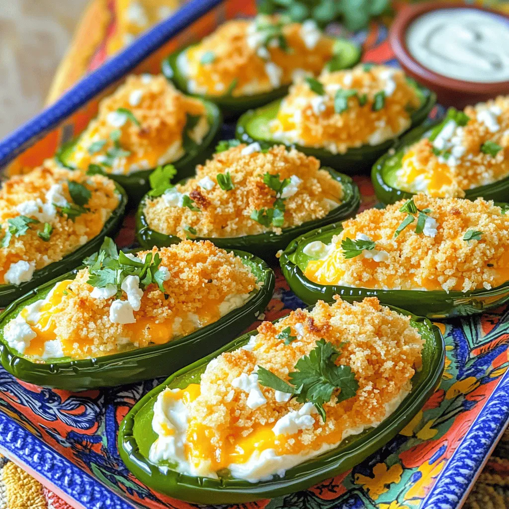 To make tasty jalapeño poppers, you need fresh ingredients. Here’s what you will use: - 12 fresh jalapeños, halved and seeded - 8 oz cream cheese, softened - 1 cup shredded sharp cheddar cheese - 1/2 cup crumbled feta cheese - 1/4 cup fresh cilantro, chopped - 2 green onions, finely chopped - 1/2 tsp garlic powder - 1/2 tsp smoked paprika - Salt and pepper to taste - 1 cup panko breadcrumbs - Cooking spray or olive oil for drizzling You can switch things up with some fun changes. Here are some optional items: - Cooked bacon bits for a smoky taste - Diced tomatoes for freshness - Different cheeses like pepper jack or gouda - Hot sauce for extra heat You don’t need fancy tools for this recipe. Just grab the basics: - Baking sheet - Parchment paper - Mixing bowls - Spoon for filling - Knife for cutting jalapeños - Measuring cups and spoons This list ensures you have everything you need to create delicious jalapeño poppers. For more details, check the Full Recipe. Happy cooking! Start by washing the jalapeños. Cut each one in half lengthwise. Use a spoon to scoop out the seeds and membranes. This step helps reduce the heat. If you want more spice, leave some seeds. Place the halved jalapeños on a baking sheet lined with parchment paper. In a bowl, mix the cream cheese, sharp cheddar, feta, cilantro, green onions, garlic powder, smoked paprika, salt, and pepper. Stir until all the ingredients blend well. This mixture should be creamy and flavorful. Make sure to taste it; adjust the seasonings if needed. Preheat your oven to 375°F (190°C). Spoon the cheese mixture into each jalapeño half. Fill them generously to ensure great flavor in every bite. In a separate bowl, mix the panko breadcrumbs with a bit of olive oil or cooking spray. Coat the tops of the stuffed jalapeños with the breadcrumbs. Place them on the baking sheet, spaced out. Bake for 20-25 minutes. Look for bubbly cheese and golden breadcrumbs. Let them cool for a few minutes before enjoying. Check the Full Recipe for more details. Wear gloves when you cut jalapeños. The oils can burn your skin. If you touch your face, it can hurt. Always wash your hands after handling them. If you want less heat, remove more seeds and membranes. This will make them milder. For crispy poppers, use panko breadcrumbs. They give a great crunch. Lightly coat them with olive oil or cooking spray. This helps them brown nicely. Bake at 375°F (190°C) until they are golden brown. This usually takes about 20-25 minutes. Serve jalapeño poppers on a bright plate. A colorful platter makes them pop! Pair them with ranch dressing or salsa for dipping. You can also serve them with guacamole for a fun twist. Enjoy them as an appetizer or snack at parties! For a complete dish, try serving with tacos or grilled chicken. You can find the Full Recipe for more tips. {{image_2}} You can switch up the cheese for fun and unique flavors. Try using mozzarella for a stretchy, gooey texture. Pepper jack adds a nice kick. Goat cheese brings a tangy twist. Mix and match to find your favorite combination. Each cheese changes the popper's taste and texture. Adding proteins makes your poppers more filling. Crispy bacon is a popular choice. Cook it until crispy, then crumble it into the cheese mix. You can also use cooked sausage for a hearty option. Just remember to drain any excess grease for a cleaner bite. These additions make each popper satisfying and full of flavor. Want to turn up the heat? Add jalapeño powder or a dash of hot sauce to your cheese mix. This will give your poppers an extra kick. You can also sprinkle red pepper flakes on top before baking. These spicy additions ensure you get a pop of heat in every bite. After you enjoy your jalapeño poppers, store any leftovers right away. Place them in an airtight container. You can keep them in the fridge for up to three days. Make sure they are cool before sealing the container. This helps keep them fresh and tasty. Reheating jalapeño poppers is easy. Preheat your oven to 350°F (175°C). Place the poppers on a baking sheet. Heat them for about 10-15 minutes. This warms them up and keeps the crunch. You can also use the microwave, but they may get soggy. If you choose the microwave, heat them in short bursts. Check every 30 seconds to avoid overheating. Freezing is a great option if you want to save jalapeño poppers for later. To freeze them, first let them cool completely. Then, place them in a single layer on a baking sheet. Put the sheet in the freezer for about 2 hours. Once frozen, transfer the poppers to a freezer bag. They can last for up to three months. When ready to eat, bake them straight from the freezer. Just add a few extra minutes to the cooking time. Enjoy your cheesy fiesta jalapeño poppers anytime! Yes, you can prepare Easy Jalapeño Poppers ahead of time. You can stuff the jalapeños with the cheese mixture and coat them with breadcrumbs. Then, cover them tightly and store them in the fridge. You can keep them for up to 24 hours. When you are ready, bake them straight from the fridge. Just add a few extra minutes to the baking time. This makes it easy for parties or last-minute snacks. Jalapeño poppers pair well with many tasty sides. Here are some ideas: - Ranch dressing - Salsa - Guacamole - Queso dip - Fresh veggies like carrots and celery - Tortilla chips These sides add extra flavor and make your poppers even more fun to eat. To make jalapeño poppers less spicy, you can take out the seeds and membranes. This is where most of the heat is. Another option is to use mild jalapeños instead of regular ones. You can also add more cream cheese to the filling. This will help to balance the spice. Finally, serve them with a cool dip, like ranch or sour cream, to calm the heat while enjoying your snack. For the full recipe, check out the detailed steps to create these delicious poppers! In this blog post, we explored how to make easy jalapeño poppers. We covered the key ingredients, essential equipment, and simple steps to prep and bake them. I shared tips for handling jalapeños safely and achieving that perfect crispy texture. You learned different ways to customize your poppers and how to store any leftovers. Now, it’s time to enjoy your tasty snack. Jalapeño poppers are fun to make, eat, and share. Dive into your own kitchen and create your delicious version today!
