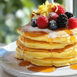 - 1 cup ricotta cheese - 1 cup all-purpose flour - 2 large eggs - 1 tablespoon baking powder - 2 tablespoons sugar For these pancakes, the ricotta cheese is key. It gives them a rich, creamy texture. The all-purpose flour helps bind everything together. Eggs help with structure and add moisture. Baking powder makes them rise and become fluffy. Finally, sugar adds just the right amount of sweetness. - Zest of 1 lemon - 1 tablespoon fresh lemon juice - 1/4 teaspoon salt - 1/2 cup milk Lemon zest and juice bring a bright flavor to the pancakes. They make each bite refreshing. Salt balances the sweetness and enhances the taste. Milk adds moisture and helps create a smooth batter. - Butter or oil for cooking - Maple syrup and fresh berries for serving Use butter or oil to cook the pancakes. This helps them brown nicely. For serving, I love using maple syrup and fresh berries. They add sweetness and a pop of color to your plate. You can find the full recipe for these delicious Lemon Ricotta Pancakes in the earlier sections. Mixing wet ingredients Start by whisking the ricotta cheese in a large bowl. Add two large eggs, lemon juice, and lemon zest. Mix until smooth and combined. This mix is the base for your pancakes. Combining dry ingredients In a separate bowl, combine the flour, baking powder, salt, and sugar. Mix these dry ingredients well. This step helps the baking powder spread evenly in the batter. Heating the skillet Heat a non-stick skillet over medium heat. Add a small amount of butter or oil to coat the bottom. This helps prevent sticking and makes the pancakes golden. Pouring the batter and flipping pancakes Pour about 1/4 cup of batter onto the skillet for each pancake. Cook for about 2-3 minutes. Watch for bubbles forming on the surface; this shows they are ready to flip. Turn them over and cook for another 2-3 minutes until golden brown. How to stack and serve Once cooked, stack the pancakes high on a plate. Drizzle warm maple syrup over the top. This adds sweetness and flavor. Recommended toppings and garnishes Add fresh berries on top for color and taste. You can also sprinkle powdered sugar for a pretty finish. For a twist, try adding whipped cream or yogurt. You can find the Full Recipe for more details! To get the best texture in your lemon ricotta pancakes, avoid overmixing the batter. When you mix too much, the pancakes can turn tough. Stir until the ingredients just come together. A few lumps are okay. Adjust the batter consistency if needed. If it seems too thick, add a splash of milk. A thinner batter will give you lighter pancakes. If it feels too runny, add a little flour. Heat is crucial for cooking pancakes. Start with medium heat. Too hot, and the outside burns while the inside stays raw. If your pancakes brown too fast, lower the heat a bit. Use a non-stick skillet for best results. It helps the pancakes cook evenly and flip easily. If you don’t have one, use a well-seasoned cast iron skillet. Adding spices can make your pancakes even better. A splash of vanilla extract adds warmth. A pinch of cinnamon gives a nice hint of spice. You can also experiment with different citrus zests. Try orange or lime for a twist. Each adds a unique flavor to your pancakes. You can find the full recipe for lemon ricotta pancakes near the start of this article. {{image_2}} For gluten-free options, replace all-purpose flour with gluten-free flour blends. They work well in this recipe. You can also try almond flour or oat flour for unique flavors. If you need dairy-free pancakes, use plant-based ricotta or almond milk. These substitutes create a tasty pancake, too. You might notice some texture changes, but they can still be light and fluffy. Adding fruit to the batter can make your pancakes even better! Try blueberries or sliced bananas. You can stir them in gently. For a fresh twist, consider adding pureed strawberries or peaches. Using different extracts or flavors can change the taste as well. Instead of lemon, try vanilla or almond extract. These flavors can add depth to the simple pancake. You can get creative with how you serve these pancakes. Whipped cream adds a fun touch. A dollop of yogurt can also make a tasty pairing. Don't forget savory toppings! Try adding a sprinkle of crumbled bacon or some fresh herbs for a unique twist. These options can take your Lemon Ricotta Pancakes to a whole new level. For the complete guide, check out the Full Recipe. To keep your lemon ricotta pancakes fresh, you should store them in the fridge. Place them in an airtight container. They will last about three days. Before storing, make sure they cool completely. This helps to prevent sogginess. If you want to freeze them, layer the pancakes with parchment paper. This will stop them from sticking together. Seal the container tightly. They can last up to two months in the freezer. When it’s time to enjoy your leftovers, reheating is key. The best way to reheat pancakes is in a skillet. Heat it on low and add a small pat of butter. This keeps them moist and adds flavor. You can also use a microwave. Place a pancake on a microwave-safe plate. Heat it in 15-second bursts until warm. Avoid overheating, or they may become tough. You can make meal prep easy with these pancakes. Mix the dry ingredients in advance. Store them in a sealed bag or container. This way, you can whip up pancakes fast. You can also make a big batch of pancakes. After cooking, let them cool, then store them in the fridge or freezer. This gives you tasty breakfast options all week. For a quick meal, just reheat and serve! For the recipe, check the Full Recipe section. To make your Lemon Ricotta Pancakes fluffier, use a little extra baking powder. This helps them rise more during cooking. I suggest adding an extra half teaspoon to the recipe. Always sift the baking powder with the flour to mix it well. This small step can really boost the fluffiness. Just remember, don't overmix the batter once you combine wet and dry ingredients. This keeps air bubbles in the batter, helping your pancakes stay light. Yes, you can use whole wheat flour, but it will change the texture. Whole wheat flour makes the pancakes denser. They can also taste nuttier. If you want to try it, mix half whole wheat and half all-purpose flour. This combo gives you a nice balance. Keep in mind, you might need a little more liquid since whole wheat absorbs more. So, adjust the milk as needed for a smooth batter. Leftover Lemon Ricotta Pancakes can last in the fridge for about three days. Store them in an airtight container to keep them fresh. Look for signs of spoilage like strange smells or changes in texture. If they feel dry or hard, it's time to toss them. You can also freeze them for up to two months. Just separate each pancake with parchment paper to prevent sticking. In this blog post, we explored how to make delicious Lemon Ricotta Pancakes. We covered the main ingredients, flavor enhancers, cooking essentials, and provided step-by-step instructions for perfect pancakes. I shared tips to improve texture and discussed fun variations to satisfy any diet. Storing leftovers properly and reheating them can keep these pancakes fresh and tasty. Remember, making pancakes is fun, and with these tips, you can create a delightful breakfast or snack. Enjoy your cooking adventure with these tasty treats!