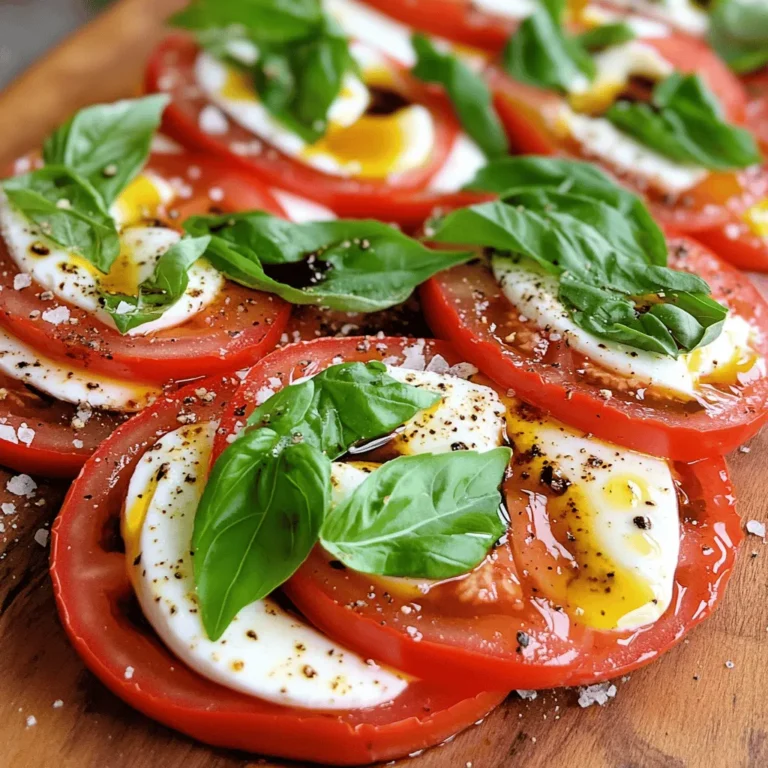 - 4 large ripe tomatoes, sliced - 8 oz fresh mozzarella, sliced - 1 cup fresh basil leaves - 3 tablespoons extra virgin olive oil - 1 tablespoon balsamic glaze - Salt and freshly cracked black pepper to taste - 1/4 teaspoon red pepper flakes (optional) For this Tomato Basil Mozzarella Salad, freshness is key. When you select your tomatoes, look for ones that are bright and firm. Ripe tomatoes bring a sweet, juicy flavor that makes this dish pop. Fresh mozzarella is creamy and light. It melts in your mouth, enhancing the salad's texture. Basil adds a fragrant note. Use fresh basil leaves for the best taste. When it comes to olive oil, extra virgin is a must. It brings depth and richness. Balsamic glaze adds a tangy sweetness that balances the flavors perfectly. Don’t forget the seasoning! Salt and pepper elevate every ingredient. If you like a little heat, add red pepper flakes. They’re optional but tasty. This salad is simple yet bursting with flavor. You can find the full recipe above to get started! To start, I slice four large, ripe tomatoes. I make sure the slices are thick enough to hold up well. Next, I slice eight ounces of fresh mozzarella. This cheese adds a creamy touch. On a large serving platter, I arrange the tomato and mozzarella slices. I alternate the slices, slightly overlapping them for a nice look. After that, I tuck in fresh basil leaves between the slices. This adds a pop of color and a burst of flavor. Now, let's make the dressing. I take a small bowl and whisk together three tablespoons of extra virgin olive oil and one tablespoon of balsamic glaze. I add salt and freshly cracked black pepper to taste. If you like a bit of heat, I include a quarter teaspoon of red pepper flakes. This adds a nice kick to the salad. Once the dressing is ready, I drizzle it over the salad. I make sure to coat each slice with the dressing. This way, every bite is full of flavor. After drizzling, I let the salad sit for about five to ten minutes. This time allows the flavors to come together. The salad becomes even more delicious! For the full recipe, check out the details above. Choosing ripe tomatoes is key for flavor. Look for tomatoes that feel heavy for their size. They should have a bright color and a slight give when you press them. This ensures they are juicy and sweet. Fresh mozzarella is also important. It has a soft and creamy texture that makes the salad shine. Low-moisture mozzarella can work, but it lacks the freshness you want. Stick to fresh mozzarella for the best taste and texture. This salad makes a perfect side dish for summer meals. It pairs well with grilled meats like chicken or steak. The fresh flavors brighten up any plate. You can also serve it with crusty bread. This allows you to soak up the tasty dressing. It’s a simple way to elevate your meal. Enjoy the colors and flavors of summer with every bite! {{image_2}} You can easily change this salad up. Consider adding avocado for a creamy texture. It adds healthy fats and a nice bite. You can also use arugula. This peppery green brings a fun crunch and flavor. If you want a Mediterranean twist, stir in some olives. They add saltiness and depth. Sun-dried tomatoes can also work well. Their sweet and tangy profile pairs great with fresh tomatoes. Don't be afraid to play with your dressing. Different vinegars can change the taste. Try red wine vinegar for a bolder flavor. Apple cider vinegar adds a sweet touch. You might want to use herbs in your dressing too. Fresh oregano or thyme can elevate the dish. For a unique flavor, use pesto instead of oil and vinegar. It gives a rich taste and pairs well with the cheese and tomatoes. Explore these options to make this Tomato Basil Mozzarella Salad your own. For the full recipe, check out the details above! To keep your Tomato Basil Mozzarella Salad fresh, use airtight containers. Glass containers are great because they don’t retain odors. You can also use plastic containers with a tight lid. Make sure to store the salad in the fridge right after serving. This helps maintain its taste and texture. If you have leftover dressing, store it in a separate container. This keeps the salad from getting soggy. Before serving leftovers, shake the dressing well. This ensures all the flavors mix again. Your salad stays fresh in the refrigerator for about 2-3 days. After that, the tomatoes and basil may wilt. To revive wilted ingredients, try gently rinsing them with cold water. This can help bring back some crunch. If the salad looks a bit sad, you can add a splash of fresh olive oil. This adds moisture and flavor. Always check for off smells or signs of spoilage before eating leftovers. Enjoy your fresh and easy Tomato Basil Mozzarella Salad again! For the full recipe, check out the [Full Recipe]. Yes, you can make this salad ahead. It's best to prep it no more than 2 hours in advance. If you make it too early, the tomatoes can get soggy. To keep it fresh, store the salad without the dressing. Add the dressing just before serving. This keeps the flavors bright and the textures perfect. Fresh mozzarella is the best choice for this salad. It has a soft texture and rich flavor that pairs well with tomatoes. Regular mozzarella is firmer and dryer. It lacks the creaminess of fresh mozzarella. If you want a stronger taste, try burrata. It adds a lovely creaminess to the dish. To make this salad vegan, substitute the mozzarella with a plant-based cheese. Look for brands that mimic the taste of mozzarella. For the dressing, use a simple mix of olive oil and lemon juice. This will give a fresh flavor without dairy. You can also add a sprinkle of nutritional yeast for a cheesy flavor. This blog post covered the essentials for creating a fresh tomato basil mozzarella salad. You learned about the key ingredients, step-by-step instructions, and helpful tips. The variations and storage advice help you customize and keep your salad at its best. Remember, ripe tomatoes and fresh mozzarella make all the difference. Enjoy this simple dish as a tasty side or a light meal. With these tips, you can make it your own. Now, go ahead and impress with your new salad skills!