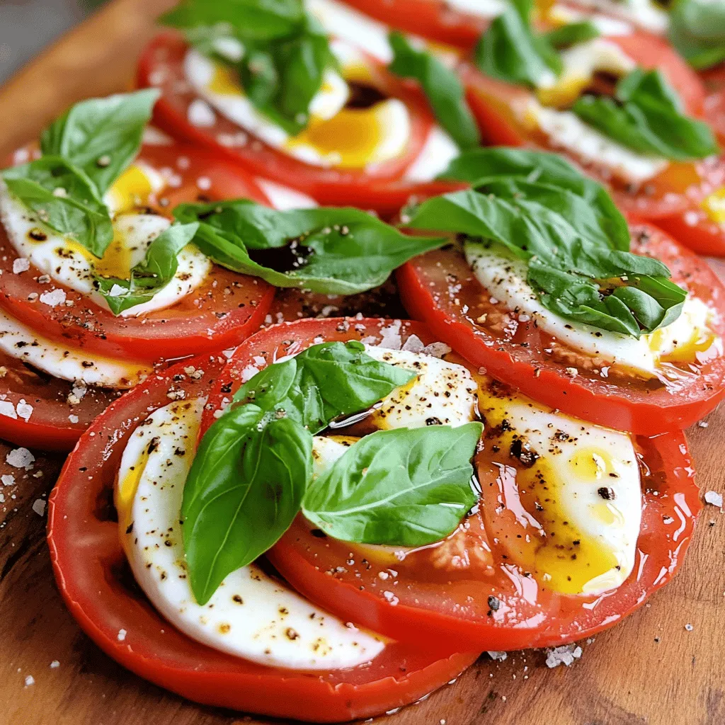 - 4 large ripe tomatoes, sliced - 8 oz fresh mozzarella, sliced - 1 cup fresh basil leaves - 3 tablespoons extra virgin olive oil - 1 tablespoon balsamic glaze - Salt and freshly cracked black pepper to taste - 1/4 teaspoon red pepper flakes (optional) For this Tomato Basil Mozzarella Salad, freshness is key. When you select your tomatoes, look for ones that are bright and firm. Ripe tomatoes bring a sweet, juicy flavor that makes this dish pop. Fresh mozzarella is creamy and light. It melts in your mouth, enhancing the salad's texture. Basil adds a fragrant note. Use fresh basil leaves for the best taste. When it comes to olive oil, extra virgin is a must. It brings depth and richness. Balsamic glaze adds a tangy sweetness that balances the flavors perfectly. Don’t forget the seasoning! Salt and pepper elevate every ingredient. If you like a little heat, add red pepper flakes. They’re optional but tasty. This salad is simple yet bursting with flavor. You can find the full recipe above to get started! To start, I slice four large, ripe tomatoes. I make sure the slices are thick enough to hold up well. Next, I slice eight ounces of fresh mozzarella. This cheese adds a creamy touch. On a large serving platter, I arrange the tomato and mozzarella slices. I alternate the slices, slightly overlapping them for a nice look. After that, I tuck in fresh basil leaves between the slices. This adds a pop of color and a burst of flavor. Now, let's make the dressing. I take a small bowl and whisk together three tablespoons of extra virgin olive oil and one tablespoon of balsamic glaze. I add salt and freshly cracked black pepper to taste. If you like a bit of heat, I include a quarter teaspoon of red pepper flakes. This adds a nice kick to the salad. Once the dressing is ready, I drizzle it over the salad. I make sure to coat each slice with the dressing. This way, every bite is full of flavor. After drizzling, I let the salad sit for about five to ten minutes. This time allows the flavors to come together. The salad becomes even more delicious! For the full recipe, check out the details above. Choosing ripe tomatoes is key for flavor. Look for tomatoes that feel heavy for their size. They should have a bright color and a slight give when you press them. This ensures they are juicy and sweet. Fresh mozzarella is also important. It has a soft and creamy texture that makes the salad shine. Low-moisture mozzarella can work, but it lacks the freshness you want. Stick to fresh mozzarella for the best taste and texture. This salad makes a perfect side dish for summer meals. It pairs well with grilled meats like chicken or steak. The fresh flavors brighten up any plate. You can also serve it with crusty bread. This allows you to soak up the tasty dressing. It’s a simple way to elevate your meal. Enjoy the colors and flavors of summer with every bite! {{image_2}} You can easily change this salad up. Consider adding avocado for a creamy texture. It adds healthy fats and a nice bite. You can also use arugula. This peppery green brings a fun crunch and flavor. If you want a Mediterranean twist, stir in some olives. They add saltiness and depth. Sun-dried tomatoes can also work well. Their sweet and tangy profile pairs great with fresh tomatoes. Don't be afraid to play with your dressing. Different vinegars can change the taste. Try red wine vinegar for a bolder flavor. Apple cider vinegar adds a sweet touch. You might want to use herbs in your dressing too. Fresh oregano or thyme can elevate the dish. For a unique flavor, use pesto instead of oil and vinegar. It gives a rich taste and pairs well with the cheese and tomatoes. Explore these options to make this Tomato Basil Mozzarella Salad your own. For the full recipe, check out the details above! To keep your Tomato Basil Mozzarella Salad fresh, use airtight containers. Glass containers are great because they don’t retain odors. You can also use plastic containers with a tight lid. Make sure to store the salad in the fridge right after serving. This helps maintain its taste and texture. If you have leftover dressing, store it in a separate container. This keeps the salad from getting soggy. Before serving leftovers, shake the dressing well. This ensures all the flavors mix again. Your salad stays fresh in the refrigerator for about 2-3 days. After that, the tomatoes and basil may wilt. To revive wilted ingredients, try gently rinsing them with cold water. This can help bring back some crunch. If the salad looks a bit sad, you can add a splash of fresh olive oil. This adds moisture and flavor. Always check for off smells or signs of spoilage before eating leftovers. Enjoy your fresh and easy Tomato Basil Mozzarella Salad again! For the full recipe, check out the [Full Recipe]. Yes, you can make this salad ahead. It's best to prep it no more than 2 hours in advance. If you make it too early, the tomatoes can get soggy. To keep it fresh, store the salad without the dressing. Add the dressing just before serving. This keeps the flavors bright and the textures perfect. Fresh mozzarella is the best choice for this salad. It has a soft texture and rich flavor that pairs well with tomatoes. Regular mozzarella is firmer and dryer. It lacks the creaminess of fresh mozzarella. If you want a stronger taste, try burrata. It adds a lovely creaminess to the dish. To make this salad vegan, substitute the mozzarella with a plant-based cheese. Look for brands that mimic the taste of mozzarella. For the dressing, use a simple mix of olive oil and lemon juice. This will give a fresh flavor without dairy. You can also add a sprinkle of nutritional yeast for a cheesy flavor. This blog post covered the essentials for creating a fresh tomato basil mozzarella salad. You learned about the key ingredients, step-by-step instructions, and helpful tips. The variations and storage advice help you customize and keep your salad at its best. Remember, ripe tomatoes and fresh mozzarella make all the difference. Enjoy this simple dish as a tasty side or a light meal. With these tips, you can make it your own. Now, go ahead and impress with your new salad skills!