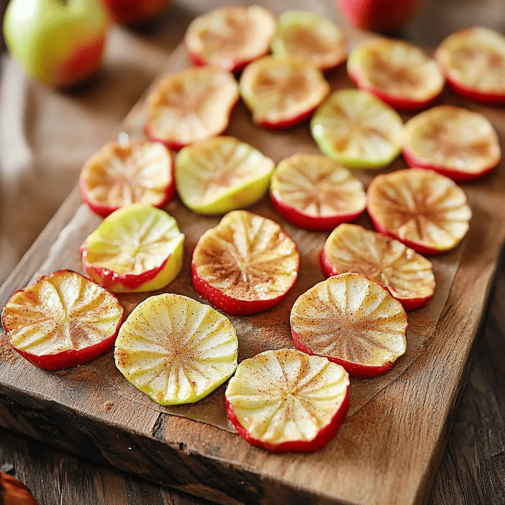- 2 large apples (Fuji or Honeycrisp recommended) - 1 tablespoon cinnamon - 1 tablespoon sugar or alternative sweetener - 1 teaspoon lemon juice - A pinch of salt - Different apple varieties for flavor variations - Additional spices (nutmeg, allspice) for enhanced taste - Delicious toppings (dark chocolate drizzles, caramel) For the best baked cinnamon apple chips, I always choose Fuji or Honeycrisp apples. They have the right balance of sweetness and tartness. The cinnamon adds warmth, while the sugar gives a slight sweetness. Lemon juice helps keep the apples bright. When I want to change things up, I try different apple types. You can use Granny Smith for a tart kick or Gala for a sweeter bite. Adding spices like nutmeg or allspice really enhances the flavor. If you’re feeling adventurous, try drizzling dark chocolate or caramel on top. It makes for a fun treat! For the full recipe, check the detailed instructions above. Enjoy making these tasty snacks! First, preheat your oven to 210°F (100°C). This low heat helps the apples dry out. Next, line two baking sheets with parchment paper. This prevents sticking and makes cleanup easy. Now, wash your apples thoroughly. I like to use Fuji or Honeycrisp for their sweet taste. After washing, dry them well with a towel. This step is key for getting crispy chips. Using a mandoline slicer or a sharp knife, slice the apples into thin circles. Aim for about 1/8 inch thick. Thin slices are crucial for crispiness. Don’t forget to remove the seeds and core from each slice. Next, grab a large bowl and mix together the lemon juice, sugar, cinnamon, and a pinch of salt. The lemon juice adds flavor and helps the spices stick. Toss the apple slices in this mixture gently. Make sure each slice gets a nice coating. Now it’s time to arrange the apple slices on your baking sheets. Lay them in a single layer without overlapping. This helps them bake evenly. Place the sheets in the oven and set a timer for 1.5 to 2 hours. Halfway through, flip the slices over for even crisping. Keep a close eye on them toward the end. You want them dry and crisp, not burnt. Once done, let the chips cool on the sheets for at least 10 minutes. After cooling, enjoy your crispy apple chips or store them in an airtight container for later munching. For the full recipe, check the earlier section! To get that perfect crispiness, you need to slice the apples thin. Aim for about 1/8 inch thick. Thin slices let the heat reach every part of the apple. This helps them dry out well. Also, watch your baking time closely. Baking too long can burn them, and baking too short leaves them chewy. Don’t be afraid to play with flavors! You can add nutmeg or even ginger for a warm kick. If you want a sweet twist, try honey or maple syrup instead of sugar. Serve your chips with yogurt or nut butter for a tasty dip. You can even sprinkle them on salads for a fun crunch. One big mistake is overlapping the apple slices. This can cause uneven drying, making some chips soggy. Choose the right apples, too. Fuji and Honeycrisp are top picks for their sweetness and crunch. They hold up well in the oven, giving you the best flavor and texture. For the full recipe, check out the detailed steps provided. {{image_2}} You can change the flavor of your baked cinnamon apple chips with ease. Try using pumpkin spice or chai spices for a warm twist. These spice blends add depth and a bit of fun. You can also add citrus zest, like lemon or orange, for a bright note. Berry zests, like raspberry, also work well. Mix and match until you find your favorite flavor. You don’t have to stick with regular sugar for sweetness. Natural sweeteners like honey or maple syrup can enhance the taste. If you want a sugar-free option, try using stevia or erythritol. These alternatives work well and keep the chips tasty. Each sweetener brings a unique flavor, so feel free to experiment. Baked cinnamon apple chips are great on their own, but they shine when paired with dips. Try yogurt or nut butter for a creamy contrast. You can also sprinkle them over granola or use them in desserts. They add crunch and a touch of sweetness. Think about mixing them into your favorite recipes for an exciting twist. For the full recipe, check out the details above. To keep your baked cinnamon apple chips fresh, store them in an airtight container. This helps maintain their crunch. A glass jar or a plastic container works well. Avoid using paper bags, as they let air in and can make the chips soft. Homemade apple chips usually last about a week if stored properly. Store-bought versions may last longer due to preservatives. Check for signs of spoilage, like a soft texture or strange smell. If they feel chewy, toss them out. If your apple chips lose their crunch, you can bring them back to life. Preheat your oven to 200°F (93°C). Spread the chips on a baking sheet and leave them for about 5-10 minutes. Keep an eye on them to avoid burning. This method works well for refreshing older apple chips. Enjoy them crispy again! To make baked cinnamon apple chips crispy, use a sharp knife or mandoline to slice apples very thin, about 1/8 inch thick. Thinner slices create more surface area for crispness. Preheat your oven to 210°F (100°C). Bake for 1.5 to 2 hours. Flip the slices halfway to ensure even baking. Keep an eye on them towards the end to avoid burning. Yes, you can use other fruits to make chips! Some great options include bananas, pears, and sweet potatoes. Slice them thin and follow the same baking method. Each fruit will bring its own unique flavor and texture. Baked cinnamon apple chips can last up to two weeks when stored properly. Keep them in an airtight container at room temperature. Make sure they are fully cooled before sealing. If they lose crispness, you can reheat them in the oven to refresh. Cinnamon apple chips are a smart snack choice. Apples are high in fiber and vitamin C. Cinnamon may help regulate blood sugar and has anti-inflammatory properties. Together, they create a tasty, nutritious snack that satisfies your sweet cravings without added junk. Absolutely! You can skip the sugar entirely. Just use the lemon juice and cinnamon to coat your apple slices. You might also try a natural sweetener like stevia if you'd like a hint of sweetness without sugar. Baked cinnamon apple chips are simple and rewarding to make. With just a few ingredients, you can create a tasty snack. Choose your apples, slice them thin, and bake them until crispy. Remember to monitor your baking closely for the best results. Experiment with flavors and toppings to suit your taste. Store your chips for later enjoyment, ensuring they stay fresh. Enjoy your delicious, homemade apple chips whenever you crave a tasty treat!