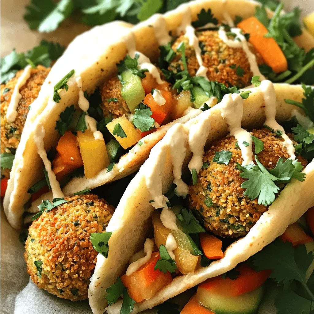 - 1 cup dried chickpeas, soaked overnight - 1 small onion, roughly chopped - 2 cloves garlic, minced - 1/4 cup fresh parsley, chopped - 1/4 cup fresh cilantro, chopped - 1 teaspoon ground cumin - 1 teaspoon ground coriander - 1/2 teaspoon baking powder - 1/4 teaspoon cayenne pepper (optional) - Salt and pepper to taste - 3 tablespoons olive oil (plus extra for baking) - 1/2 cup breadcrumbs (preferably whole wheat) Now, let’s talk about the ingredients. You need dried chickpeas. Soak them overnight to soften. This makes them easier to blend. Next, chop a small onion and mince two garlic cloves. These add a lot of flavor. Then, chop fresh parsley and cilantro. These herbs give the falafel a bright taste. For spices, you will need ground cumin and ground coriander. These warm spices create a lovely base flavor. Baking powder helps the falafel rise and stay fluffy. If you like heat, add cayenne pepper. Adjust salt and pepper to your taste. To bind everything, use olive oil and whole wheat breadcrumbs. The oil adds richness, while breadcrumbs help hold the mixture together. With this list, you can create a crispy, flavorful falafel. Check out the full recipe to see how to bring these ingredients together. - Preheat your oven to 400°F (200°C) and line a baking sheet with parchment paper. - Drain and rinse the soaked chickpeas, then transfer them to a food processor. - Add onion, garlic, parsley, cilantro, spices, and salt to the food processor. - Pulse until finely ground, maintaining some texture — avoid turning it into a paste. - Mix olive oil and breadcrumbs into the falafel mixture. - Shape into small balls or patties and arrange them on the baking sheet. - Lightly drizzle or brush tops with olive oil and bake for 20-25 minutes. This process allows you to create crispy baked falafel that is full of flavor. Enjoy making these at home! For a detailed recipe, check the Full Recipe. - Use dry chickpeas instead of canned for better texture. - Ensure falafel aren’t overcrowded on the baking sheet. To get that perfect crunch, start with dry chickpeas. Soak them overnight. This makes them plump and ready to blend. Canned chickpeas can make your falafel mushy. Next, when you place your falafel balls on the baking sheet, give them space. Crowding can lead to steaming instead of crisping. - Add spices like paprika or nutmeg for different flavor profiles. - Incorporate other herbs like dill or mint for a fresh taste. Spices can change your falafel game. A sprinkle of paprika gives warmth. Nutmeg adds a hint of sweetness. Fresh herbs like dill or mint bring brightness to every bite. Experiment with these flavors to find your favorite mix. - Flip the falafel halfway through for even crispiness. - Consider broiling for the last 2-3 minutes for added browning. When baking, flip your falafel halfway. This helps them brown evenly. For an extra crispy finish, turn on the broiler for the last few minutes. Just watch closely to avoid burning. This technique gives your falafel that golden look and delightful crunch. {{image_2}} If you need a gluten-free option, swap breadcrumbs with gluten-free alternatives like almond flour or crushed rice crackers. This change keeps the falafel crispy while catering to your dietary needs. For a vegan option, check that all added ingredients are certified vegan, including any sauces you choose to pair with your falafel. You can easily change the flavor of your falafel. For a Mediterranean style, mix in chopped olives and sundried tomatoes. This twist adds a burst of flavor and makes your falafel more exciting. If you like heat, create a spicy version by adding more cayenne pepper or some chopped jalapenos. This will give your falafel a nice kick that spice lovers will enjoy. How you serve your falafel can change the whole meal. You can stuff it in warm pita bread, add it to salads, or even include it in a mezze platter with other tasty bites. Pair your falafel with sauces like tzatziki for a cooling contrast or try a tahini sauce for a nutty flavor. The options are endless, and each serving style adds its own twist to this delicious dish. For the full recipe, check the link provided. You can store any leftover falafel in an airtight container. Keep it in the fridge for up to 3 days. If you want to keep it longer, freeze the baked falafel. It stays good for up to 3 months. When you're ready to eat, just reheat it. To make your falafel crispy again, use the oven. Heat it at 350°F (175°C) for about 10 minutes. This way, it will regain its crunch. Be careful with the microwave. It might make the falafel soft and chewy. You can add leftover falafel to many dishes. Toss them in salads, wraps, or grain bowls for a tasty meal. Crumble falafel over pizza for extra protein. You can even mix it into sauces for a flavor boost. For a full recipe, check out the Crispy Baked Falafel recipe above! To make falafel crispy, start with dry chickpeas, not canned. Soak them overnight. This gives falafel a great texture. When you blend the mixture, do not over-process it. Keep some texture for crunch. Also, use a good amount of olive oil when baking. Finally, flip them halfway through baking for even crispiness. Yes, you can make falafel in advance. Prepare the mixture and form the balls. Then, store them in the fridge for up to two days. You can also freeze them for longer storage. Just bake them straight from the freezer, adding a few extra minutes to the cooking time. Baked falafel pairs well with many sides. Here are some great options: - Pita bread - Hummus - Tahini sauce - Fresh veggies like cucumbers and tomatoes - A crunchy salad These items add flavor and texture to your meal. Yes, baked falafel is healthier than fried. Baking uses less oil, making it lower in calories. Fried falafel absorbs more oil, adding extra fat. Baked falafel still has great flavor and a nice crunch. It’s a tasty option for health-conscious eaters. You can use canned chickpeas, but the texture may change. Canned chickpeas are softer, so reduce the liquids in your recipe. Drain and rinse them well before blending. You may need to add more breadcrumbs to help the mixture hold together. Leftover baked falafel can last in the fridge for three days. Store them in an airtight container to keep them fresh. For longer storage, freeze them for up to three months. Reheat in the oven to regain their crispiness. Making baked falafel is simple and enjoyable. We covered ingredients like chickpeas, herbs, and spices. You learned how to blend and shape your falafel, then bake them for the perfect texture. With tips for crispiness and flavor variations, your options are endless. Don't forget how to store leftovers and use them in new dishes. Enjoy creating delicious meals that are both healthy and satisfying. It’s time to make your own tasty falafel!