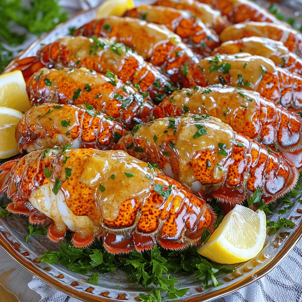 - 4 lobster tails - 1/2 cup unsalted butter - 6 cloves garlic, minced - 1 tablespoon fresh lemon juice - 1 tablespoon fresh parsley, chopped - 1/2 teaspoon paprika - Salt and pepper to taste - Lemon wedges for serving You can swap unsalted butter with olive oil or ghee. These options work well, too. Fresh herbs are usually best, but dried herbs can work if that's all you have. For seasoning, use lemon zest instead of lemon juice for a twist. You can also try smoked paprika to add depth to the flavor. To pick fresh lobster tails, look for a firm shell and a slight sheen. The meat should feel firm when pressed. Avoid tails with a strong fishy smell. Different types of lobster tails include Maine and Caribbean. Each has unique flavors, so choose based on what you like best. Cutting the shell First, grab your kitchen scissors. Carefully cut the top shell of each lobster tail lengthwise down the middle. Stop cutting just before the tail end. This helps keep the tail intact. Pulling out the flesh Next, gently pull the lobster meat out a bit. You want it to sit on top of the shell. This makes it look fancy and helps it cook evenly. Melting the butter Now, take a small saucepan. Over low heat, melt the unsalted butter. Stir it gently so it does not burn. Adding garlic and spices Once the butter melts, add the minced garlic. Sauté it for about one minute until it smells great. Remove it from heat and stir in lemon juice, parsley, paprika, salt, and pepper. This mix is the key to flavorful lobster tails. Preheating the oven Before you bake, preheat your oven to 425°F (220°C). This step is important for even cooking. Basting techniques Place the lobster tails on a baking dish. Brush the garlic butter mixture over the lobster meat. Make sure you coat it well. Bake for 12-15 minutes. Halfway through, baste the tails again with the garlic butter. This keeps the lobster juicy and adds extra taste. For the full recipe, refer to the earlier sections. Enjoy your delicious garlic butter lobster tails! When you cook lobster tails, you can choose between baking or grilling. Baking is simple and gives great flavor. Grilling adds a smoky touch. Both methods work well, but baking is often easier. To check if your lobster tails are done, look for the meat color. It should turn from translucent to opaque. The flesh should be firm and easily flake with a fork. Cooking lobster tails too long makes them tough. Keep an eye on the time for the best results. To make your garlic butter lobster tails even tastier, try adding fresh herbs like thyme or dill. These give a nice twist to the flavor. You can also sprinkle in some red pepper flakes for heat. Infusing flavors is fun, too. Try adding a splash of white wine to the garlic butter. This gives a rich, deep flavor that works well with the lobster. Experimenting with flavors can lead to delicious surprises. Plating the lobster tails beautifully makes a big difference. Lay them out on a large platter, leaving space between each tail. This gives a nice look. For garnishing, sprinkle fresh parsley on top for color. Add lemon wedges on the side for a pop of brightness. Drizzling extra garlic butter over the lobster before serving makes it shine. Your guests will love the sight and the taste! For the complete recipe and more details, check the Full Recipe. {{image_2}} You can cook garlic butter lobster tails in several tasty ways. - Grilled Garlic Butter Lobster Tails: Grilling gives a smoky flavor. Start by preheating your grill. Brush the lobster tails with garlic butter. Then, place them on the grill. Cook for about 6-8 minutes, turning halfway through. The meat should be opaque when done. - Lobster Tails in Garlic Cream Sauce: For a rich twist, make a garlic cream sauce. Melt butter in a pan and add minced garlic. Stir in heavy cream and a pinch of salt. Let it simmer until thick. Pour this sauce over the baked lobster tails for a creamy delight. You can play with flavors to make your dish unique. - Adding cheese or breadcrumbs: Sprinkle shredded cheese or breadcrumbs on top before baking. This creates a crunchy topping. Parmesan or mozzarella work well for great flavor. - Spicy garlic butter options: Want some heat? Mix in red pepper flakes with the garlic butter. This adds a spicy kick to your lobster. Adjust the amount based on your spice level. Pair your lobster tails with delicious sides for a full meal. - Pairing with sides: Serve with garlic bread or a fresh salad. Roasted vegetables also complement the dish nicely. Think green beans or asparagus for a colorful plate. - Wine recommendations: A crisp white wine goes well with lobster. Look for Sauvignon Blanc or Chardonnay. These wines enhance the flavors of the dish and make it extra special. For the complete dish, check out the Full Recipe. To keep your garlic butter lobster tails fresh, store them in the fridge. Place them in an airtight container. This method helps to lock in flavor and moisture. You can keep them for up to three days. After that, the quality may drop. When you're ready to enjoy leftovers, reheat them gently. The best way is to use the oven. Preheat your oven to 350°F (175°C). Place the lobster tails in a baking dish and cover with foil. Heat for about 10 minutes. This method prevents the lobster from drying out. You can also use a microwave, but be careful. Heat them in short bursts to avoid toughening the meat. If you want to store lobster tails longer, freezing is a good option. Start by wrapping each tail tightly in plastic wrap. Then, place them in a freezer bag. Remove as much air as possible. This way, they can last for up to three months. When you're ready to cook, thaw them in the fridge overnight. This method ensures they defrost evenly and remain tasty. Bake garlic butter lobster tails for 12 to 15 minutes at 425°F (220°C). This time ensures the meat turns opaque and fully cooked. Always check the lobster meat for doneness. It should be firm and not rubbery. Basting with garlic butter halfway through adds flavor and keeps it moist. Yes, you can use frozen lobster tails. Thaw them in the fridge overnight for best results. If you're short on time, place the sealed tails in cold water for about an hour. This method helps retain their texture and flavor. Never thaw lobster tails in hot water, as this can make them tough. Several side dishes complement garlic butter lobster tails nicely. Here are a few ideas: - Garlic mashed potatoes - Steamed asparagus - Rice pilaf - Fresh garden salad - Grilled corn on the cob These sides balance the rich flavor of the lobster while adding freshness. Butter is not the only sauce option for lobster tails. You can try different sauces to mix things up. Here are a few ideas: - Lemon herb sauce - Spicy garlic sauce - Creamy alfredo sauce - Soy ginger glaze These options allow you to customize flavors to your taste. In this post, we explored how to make delicious garlic butter lobster tails. I shared ingredients, including easy substitutions, and tips for selecting fresh lobster. We covered step-by-step instructions for preparation and baking, ensuring perfect results. You learned about cooking variations and how to store or reheat leftovers. Lobster tails can impress at any meal. With these tips, you can cook like a pro. Enjoy your culinary adventure with lobster, and don't hesitate to experiment with flavors!