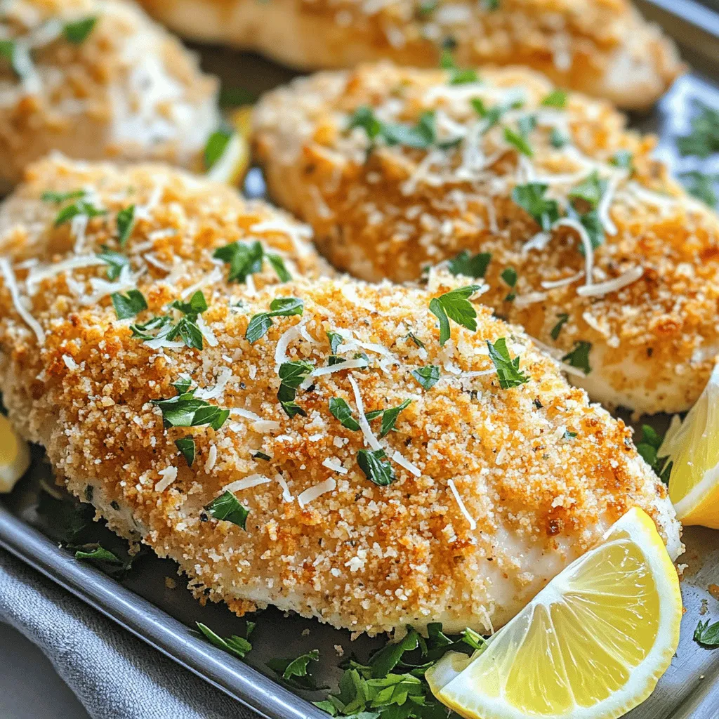 To make Baked Garlic Parmesan Chicken, gather these ingredients: - 4 boneless skinless chicken breasts - 1 cup grated Parmesan cheese - 1/2 cup breadcrumbs (Panko preferred for extra crunch) - 4 cloves garlic, minced - 1/4 cup olive oil - 1 tablespoon dried Italian herbs (or a mix of basil, oregano, and thyme) - Salt and pepper to taste - Fresh parsley, chopped (for garnish) You can easily swap ingredients to match your taste or what you have: - Use chicken thighs instead of breasts for more flavor and juiciness. - Try different cheeses like mozzarella or cheddar if you want a change. - Use gluten-free breadcrumbs if you need a gluten-free option. - Olive oil can be replaced with melted butter for a richer taste. - Fresh garlic works too; just use about one clove per teaspoon of minced. This dish is not only tasty but also offers good nutrition. Each serving has roughly: - Calories: 350 - Protein: 35g - Fat: 20g - Carbohydrates: 6g - Fiber: 1g - Sodium: 600mg This meal provides a great source of protein and healthy fats, making it a hearty choice. Enjoy your meal with a side of veggies for extra nutrition! Start by preheating your oven to 400°F (200°C). This heat is perfect for cooking the chicken evenly. While the oven warms, prepare your baking dish. You can line it with parchment paper or lightly grease it with cooking spray. This step helps prevent the chicken from sticking. Next, take the boneless, skinless chicken breasts and pat them dry with paper towels. Drying the chicken helps the coating stick better. Trim any extra fat to make it neat. Now, set the chicken aside as you mix the coating. In a mixing bowl, combine 1 cup of grated Parmesan cheese, 1/2 cup of breadcrumbs, 4 minced garlic cloves, and 1 tablespoon of dried Italian herbs. Make sure to add salt and pepper to taste. Mix these ingredients well. You want a nice, even blend. In another bowl, whisk together 1/4 cup of olive oil with a pinch of salt and pepper. This oil mixture will help the coating stick to the chicken. Take each chicken breast and dip it into the olive oil mixture first. Make sure it is well-coated. Then, dredge the chicken in the breadcrumb and Parmesan mixture. Press gently to ensure the coating sticks well. Place the coated chicken breasts in the prepared baking dish. Leave some space between each piece. This space helps the chicken cook evenly. Now, it's time to bake! Place the dish in your preheated oven. Bake for 25 to 30 minutes. Check that the chicken is cooked through and the coating is golden brown and crispy. The ideal internal temperature is 165°F (75°C). Once done, take the chicken out of the oven. Let it rest for about 5 minutes. This helps keep it juicy. Before serving, garnish the chicken with fresh chopped parsley for a pop of color. Enjoy your tasty Baked Garlic Parmesan Chicken! For the complete process, check the Full Recipe. To get a crispy coating, start with dry chicken. Pat your chicken breasts with a paper towel. This helps the coating stick better. Use Panko breadcrumbs for extra crunch. They are light and airy, giving a great texture. Make sure to press the coating onto the chicken firmly. This step ensures it sticks during baking. Also, don’t crowd the chicken in the baking dish. Space allows hot air to circulate, making the coating crispier. To check if your chicken is done, use a meat thermometer. Insert it into the thickest part of the chicken. The internal temperature should reach 165°F (75°C). If you don't have a thermometer, look for clear juices. Cut into the thickest part and check for any pink. If it’s fully cooked, the meat should be white and the juices clear. Let the chicken rest for five minutes to keep it juicy. Serve your Baked Garlic Parmesan Chicken on a large platter. Garnish it with fresh parsley and lemon wedges. The lemon adds a bright flavor that pairs well with the chicken. Great side dishes include a simple salad or roasted veggies. You can also serve it with pasta or rice for a complete meal. Try pairing it with a light white wine for a special touch. For more ideas, check the Full Recipe for Baked Garlic Parmesan Chicken. {{image_2}} You can boost flavor by adding other herbs and spices. Try adding smoked paprika for a hint of smokiness. Fresh herbs, like thyme or rosemary, work well too. If you like heat, add red pepper flakes to the coating. Experiment with garlic powder or onion powder for extra depth. Mixing these flavors can lead to a new favorite twist. If you need a gluten-free option, you can easily swap out the breadcrumbs. Use crushed gluten-free crackers or almond flour instead. Both options provide a great crunch without gluten. You can also make your own breadcrumbs from gluten-free bread. Just toast it and crush it into fine crumbs. These alternatives do not sacrifice taste or texture. Pair your baked chicken with sides that complement its rich flavor. Roasted vegetables, like broccoli or carrots, add color and nutrition. You could also serve it with a fresh salad for a light touch. For a heartier meal, mashed potatoes or rice work well too. Each side adds a different flair, making your meal special. Check out the Full Recipe for more ideas! After you enjoy your Baked Garlic Parmesan Chicken, let any leftovers cool down. Place the chicken in an airtight container. This keeps it fresh for up to three days in the fridge. Make sure to separate pieces to avoid sogginess. If you want to keep it longer, consider freezing it. To reheat, avoid the microwave if possible. Microwaving can make the chicken tough. Instead, preheat your oven to 350°F (175°C). Place the chicken on a baking sheet and cover it lightly with foil. Heat for about 15-20 minutes. This keeps the coating crispy and the chicken juicy. For longer storage, freeze your leftovers. Wrap each piece tightly in plastic wrap. Then, place them in a freezer bag. Label the bag with the date. You can store it this way for up to three months. When ready to eat, thaw it in the fridge overnight. Reheat as mentioned above for the best taste. Bake chicken at 400°F for 25-30 minutes. The chicken needs to reach 165°F inside. This keeps it juicy and safe to eat. If you want a crispy topping, check near the end of the time. The coating should be golden brown. Yes, you can make this dish ahead. Prepare the chicken and coat it. Then, cover it and store it in the fridge. It can sit for up to 24 hours. When you’re ready, bake it straight from the fridge. Just keep an eye on the baking time. Baked Garlic Parmesan Chicken pairs well with many sides. Here are a few great options: - Steamed broccoli - Garlic mashed potatoes - Caesar salad - Roasted vegetables - Rice pilaf These sides add flavor and color to your meal. You can find the full recipe above. It has all the details you need to make this tasty dish. Enjoy the rich garlic and cheesy flavor in every bite! Baked Garlic Parmesan Chicken is simple and tasty. We discussed the ingredients, instructions, and tips to ensure success. You can customize it with herbs or different sides to fit your taste. Store leftovers properly for later enjoyment. The FAQs section answered common questions to clear any doubts. You can easily make this dish tasty and satisfying for any meal. Enjoy cooking and eating your delicious creation!