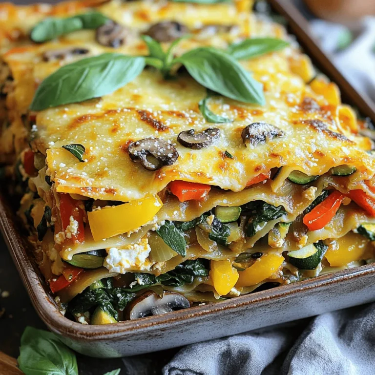 For this delightful dish, you'll need the following: - 9 lasagna noodles - 2 cups ricotta cheese - 2 cups shredded mozzarella cheese - 1 cup grated Parmesan cheese - 2 cups spinach, fresh or frozen (thawed and drained) - 1 medium zucchini, thinly sliced - 1 medium bell pepper (red or yellow), diced - 1 cup mushrooms, sliced - 2 cups marinara sauce - 2 cloves garlic, minced - 1 tablespoon olive oil - 1 teaspoon dried oregano - 1 teaspoon dried basil - Salt and pepper to taste - Fresh basil for garnish (optional) Each ingredient plays an important role in the flavor and texture of the lasagna: - Lasagna noodles: These serve as the base and structure. - Ricotta cheese: This adds creaminess and richness to the layers. - Mozzarella cheese: It melts beautifully and gives a gooey texture. - Parmesan cheese: This brings a sharp flavor and a nice golden crust. - Spinach: This adds color and nutrients, making the dish healthier. - Zucchini and bell pepper: These veggies add crunch and sweetness. - Mushrooms: They provide an earthy flavor and umami. - Marinara sauce: This binds everything together and adds moisture. - Garlic: This boosts flavor with its strong aroma. - Olive oil: It helps to sauté vegetables and adds healthy fats. - Dried herbs: Oregano and basil enhance the overall taste. - Salt and pepper: These season the dish, bringing out all the flavors. You can easily customize this lasagna to fit your needs: - Noodles: Use gluten-free lasagna noodles for a gluten-free option. - Cheese: Try vegan cheese for a dairy-free version. - Vegetables: Substitute with any of your favorite veggies, like eggplant or broccoli. - Marinara sauce: Swap it with pesto for a different flavor profile. - Herbs: Fresh herbs can replace dried ones for a brighter taste. This Easy Veggie Lasagna recipe is simple to make and full of flavor. You can find the full recipe [here]. First, boil water in a large pot. Add salt to the water. Cook the lasagna noodles as per the package guide. You want them to be al dente. This means they should still have a slight bite. Once cooked, drain the noodles and rinse them with cold water. This stops the cooking process and keeps them from sticking. In a big skillet, pour in some olive oil and heat it over medium heat. Add minced garlic, diced bell pepper, and sliced mushrooms. Cook these for about five minutes. Stir until they soften. Next, toss in the spinach and zucchini. Cook for three to four more minutes. Season this mix with oregano, basil, salt, and pepper. Once done, remove it from heat and let it cool a bit. Grab a large mixing bowl. Combine ricotta cheese, half of the mozzarella, and half of the Parmesan. Mix well until smooth. Next, grease a 9x13 inch baking dish lightly with olive oil. Start with a thin layer of marinara sauce at the bottom. Place three lasagna noodles over this sauce. Spread half of your ricotta mix on the noodles. Then add half of the sautéed veggies and a layer of marinara sauce. Repeat this process: three noodles, the rest of the ricotta, remaining veggies, and more sauce. Finally, top with the last three noodles and cover them with the remaining marinara sauce. Sprinkle the rest of the mozzarella and Parmesan on top. Cover your dish with aluminum foil. Bake it in a preheated oven at 375°F (190°C) for 25 minutes. After that, remove the foil. Bake for another 15 minutes. You want the cheese to be golden and bubbly. Once baked, let the lasagna sit for about ten minutes before slicing. This makes serving easier. Enjoy your delicious veggie lasagna! You can find the Full Recipe above for more details. To get the best texture in your lasagna, cook your noodles just right. They should be al dente, which means they are firm to the bite. This helps them hold up when layered. If you overcook them, they can turn mushy. Also, let your vegetable mixture cool before adding it to the layers. This keeps the cheese creamy and prevents the noodles from getting soggy. One common mistake is not seasoning your veggies. A pinch of salt and pepper brings out their flavors. Another mistake is skipping the resting time after baking. Letting the lasagna sit for about 10 minutes helps it set. If you slice it too soon, it may fall apart. Lastly, make sure to cover your lasagna while it bakes. This helps the cheese melt evenly and keeps it moist. You can easily make this lasagna ahead of time. Prepare it, but don’t bake it right away. Cover it tightly with plastic wrap and foil. It can stay in the fridge for 1-2 days or in the freezer for up to 3 months. When you’re ready to bake, let it thaw overnight in the fridge. Then, bake it as directed in the Full Recipe. This way, you’ll have a delicious meal ready to go! {{image_2}} You can mix up your easy veggie lasagna by adding other veggies. Think about using veggies like carrots, eggplant, or broccoli. Each of these brings a new flavor and texture. For a crunch, try adding some bell peppers or even corn. You can also use seasonal vegetables for a fresh twist. If you want a vegan or dairy-free option, simply swap out the cheeses. Use cashew cheese or store-bought vegan cheese instead. You can also replace the ricotta with blended tofu for a creamy texture. Make sure to check the marinara sauce for any hidden dairy ingredients. This way, you can enjoy a tasty dish without any animal products. You can play with sauces too. Try pesto for a different flavor or a creamy Alfredo sauce. Each sauce gives the lasagna its own unique taste. When it comes to cheese, you can mix it up as well. Use gouda or feta for a fun twist. Mixing cheeses can enhance the flavor and make your dish stand out. For the full recipe, check the details above. After enjoying your easy veggie lasagna, store leftovers in an airtight container. Let it cool first. You can keep lasagna in the fridge for up to five days. If you want to store it longer, consider freezing. To reheat, preheat your oven to 350°F (175°C). Place the lasagna in a baking dish. Cover it with foil to keep it moist. Bake for about 20-25 minutes. Check if it’s heated through before serving. You can also microwave individual portions. Just heat for 2-3 minutes on high. Freezing is a great option for easy veggie lasagna. To freeze, wrap the lasagna tightly in plastic wrap. Then, cover it with foil to prevent freezer burn. It can stay in the freezer for up to three months. When you’re ready to eat, thaw it overnight in the fridge. Bake it at 350°F (175°C) for about 45-60 minutes. Enjoy that homemade taste again! For the complete recipe, check the Full Recipe. Easy veggie lasagna takes about 1 hour to cook. This includes 25 minutes of covered baking and 15 minutes uncovered. You also need about 20 minutes for prep. Yes, you can add meat! Ground beef, turkey, or sausage work well. Just cook the meat before mixing it with the veggies. This will add flavor and protein to your lasagna. Start with a layer of marinara sauce. Then, place three lasagna noodles. Spread half of the ricotta mixture next, followed by half of the sautéed veggies. Repeat this, then top with noodles, sauce, and cheese. This method keeps the layers even. Your lasagna is done when the cheese is golden and bubbly. You can also check the center with a knife. If it is hot and the layers are set, it's ready! Veggie lasagna pairs well with a fresh salad. Garlic bread is another great choice. You can also serve it with roasted vegetables for a complete meal. For more ideas, check the Full Recipe. Easy veggie lasagna is a simple and tasty dish. We covered its ingredients, cooking steps, and helpful tips. You learned about veggie options and how to store leftovers. Remember to avoid common mistakes while cooking. This recipe is great for anyone wanting a healthy meal. Now you can enjoy a delicious dish that fits your needs. I hope you try making this easy veggie lasagna soon!