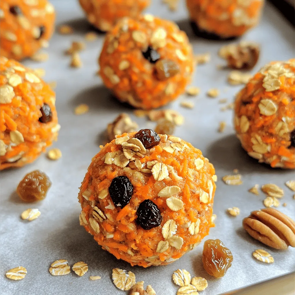 Energy balls are simple to make and need just a few key ingredients. Here’s what you will need: - 1 cup rolled oats - 1 cup grated carrots - 1/2 cup almond butter (or any nut butter of choice) - 1/4 cup maple syrup - 1/2 teaspoon vanilla extract - 1/2 teaspoon ground cinnamon - 1/4 teaspoon ground nutmeg - 1/4 cup raisins or dried cranberries, chopped - 1/4 cup chopped walnuts or pecans - Pinch of salt These ingredients work together to create a healthy snack. The rolled oats provide fiber and energy. Grated carrots add natural sweetness and vitamins. Almond butter gives protein and healthy fats. Maple syrup adds a lovely touch of sweetness. Cinnamon and nutmeg bring warmth and spice. The raisins or cranberries add chewiness, while the nuts give a nice crunch. You can mix and match these ingredients based on your taste. For the full recipe, check out the detailed instructions. Enjoy making these tasty treats! - Step 1: Combine dry ingredients First, I take a large bowl. I add 1 cup of rolled oats, 1 cup of grated carrots, and 1/4 cup of chopped nuts. I mix these dry ingredients well. - Step 2: Mix wet ingredients In another bowl, I add 1/2 cup of almond butter, 1/4 cup of maple syrup, and 1/2 teaspoon of vanilla extract. Then, I sprinkle in 1/2 teaspoon of ground cinnamon, 1/4 teaspoon of ground nutmeg, and a pinch of salt. I stir this until it’s smooth. - Step 3: Combine mixtures Next, I pour the wet mixture into the bowl with the dry ingredients. I mix them together until everything is well combined. I want to ensure the oats are coated nicely. - Step 4: Shape into balls Now comes the fun part! I use my hands to shape the mixture into small balls, about 1 inch in diameter. If the mixture sticks, I slightly wet my hands with water. - Step 5: Refrigerate Lastly, I place the energy balls on a baking sheet lined with parchment paper. I put them in the fridge for at least 30 minutes to firm up. This helps them hold their shape better. You can find the full recipe by following the steps above. Enjoy these tasty and nutritious treats as a quick snack! - Use fresh ingredients for optimal flavor Fresh carrots and nuts enhance the taste. They add crunch and sweetness you crave. - Experiment with different nut butters Almond butter works great, but try peanut or cashew butter. Each nut butter changes the flavor. - Adjust sweetness to taste If you like it sweeter, add more maple syrup. You can also use honey or agave. - Overmixing the ingredients Stir just enough to combine. Overmixing makes the mixture tough. - Not refrigerating long enough Chill the balls for at least 30 minutes. This helps them hold their shape. - Failing to coat hands with water to prevent sticking Wet your hands before rolling the mix. This small step makes shaping easier. {{image_2}} You can make carrot cake energy balls even more fun! Here are some ideas to switch things up: - Add-ins: Try mixing in chocolate chips or shredded coconut. Both give a nice texture and flavor. - Nut butter substitutions: If you don’t have almond butter, use peanut butter, sunflower seed butter, or even tahini. Each will add a unique taste! - Spice adjustments: Want a bolder flavor? Increase the cinnamon or nutmeg. You can also add ginger or allspice for a warm kick. Making these energy balls fit your diet is easy! Here are some tips: - Nut-free options: To make the recipe nut-free, simply replace the nut butter with sunflower seed butter. This keeps the taste great without nuts. - Vegan alternatives: To make it vegan, ensure you use maple syrup instead of honey. All the ingredients fit a vegan diet. With these variations, you can create the perfect carrot cake energy balls for your taste! For the full recipe, check out the details provided earlier. To keep your carrot cake energy balls fresh, store them in an airtight container. This helps lock in moisture and flavor. You can keep them in the fridge for up to one week. If you find you have extras, that's a great sign! Freezing is a smart way to extend their life. To freeze the energy balls, place them in a single layer on a baking sheet. Once they are frozen solid, transfer them to a freezer-safe bag. This way, you can enjoy them later without any hassle. When you're ready to eat them, simply take out the number you want. Let them thaw in the fridge for a few hours or at room temperature for about 30 minutes. Enjoy them as a quick snack or a healthy treat anytime! How long do carrot cake energy balls last? Carrot cake energy balls last about one week in the fridge. Store them in an airtight container. This keeps them fresh and tasty. Can I use gluten-free oats? Yes, you can use gluten-free oats. They work well in this recipe. Just make sure to check the label for certification. What are the health benefits of these energy balls? These energy balls are packed with nutrients. Carrots provide vitamins, while oats give you fiber. Almond butter adds healthy fats and protein, making them a great snack. How to make them nut-free? To make nut-free energy balls, use sunflower seed butter instead of almond butter. This substitution keeps the flavor and texture similar. Can I make these ahead of time for meal prep? Absolutely! These energy balls are perfect for meal prep. Make a batch and store them for quick snacks. Are carrot cake energy balls suitable for kids? Yes, kids love these energy balls! They are sweet and fun to eat. Plus, they are healthy for growing bodies. Can I substitute maple syrup with honey? Yes, honey works as a great substitute. It adds sweetness and flavor. Just use the same amount as the maple syrup. What’s the calorie count for each ball? Each energy ball has about 100 calories. This makes them a good snack option without too much guilt. In this article, I shared a simple recipe for carrot cake energy balls. We covered all the ingredients, steps, and helpful tips for success. I also suggested variations to suit your taste. Remember to use fresh ingredients for the best flavor. Avoid common mistakes like overmixing and not refrigerating long enough. These energy balls are great for snacks, meal prep, or quick energy boosts. Enjoy making them, and don’t hesitate to get creative with your flavors!