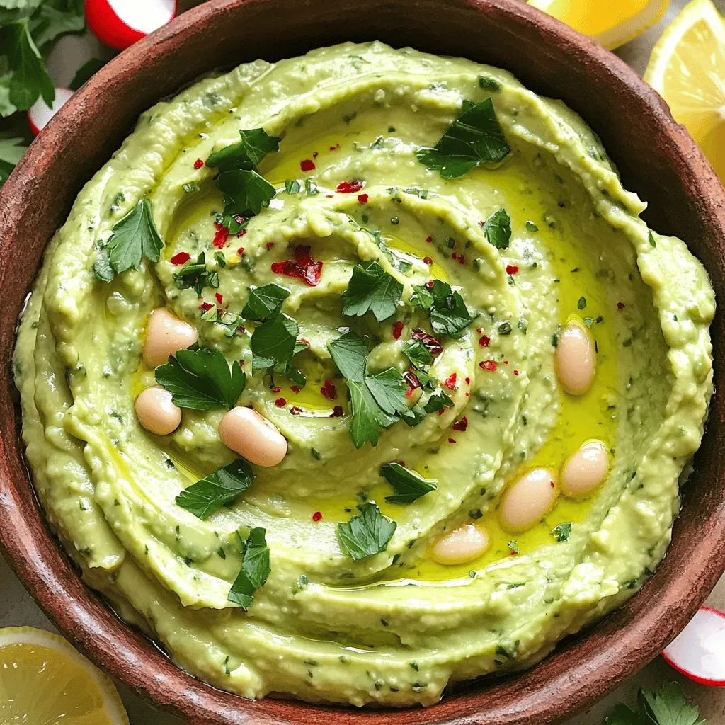 To make the creamy avocado and white bean dip, gather these simple ingredients: - 1 ripe avocado, peeled and pitted - 1 can (15 oz) white beans (cannellini or navy beans), drained and rinsed - 2 tablespoons tahini - 2 tablespoons fresh lemon juice - 2 cloves garlic, minced - 1 teaspoon ground cumin - 2 tablespoons olive oil - Seasoning (salt and black pepper to taste) - Optional garnishes: chopped fresh parsley, red pepper flakes, or sliced radishes Each of these ingredients brings a unique flavor and texture to the dip. The ripe avocado adds creaminess, while the white beans provide protein and smoothness. Tahini adds a nutty taste, and lemon juice gives it a fresh zing. Garlic and cumin bring depth, while olive oil helps achieve the perfect texture. You can also customize the dip with optional garnishes. Chopped parsley adds color, red pepper flakes give a kick, and radish slices add crunch. These small touches make serving the dip even more special. For the full recipe, check out the details in the previous section. To make the perfect creamy avocado and white bean dip, start with the avocado. Choose a ripe avocado for the best taste. To check if it's ripe, gently squeeze it. It should feel slightly soft, but not mushy. If it’s too firm, let it sit on the counter for a few days to ripen. Next, let's talk about the white beans. Use canned white beans for convenience. Before you use them, make sure to drain and rinse them well. This step removes excess salt and improves the taste of the dip. Pour the beans into a colander and rinse under cold water for a minute. Shake off the excess water before you add them to the food processor. Now, it’s time to combine the ingredients. In your food processor, start by adding the avocado. Next, add the drained white beans. Then, include the tahini, fresh lemon juice, minced garlic, and ground cumin. This order helps everything mix well. Remember, the lemon juice will help keep the avocado bright and green! For a smooth texture, blend everything together for about 30 seconds. Stop to scrape down the sides of the bowl. This ensures everything blends evenly. Once you have a creamy base, slowly drizzle in the olive oil while the processor runs. Blend for another 20 seconds until you reach your desired consistency. If it seems too thick, you can add a little more olive oil. Taste your dip, and don't forget to season it with salt and black pepper. Enjoy creating this simple and tasty dip! For the full recipe, check out the details above. To boost the taste of your creamy avocado and white bean dip, add spices and herbs. Consider trying smoked paprika for a warm flavor or fresh cilantro for brightness. You can also mix in a few drops of hot sauce for some heat. When seasoning, start with a pinch of salt and black pepper. Taste as you go to find the right balance for your palate. For a smooth and creamy dip, use olive oil wisely. Start with two tablespoons and blend until you reach your desired creaminess. If the dip is too thick, add a little more oil. Be careful not to over-blend, which can make the texture too runny. A common mistake is adding too much liquid at once. Remember, you can always add more, but it's hard to fix if you add too much. Serve your dip in a colorful bowl to catch the eye. For a fun twist, try using a hollowed-out avocado as a serving dish. Garnish with chopped fresh parsley for a pop of green or a sprinkle of red pepper flakes for a touch of spice. You can also add thin slices of radishes on top for crunch and color. These simple ideas make your dip look as good as it tastes and will impress your guests. {{image_2}} You can easily switch out white beans in this dip. Black beans add a rich flavor and a fun color. Chickpeas, also known as garbanzo beans, bring a nutty taste. These swaps keep the dip fresh and interesting. Each bean type has a unique texture and taste, so feel free to explore! To make your dip even tastier, try adding roasted red peppers. They give a smoky flavor that pairs well with avocado. If you like some heat, toss in jalapeños. They add spice and a nice contrast to the creamy dip. You can also mix in herbs like cilantro or basil for a fresh twist. Get creative and make it your own! This dip is naturally vegan and gluten-free, which is great for many diets. To keep it healthy, use low-sodium beans. If you want to reduce fat, cut back on olive oil. You can even skip the tahini and still enjoy a creamy texture. This dip is perfect for everyone, no matter their diet! For the full recipe, check out the complete guide. To keep your creamy avocado and white bean dip fresh, use an airtight container. Glass containers work well because they seal tightly and help avoid odors. If you don’t have one, a plastic container with a lid is also fine. Just make sure it closes well to keep air out. This dip lasts about three to five days in the fridge. The lemon juice helps slow browning, but the avocado can still darken. If you see browning, just stir it back in. It still tastes great! You do not need to reheat this dip. Serve it cold or at room temperature for the best taste. If it seems thick after storage, stir in a little olive oil or lemon juice to smooth it out. It’s great with veggies or chips straight from the fridge! For the full recipe, check out the main article. Yes, you can make this dip a day in advance. This gives the flavors more time to blend. Keep it in a sealed container in the fridge. To prep, blend the ingredients as you normally would. Serve it chilled for a refreshing treat. There are many fun options! Some great dippers include: - Fresh veggie sticks (carrots, celery, bell peppers) - Pita chips or tortilla chips - Crackers or bread slices - Sliced cucumbers - Toasted baguette rounds You can also use it as a spread on sandwiches or wraps. To keep your dip fresh, use lemon juice. The acid slows down browning. Store the dip in an airtight container. Press plastic wrap directly onto the surface before sealing. This helps keep air out, keeping it green and tasty. You now have a complete guide to making Creamy Avocado and White Bean Dip. We covered ingredients, prep steps, and tips for high flavor and smooth texture. You learned about variations and storage to keep your dip fresh. Experimenting with different beans and spices can really change the taste. Enjoy this dip with your favorite snacks or meals. It’s easy, tasty, and perfect for any occasion. Dive in and make your own version today!