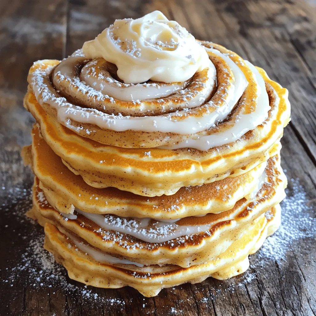 - 1 cup all-purpose flour - 2 tablespoons sugar - 2 teaspoons baking powder - 1/2 teaspoon salt - 1 cup milk - 1 large egg - 2 tablespoons melted butter - 1 teaspoon vanilla extract - 1/4 cup brown sugar - 1 tablespoon ground cinnamon - 1/4 cup cream cheese, softened - 1/2 cup powdered sugar - 1 tablespoon milk (for icing) These ingredients create a rich and flavorful pancake. Each item plays a key role. The flour forms the base, while baking powder gives rise. Sugar adds sweetness. The egg binds everything together. Cinnamon and brown sugar create that classic cinnamon roll flavor. - Gluten-free alternatives: Use a gluten-free flour blend. This keeps the texture light. - Dairy-free options: Swap regular milk for almond or oat milk. Choose dairy-free cream cheese for icing. - Sweetener substitutions: Use maple syrup or honey instead of sugar. This adds a unique flavor. Experimenting with these substitutes opens new flavor paths. You can customize to fit your needs. To make cinnamon roll pancakes, start by mixing your dry ingredients. In a large bowl, whisk together: - 1 cup all-purpose flour - 2 tablespoons sugar - 2 teaspoons baking powder - 1/2 teaspoon salt This step is key for fluffy pancakes. Next, combine your wet ingredients in a separate bowl. Mix: - 1 cup milk - 1 large egg - 2 tablespoons melted butter - 1 teaspoon vanilla extract Once this is smooth, pour the wet ingredients into the dry mix. Stir gently until just combined. You want a few lumps in the batter for great texture. Now, it’s time to cook the pancakes. Preheat a non-stick skillet over medium heat. For each pancake, pour 1/4 cup of batter onto the skillet. Then, make your cinnamon filling. In a small bowl, combine: - 1/4 cup brown sugar - 1 tablespoon ground cinnamon Immediately spoon about 1 teaspoon of this filling onto the center of each pancake. Use a toothpick or knife to swirl it into the batter. Be careful not to overmix. You want to see some of that filling! Cook the pancakes for about 3-4 minutes. Bubbles will form on the surface when they’re ready to flip. Then, cook for another 2-3 minutes until golden brown. For that creamy icing, mix in a small bowl: - 1/4 cup cream cheese, softened - 1/2 cup powdered sugar - 1 tablespoon milk Blend until the mixture is smooth and creamy. If it’s too thick, add a bit more milk. This icing is the perfect touch for your cinnamon roll pancakes. Enjoy stacking your pancakes and drizzling with icing! When making cinnamon roll pancakes, avoid overmixing the batter. This can lead to tough pancakes. Mix just until the wet and dry ingredients combine. It's okay if some lumps remain. Next, pay attention to cooking temperature. If the heat is too high, pancakes can burn on the outside but remain raw inside. Keep your skillet on medium heat. This helps achieve a nice golden-brown color. Plating can enhance your breakfast experience. Stack your pancakes high on a plate. This adds a fun, inviting look. You can also drizzle the cream cheese icing on top for a beautiful effect. For garnishing, try adding fresh fruit like berries or banana slices. A sprinkle of cinnamon on top adds warmth and color. If you want a special touch, add a few chopped nuts. This gives a nice crunch. If you have leftovers, store your pancakes in an airtight container. They can last in the fridge for up to three days. Layer parchment paper between pancakes to keep them from sticking. To reheat, use a microwave for a quick fix. Heat them for about 20-30 seconds. If you want them crispy, put them in a skillet on low heat for a few minutes. This brings back some of that fresh texture. {{image_2}} You can make cinnamon roll pancakes even better by adding fun flavors. Try mixing in nuts or chocolate chips. Chopped walnuts or pecans add a nice crunch. If you love chocolate, mini chocolate chips give a sweet touch. Just fold these into the batter before cooking. You can also play with spices. Besides cinnamon, try nutmeg or ginger for a warm twist. A pinch of cardamom gives a nice flavor too. These small changes can turn your pancakes into a unique treat. When serving, think about what goes well with your pancakes. Fresh fruits like strawberries or bananas add brightness. Maple syrup is a classic choice, but you can also drizzle honey or caramel. Whipped cream can take your pancakes to a new level, especially for dessert. You can easily switch these pancakes from breakfast to dessert. Top with ice cream for a sweet treat after dinner. Cinnamon roll pancakes are a hit anytime you serve them. Want to try something different? You can cook your pancakes in the oven. Pour the batter into a greased baking dish and swirl the filling on top. Bake until golden brown. This method is great for making a big batch. You can also use a pancake maker. Just pour the batter in and let it do the work. This method can save you time and makes cooking so easy. Each pancake comes out perfectly every time. For the full recipe, check out the detailed cooking guide. To make these cinnamon roll pancakes, gather your ingredients. You will need: - 1 cup all-purpose flour - 2 tablespoons sugar - 2 teaspoons baking powder - 1/2 teaspoon salt - 1 cup milk - 1 large egg - 2 tablespoons melted butter - 1 teaspoon vanilla extract - 1/4 cup brown sugar - 1 tablespoon ground cinnamon - 1/4 cup cream cheese, softened - 1/2 cup powdered sugar - 1 tablespoon milk (for icing) Start by mixing the dry ingredients in a large bowl. In a separate bowl, combine the milk, egg, melted butter, and vanilla. Next, pour the wet mix into the dry mix. Stir gently until the mixture is just combined. For the cinnamon filling, mix brown sugar and cinnamon in a small bowl. Heat a non-stick skillet over medium heat. Pour 1/4 cup of batter onto the skillet and add a teaspoon of the cinnamon filling. Swirl it gently with a toothpick. Cook until bubbles form, then flip and cook until golden. For the creamy icing, beat the cream cheese and powdered sugar in a bowl. Add a tablespoon of milk to reach the right consistency. Drizzle the icing over your pancakes. You can add more cinnamon filling if you want. How to ensure fluffiness? To make your pancakes fluffy, do not overmix the batter. A few lumps are fine. Letting the batter rest for a few minutes can also help. Can I make the batter ahead of time? Yes, you can make the batter ahead. Just store it in the fridge for up to 24 hours. Stir gently before cooking. What can I use instead of cream cheese? You can use Greek yogurt or mascarpone as a substitute for cream cheese. They will give a creamy texture and taste. Cinnamon roll pancakes combine fluffy pancakes with sweet cinnamon filling. They look like pancakes but taste like cinnamon rolls. You get the best of both worlds in one bite. The swirl of cinnamon and sugar makes them extra special. Topping them with cream cheese icing adds another layer of delight. They are perfect for a weekend breakfast or any special occasion. Yes, you can freeze cinnamon roll pancakes. Let them cool completely before freezing. Place them in a single layer on a baking sheet. Freeze for about one hour, then transfer them to an airtight container. Separate layers with parchment paper to prevent sticking. When ready to eat, reheat in the microwave or toaster. You can also warm them in the oven at 350°F until hot. Store leftover pancakes in an airtight container. Place parchment paper between layers to keep them from sticking. They can last in the fridge for about three days. For longer storage, freeze them as mentioned before. When you want to enjoy them, just reheat. They taste almost as good as fresh! Cinnamon roll pancakes are fun to make and tasty to eat. We covered the ingredients, from flour to cream cheese icing, and how to mix them. You learned tips to cook them right and avoid common mistakes. Remember to store any leftovers properly for your next treat. Experiment with flavors and toppings to keep it fresh. You can create many variations to suit your taste. Enjoy these pancakes and make breakfast exciting!