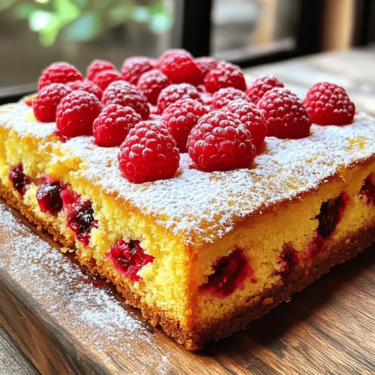 Creating the perfect lemon raspberry pound cake starts with the right ingredients. Here’s what you need: - 1 cup unsalted butter, softened - 2 cups granulated sugar - 4 large eggs - Zest of 2 lemons - 1/4 cup freshly squeezed lemon juice - 1 teaspoon vanilla extract - 3 cups all-purpose flour - 1 teaspoon baking powder - 1/2 teaspoon salt - 1 cup fresh raspberries (plus extra for garnish) - Powdered sugar for dusting Each ingredient plays a role in building flavor and texture. The butter adds richness. The sugar gives sweetness. Eggs help bind everything together. Lemon zest and juice provide that bright, tangy flavor, while raspberries add a lovely fruitiness. When picking raspberries, look for bright red ones. They should be firm and plump. Fresh lemons are best for zest and juice. You'll want to use a fine grater for the zest to avoid large pieces. For the flour, all-purpose works great. If you want a gluten-free version, you can try a gluten-free blend. Just make sure it’s a 1:1 substitute. Once you have all your ingredients ready, you’re set to make a delightful treat. You can find the full recipe [here](#). 1. First, preheat your oven to 350°F (175°C). Prepare a 9x5-inch loaf pan by greasing it and lining it with parchment paper. This helps the cake come out easily. 2. In a large mixing bowl, cream together 1 cup of softened unsalted butter and 2 cups of granulated sugar. Mix until the mixture is light and fluffy, about 3-4 minutes. 3. Next, add 4 large eggs, one at a time. Beat well after each addition. Then mix in the zest of 2 lemons, 1/4 cup of freshly squeezed lemon juice, and 1 teaspoon of vanilla extract until everything is combined well. 1. In a separate bowl, whisk together 3 cups of all-purpose flour, 1 teaspoon of baking powder, and 1/2 teaspoon of salt. 2. Gradually add the dry ingredients to the wet mixture, mixing until just combined. Be careful not to overmix; this helps keep the cake light. 3. Finally, gently fold in 1 cup of fresh raspberries. Be careful not to crush them too much while mixing. 1. Pour the batter into the prepared loaf pan. Smooth the top with a spatula to make it even. 2. Bake in the preheated oven for 60-70 minutes. Check for doneness by inserting a toothpick into the center. It should come out clean when the cake is done. 3. Once baked, let the cake cool in the pan for 10 minutes. Then transfer it to a wire rack to cool completely. You can dust the top with powdered sugar and garnish with extra raspberries when ready to serve. For the full recipe, check out the section above. To get a light and soft pound cake, avoid overmixing. Overmixing can make your cake dense and tough. Mix the batter just until you combine the ingredients. When creaming butter and sugar, use a mixer on medium speed. Cream them for about 3-4 minutes until the mix is light and fluffy. This step is key to a good rise. Adding citrus zest can boost the cake's flavor. Try using the zest of lemons or other citrus fruits. It gives a bright taste. You can also mix in different flavors. For example, swap lemon juice with orange juice. Or, add a splash of almond extract for a nutty twist. Dust your cooled cake with powdered sugar for a lovely finish. This adds sweetness and makes your cake look pretty. Garnish with fresh raspberries on top for color. It creates a nice contrast with the yellow cake. This simple touch makes your pound cake shine. For the full recipe, check out the details above. {{image_2}} If you need to change some ingredients, you can make this cake gluten-free. Use a gluten-free flour blend instead of all-purpose flour. This option works well and keeps the cake light. For a dairy-free version, swap out the butter with a plant-based alternative. You can use coconut oil or vegan butter. Both will give the cake a nice texture without dairy. You can add other fruits to your lemon raspberry pound cake. Blueberries or strawberries mix well and add great taste. Just fold them in gently like you do with raspberries. Infusions can also change the flavor. Try adding almond or coconut extract for a twist. This simple change gives the cake a whole new layer of flavor. Pair your cake with whipped cream or a scoop of ice cream. This adds a creamy touch and makes each bite more fun. For special occasions, serve this cake on a fancy plate. Add a few fresh raspberries on top. A dusting of powdered sugar also makes it look stunning. You can find the Full Recipe here for more ideas. To keep your lemon raspberry pound cake fresh, I suggest a few simple methods: - Room Temperature: Wrap the cake in plastic wrap. Place it in an airtight container. This works best if you eat it within three days. - Refrigeration: If you want it to last longer, store the cake in the fridge. Wrap it tightly to avoid drying out. It can stay fresh for up to one week. Freezing is a great option if you have extra cake. Here’s how to do it right: - Freezing: First, let the cake cool completely. Wrap it in plastic wrap, then foil. This keeps out air and moisture. You can freeze it for up to three months. - Thawing: To enjoy, take the cake out of the freezer. Leave it in the fridge overnight. For a quicker method, let it sit at room temperature for a few hours. This way, you keep the taste and texture just right. For the full recipe, check out the details above! Can I use frozen raspberries instead of fresh? Yes, you can use frozen raspberries. They work well in the cake. Just add them straight from the freezer. This helps keep the batter cool. How long does the lemon raspberry pound cake last? The cake lasts up to five days at room temperature. Keep it in an airtight container to stay fresh. You can also refrigerate it for about a week. What can I do if my cake is too dense? If your cake is dense, it may need more air. Ensure you cream the butter and sugar well. Also, check your oven temperature. An oven that is too hot can cause density issues. Can I make mini loaf cakes instead? Yes, mini loaf cakes are a great option! Just adjust the baking time. Start checking them after 25 minutes. They will bake faster than a full-sized loaf. What should I do if I don't have lemon juice? If you lack lemon juice, try using lime juice or vinegar. Both add a nice tang. You can also use lemon zest to boost the flavor. Can I use different types of sugar? You can use brown sugar instead of granulated sugar. This will add a richer flavor and moisture. Just keep the same amount. How do I adjust baking time for high-altitude cooking? At high altitudes, you may need to reduce baking time. Check the cake 5-10 minutes earlier than the recipe states. You might also need to add a little extra flour to help with the rise. For the full recipe, check out [Full Recipe]. This blog post covered the ingredients and steps to make a lemon raspberry pound cake. You learned how to mix ingredients, bake, and store it properly. Remember, the right texture comes from not overmixing. Feel free to explore flavor variations and serving ideas to make it your own. This cake is a delightful treat for any occasion. Enjoy every bite while making it your way!