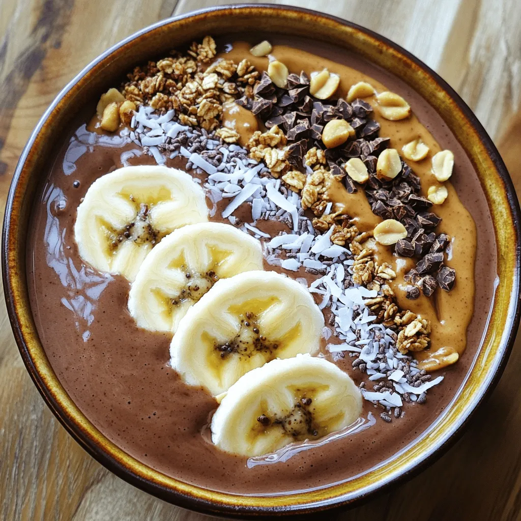 To make a delicious Chocolate Peanut Butter Smoothie Bowl, you will need the following: - 1 frozen banana - 1 cup unsweetened almond milk - 2 tablespoons natural peanut butter - 1 tablespoon cocoa powder - 1 tablespoon honey or maple syrup - 1/2 teaspoon vanilla extract These ingredients blend together to create a creamy and rich base. The frozen banana adds sweetness and thickness. Almond milk gives it a smooth texture, while peanut butter adds protein and flavor. Cocoa powder brings that rich chocolate taste. Honey or maple syrup sweetens it up, and vanilla extract rounds out the flavors. You can make your smoothie bowl more exciting with these tasty toppings: - Sliced bananas - Granola - Cacao nibs - Chopped nuts - Shredded coconut These toppings not only add flavor but also make your bowl look beautiful. Sliced bananas add freshness, while granola gives a nice crunch. Cacao nibs bring a rich chocolate flavor. Chopped nuts provide healthy fats and texture. Shredded coconut adds a tropical touch. Feel free to mix and match based on what you love. For the full recipe, check out the details above. To start, gather your ingredients. You need one frozen banana, one cup of unsweetened almond milk, two tablespoons of natural peanut butter, one tablespoon of cocoa powder, one tablespoon of honey or maple syrup, and half a teaspoon of vanilla extract. Combine all these ingredients in your blender. Make sure to place the frozen banana at the bottom. This helps it blend better. Next, blend the mixture on high. Watch it closely and scrape down the sides if needed. If your smoothie is too thick, add a splash more almond milk. Blend until it is smooth and creamy. Once your smoothie is ready, pour it into a bowl. This is where the fun begins! You can get creative with your toppings. Place sliced bananas, granola, cacao nibs, chopped nuts, and shredded coconut on top of your smoothie. Use your hands or a spoon to arrange them in a way that looks nice. Let your personal style shine through! For extra flair, consider some garnishes. A sprinkle of cacao nibs or a few extra slices of banana can enhance the look. Use a sturdy spoon to enjoy your smoothie bowl. A wide bowl makes it easy to scoop up all those tasty toppings. Enjoy each bite of your delicious creation! To make the best chocolate peanut butter smoothie bowl, you want the right thickness. If your mix is too thick, add a splash of almond milk. This will help thin it out. For a creamier bowl, use less almond milk. The ripeness of your banana can change the texture. A ripe banana will give you a sweeter, smoother mix. If you use a less ripe banana, your bowl will be thicker and less sweet. Play around with different ripeness levels to find what you like best. You can switch up the peanut butter for a new taste. Try almond butter or cashew butter for a twist. Each nut butter brings a unique flavor that can make your bowl special. Adding spices can also boost the taste. A pinch of cinnamon or nutmeg can add warmth. Superfood powders like maca or spirulina can give extra nutrition. Mix a little into your bowl for a health kick. The way you present your smoothie bowl can make it more fun. Use bowls with fun colors or unique designs to catch the eye. A vibrant bowl can make your meal feel special. Layer your toppings in creative ways. Place sliced bananas on one side and granola on the other. Try stacking cacao nibs and nuts in the center. This makes your bowl look appealing and tasty. Enjoy the experience of making it as much as eating it! {{image_2}} You can change the flavor of your smoothie bowl easily. Adding fruits like strawberries or mango gives it a fresh twist. Just toss in a handful with your other ingredients. This adds sweetness and a fun color. You can also use greens like spinach or kale. They blend well and boost nutrition without changing the taste much. This makes your bowl healthier and more vibrant! If you need nut-free or dairy-free options, you can still enjoy this bowl. Replace peanut butter with sunflower seed butter for a nut-free version. For dairy-free, stick to almond or oat milk. If you want a vegan substitute for honey, use agave syrup or more maple syrup. These swaps keep the flavor strong while fitting your diet! You can serve your smoothie as a bowl or a drink. A bowl lets you play with toppings and makes it look pretty. If you want to drink it, just pour it into a glass. For kids, make fun colors by using different fruits. Use bright toppings to catch their eye. They will love the look and taste! Store any leftover smoothie bowl in a sealed container. This keeps it fresh and tasty. Place the container in the fridge. The smoothie bowl stays good for up to two days. When you are ready to eat it, simply stir and add more toppings if you like. For blended mixtures, use a glass jar or bowl. Make sure to leave some space at the top. This lets the mixture expand if it freezes. Always seal the jar tightly to keep air out. Air can change the taste and texture. You can freeze your smoothie bowl for later. This is a great way to save time. Pour the smoothie into an ice cube tray or silicone molds. Freeze until solid, then pop them out and place them in a freezer bag. This way, you can grab a portion whenever you want. To thaw, just take out what you need. You can let it sit in the fridge overnight or place it in a bowl at room temperature for a few hours. If you need it fast, put it in the microwave for short bursts. This method is perfect for busy mornings. You can blend up a fresh bowl in no time with your frozen smoothie base. Enjoy your Chocolate Peanut Butter Smoothie Bowl anytime! Check the [Full Recipe] for more ideas on how to make this delicious treat. To make a Chocolate Peanut Butter Smoothie Bowl, follow these steps: 1. Gather Ingredients: Use a frozen banana, unsweetened almond milk, natural peanut butter, cocoa powder, honey or maple syrup, and vanilla extract. 2. Blend: In a blender, mix the frozen banana, almond milk, peanut butter, cocoa powder, honey or maple syrup, and vanilla extract. Blend until smooth and creamy. 3. Adjust Consistency: If it’s too thick, add a splash of almond milk. Blend again. 4. Serve: Pour the mixture into a bowl. 5. Add Toppings: Top with sliced bananas, granola, cacao nibs, chopped nuts, and shredded coconut. This simple process gives you a tasty and energizing breakfast in just five minutes. If you need an alternative to almond milk, here are some great options: - Soy Milk: Good for creaminess and protein. - Coconut Milk: Adds a rich, tropical flavor. - Oat Milk: Great for a smooth texture and is nut-free. - Cow's Milk: Excellent for those who don’t mind dairy. These choices can fit different diets and taste preferences. Yes, you can prepare your smoothie bowl in advance. Here are some tips: - Blend Ahead: You can blend the smoothie base and store it in the fridge. Use it within 24 hours. - Topping Storage: Keep toppings separate until you serve. This keeps them fresh and crunchy. - Freezing Option: You can freeze the blended smoothie. Just thaw it overnight in the fridge before serving. These tips help you enjoy your smoothie bowl even on busy mornings. For the full recipe, check out the earlier section. This blog post guides you through making delicious smoothie bowls. You learned the key ingredients, step-by-step instructions, tips for the perfect texture and flavor, variations for every taste, and how to store leftovers. Smoothie bowls are fun to make and enjoy. With these easy steps, you're ready to create tasty and healthy meals. Get creative with your toppings and flavors. Enjoy your smoothie bowl journey, and remember, the best part is making it your own!