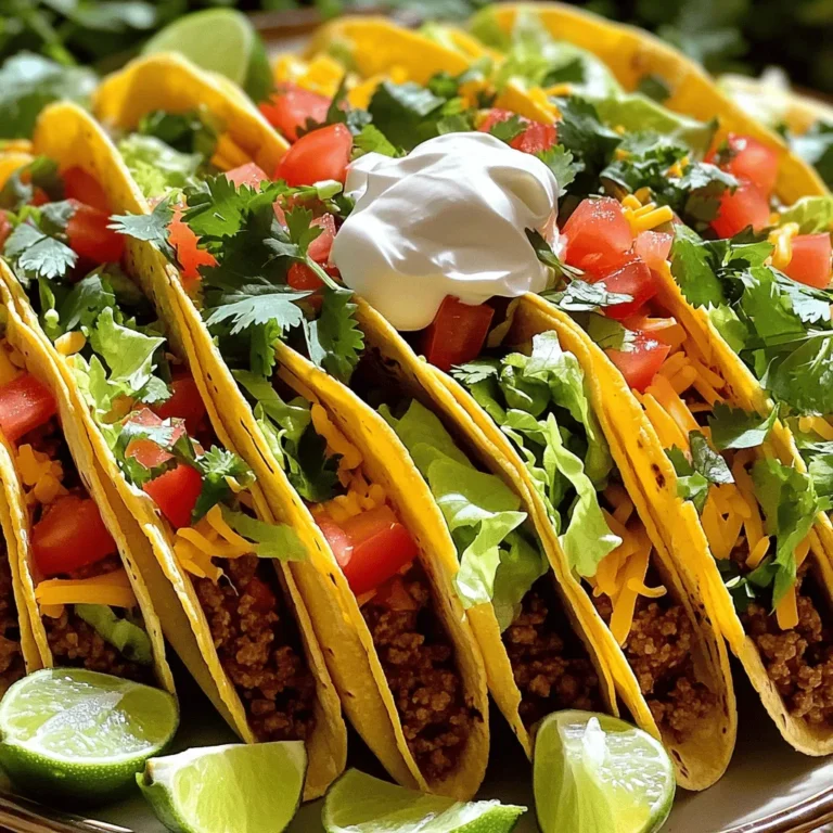 - 1 lb ground beef - 1 small onion, finely chopped - 2 cloves garlic, minced - 1 tablespoon chili powder - 1 teaspoon cumin - 1 teaspoon paprika - 1 teaspoon salt - 1/2 teaspoon black pepper - 1/2 cup beef broth - 8 small corn tortillas - 1 cup shredded lettuce - 1 cup diced tomatoes - 1 cup shredded cheddar cheese - 1/2 cup sour cream - Fresh cilantro, for garnish - Lime wedges, for serving Using fresh spices gives a bright flavor. Dried spices work, but fresh is best. For those with diets like vegan or gluten-free, you can swap ground beef for lentils or turkey. Use corn tortillas for gluten-free needs. You can also skip the cheese or sour cream for a lighter meal. Serve these tacos with rice or beans for a full meal. You might also try chips and salsa for a fun crunch. Adding a side of corn salad or guacamole can make this meal even better. Enjoy your classic beef tacos with friends and family! 1. Cooking the ground beef: Start by heating a large skillet over medium heat. Add 1 lb of ground beef. Cook until it's browned, breaking it apart with a spatula. If there's excess fat, drain it out. 2. Adding vegetables and spices: Next, add 1 small chopped onion and 2 minced garlic cloves to the skillet. Cook for about 3-4 minutes until the onion becomes soft and clear. Then, stir in 1 tablespoon of chili powder, 1 teaspoon of cumin, 1 teaspoon of paprika, 1 teaspoon of salt, and 1/2 teaspoon of black pepper. Cook for another minute to toast these spices. 3. Simmering the mixture: Pour in 1/2 cup of beef broth. Let it simmer for 5-7 minutes. This helps the beef soak up all those great flavors. 1. Heating tortillas: While the beef simmers, heat 8 small corn tortillas. You can do this in a separate skillet or wrap them in foil and warm them in the oven. 2. Layering ingredients: Once the tortillas are warm, place a scoop of the beef mixture on each tortilla. Top it with 1 cup of shredded lettuce, 1 cup of diced tomatoes, and 1 cup of shredded cheddar cheese. - Tips for serving and garnishing: Add a dollop of sour cream on top. Finish with fresh cilantro and a squeeze of lime juice. I like to arrange the tacos on a large platter. Garnish with lime wedges and cilantro for a colorful look. For extra flair, serve with side dishes like Mexican rice or black beans. Enjoy every bite of these classic beef tacos! For a complete guide, refer to the [Full Recipe]. - To avoid dry beef, use higher-fat ground beef. A blend of 80% lean and 20% fat keeps it juicy. - Always cook ground beef over medium heat. This helps it brown nicely without becoming tough. - Add beef broth to the skillet while cooking. It makes the meat tender and flavorful, a key for great tacos. - Customize toppings to suit your taste. Add avocado, jalapeños, or even pineapple for a twist. - For kids, keep it simple. Lettuce, cheese, and a bit of sour cream are usually a hit. - Let everyone build their own tacos. This makes dinner fun and lets everyone choose their favorites. - Prepare ingredients in advance. Chop onions and garlic the night before to save time. - Cook the beef mixture ahead of time. It warms up quickly when you're ready to eat. - Warm tortillas in bulk. Use a skillet or oven to heat several at once. This cuts down your serving time. By following these tips, you can enjoy a taco night that's both fun and stress-free! Check out the Full Recipe for step-by-step guidance. {{image_2}} You can switch the ground beef for other proteins. Ground turkey is a great choice. It has less fat but still tastes good. You can also use ground chicken. Both options are leaner but still tasty. For a different twist, try shredded beef or pork. These meats offer a rich flavor and work well in tacos. You can cook them slowly to make them tender. If you want a vegetarian option, use lentils or black beans. They add protein and fiber. You can also try crumbled tofu or tempeh. Season them the same way as the beef for that classic taco taste. Want to spice things up? Add jalapeños or hot sauce for heat. You can also mix in some chipotle peppers for a smoky flavor. Fresh herbs like cilantro can boost the taste, too. Different regions have unique taco styles. For example, fish tacos are popular in coastal areas. They use grilled or fried fish topped with fresh veggies. In the Yucatán, you might find tacos with pork and pineapple. Explore these styles to find your favorite. Eating gluten-free? Use corn tortillas. They are naturally gluten-free and work great for tacos. Check the labels on packaged tortillas to ensure they meet your needs. For a low-carb option, use lettuce wraps instead of tortillas. They are crisp and fresh. You can still add all your favorite taco toppings. This way, you get the flavor without extra carbs. If you want to dive deeper, check out the Full Recipe. It offers everything you need to create your classic beef tacos. To store leftover beef tacos, first, let them cool down. Place them in an airtight container. Keep the beef separate from the tortillas. This keeps the tortillas from getting soggy. You can store them in the fridge for up to three days. If you want to save the beef longer, put it in a freezer-safe bag. For reheating beef tacos, the best method is the stovetop. Heat a skillet on medium. Add a little water to the pan. This helps steam the tacos and keeps them moist. Heat the beef for about 5 minutes. If you prefer the microwave, place the tacos on a plate. Cover them with a damp paper towel. Heat for 30-60 seconds. Check if they are warm enough before serving. To freeze taco filling, first, let it cool completely. Then, scoop the filling into freezer-safe bags. Remove as much air as possible before sealing. Label the bags with the date. You can freeze the filling for up to three months. When ready to use, thaw it overnight in the fridge. Reheat it on the stovetop or in the microwave before serving. Enjoy your beefy fiesta tacos later! For the full recipe, check out the detailed steps above. To make classic beef tacos, follow these steps: 1. Cook the Beef: In a skillet, brown 1 pound of ground beef. Break it apart as it cooks. Drain any excess fat. 2. Add Veggies: Next, add one small chopped onion and two minced cloves of garlic. Cook until the onion is soft, about 3-4 minutes. 3. Spice It Up: Stir in one tablespoon of chili powder, one teaspoon of cumin, one teaspoon of paprika, one teaspoon of salt, and half a teaspoon of black pepper. Cook for another minute to let the spices bloom. 4. Simmer: Pour in half a cup of beef broth. Let the mixture simmer for 5-7 minutes until it thickens and the flavors meld. 5. Warm Tortillas: In a separate skillet, heat 8 small corn tortillas until warm. You can also wrap them in foil and heat them in the oven. 6. Assemble: Place a scoop of the beef mixture on each tortilla. Top with your favorite toppings, such as shredded lettuce, diced tomatoes, and cheese. 7. Finish Off: Add a dollop of sour cream, fresh cilantro, and a squeeze of lime juice. You can find the full recipe above for detailed steps. Here are some popular and unique toppings for beef tacos: - Classic Choices: - Shredded lettuce - Diced tomatoes - Shredded cheddar cheese - Sour cream - Unique Options: - Sliced jalapeños for heat - Avocado or guacamole for creaminess - Pickled red onions for tang - Fresh corn for sweetness - Crumbled queso fresco for a salty kick Mix and match these toppings to create your perfect taco! Yes, you can make beef tacos ahead of time. Here’s how: - Meal Prep: Cook the beef filling a day ahead. Store it in an airtight container in the fridge. Reheat it when you’re ready to serve. - Tortilla Storage: Keep the tortillas at room temperature in a sealed plastic bag. They will stay soft for a day. - Freezing: For longer storage, freeze the cooked beef filling. Place it in a freezer-safe container. It can last for up to three months. Thaw it in the fridge overnight before reheating. With these tips, you can enjoy tasty beef tacos anytime! Beef tacos are fun and easy to make. You learned about key ingredients, cooking steps, and storage tips. You can customize your tacos with different toppings and flavors. Try using various proteins or make them vegetarian. Keep your tacos fresh with smart storage methods. Enjoy making and sharing them with friends and family. Your taco game just got stronger!