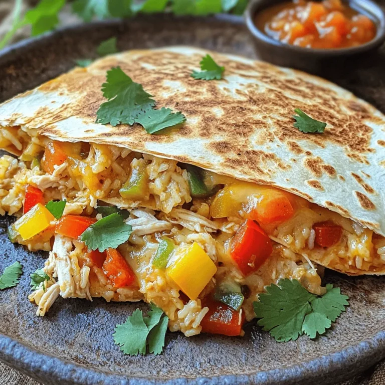 - 2 cups cooked chicken, shredded - 1 cup cooked rice (white or brown) - 1 cup bell pepper, diced - 1 medium onion, diced - 1 cup corn (fresh or frozen) - 2 cups shredded cheese (cheddar or Monterey Jack) - 4 large flour tortillas - 1 teaspoon cumin - 1 teaspoon chili powder - Salt and pepper to taste - Fresh cilantro, chopped (for garnish) - Salsa (for serving) The main ingredients in this Chicken and Rice Skillet Quesadilla create a comfort dish. The shredded chicken gives protein and flavor. The cooked rice adds bulk and heartiness. Diced bell pepper and onion bring color and crunch. For the additional ingredients, corn adds sweetness and texture. Shredded cheese melts beautifully, binding the filling. Flour tortillas wrap everything up, giving a soft, crispy bite. Seasoning is key. Cumin and chili powder add warmth and depth. Salt and pepper balance the flavors. Fresh cilantro brightens each bite. Salsa on the side adds a zesty kick. You can find the full recipe to guide you through each step. Enjoy cooking! First, heat 1 tablespoon of olive oil in a large skillet over medium heat. Add the diced onion and bell peppers. Sauté these for about 4-5 minutes until they soften. Next, stir in the cooked chicken, rice, corn, cumin, chili powder, salt, and pepper. Cook this mixture for another 2-3 minutes until it is warm. Now, remove the chicken and rice mix from the skillet and set it aside. In the same skillet, add another tablespoon of olive oil. Lay one tortilla flat on the skillet. Sprinkle a good amount of shredded cheese on one half of the tortilla. Spoon a portion of the chicken and rice mixture over the cheese. Then, add another layer of cheese on top. Fold the tortilla in half to cover all the filling. Cook the quesadilla for about 3-4 minutes on one side. You want it to turn golden brown and crispy. Carefully flip the quesadilla and cook the other side for another 3-4 minutes. This will melt the cheese and make both sides golden. Remove it from the skillet and let it cool for a minute. Cut it into wedges and repeat the steps for the remaining tortillas. For the full recipe, check out the earlier section. To make a great quesadilla, you must ensure the tortillas are crispy. Here’s how: - Heat the skillet: Start with a hot skillet. This helps the tortilla crisp up well. - Use enough oil: Spread olive oil evenly. This creates a golden crust. Choosing the right cheese is also key. I suggest using a mix of: - Cheddar: This cheese melts well and adds a sharp flavor. - Monterey Jack: It gives a creamy texture and balances the sharpness. When serving your quesadillas, presentation matters. Here are some tips: - Use a vibrant plate: A colorful plate makes your food pop. - Garnish with cilantro: Fresh cilantro adds a beautiful touch and a fresh flavor. To enhance the flavor, consider these accompaniments: - Salsa: This adds a nice kick. - Sour cream: It balances the heat and adds creaminess. Using leftovers can save you time. Here’s how: - Use cooked chicken and rice: If you have these ready, your prep time drops. - Mix in leftover veggies: Toss in any veggies you have for extra flavor. Preparing ingredients in advance also helps: - Chop veggies ahead: Store them in the fridge for easy access. - Shred cheese: Do this before cooking to speed up the assembly process. For the full recipe, check out the detailed instructions above! {{image_2}} You can easily swap out the proteins in this recipe. Ground beef or tofu works great. Each option brings its own taste and texture. If you want to try different rice, jasmine or basmati rice adds a nice twist. You can even use quinoa for a fun change. Just remember to adjust your cooking times if needed. To kick up the heat, add some cayenne or jalapeños. A pinch of smoked paprika can also add depth. If you love veggies, toss in spinach, zucchini, or mushrooms. These ingredients not only taste good but also pack in extra nutrients. Looking to make breakfast quesadillas? Use scrambled eggs and cheese for a hearty start. You can add avocado or salsa for freshness. For kids, keep it simple with just cheese and chicken. This way, you can please even the pickiest eaters. For the full recipe, check out the Cheesy Chicken & Rice Skillet Quesadilla section! To store cooked quesadillas, let them cool first. Wrap each quesadilla in plastic wrap or foil. Place them in an airtight container. This keeps them fresh and safe to eat. When reheating, choose a skillet or oven. Heat on low to medium. This warms them through without burning. You can also use a microwave, but this may make them soggy. To freeze raw quesadillas, assemble them first. Place parchment paper between each quesadilla. This helps prevent sticking. Then, put them in a freezer bag. When ready to cook, take a quesadilla out. Thaw it in the fridge overnight. Cook from frozen in a skillet for about 5-7 minutes on each side. This keeps them crispy and delicious. Leftover quesadillas last about 3-4 days in the fridge. Always check for signs of spoilage. Look for mold or an off smell. If you see or smell anything strange, throw them away. By following these steps, you can enjoy your Chicken and Rice Skillet Quesadilla later. For the full recipe, check out the details above. To make this dish, follow these steps: 1. Heat 1 tablespoon of olive oil in a skillet. 2. Add diced onion and bell peppers. Cook for 4-5 minutes. 3. Add cooked chicken, rice, corn, cumin, chili powder, salt, and pepper. Stir for 2-3 minutes. 4. Remove the mixture from the skillet. 5. Add another tablespoon of olive oil. Place a tortilla in the skillet. 6. Sprinkle cheese on one half of the tortilla. 7. Spoon the chicken and rice mix on top of the cheese. 8. Add more cheese on top, then fold the tortilla. 9. Cook for 3-4 minutes until golden, then flip and cook 3-4 more minutes. 10. Cut into wedges and serve. For the full recipe, check above. Yes, you can use many types of cheese. Here are some great options: - Pepper Jack for a spicy kick. - Mozzarella for a gooey texture. - Gouda for a rich, smoky flavor. - Feta for a tangy taste. Feel free to mix cheeses for more flavor. Pair these quesadillas with tasty sides. Here are some ideas: - Fresh salsa for a zesty dip. - Guacamole for creaminess. - Sour cream to cool down the heat. - A simple salad for freshness. These sides add fun flavors and textures. Enjoy! This article covered all you need to know about making Chicken and Rice Quesadillas. We discussed ingredients, cooking steps, and storage tips. Quesadillas are fun, tasty, and easy to make. Try different fillings or spices to create your perfect dish. Remember, a good quesadilla is all about the ingredients and cooking method. With these tips, you can serve a delicious meal at home. Enjoy this simple and delicious recipe!