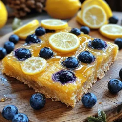 To make these tasty and nutritious Lemon Blueberry Breakfast Bars, you need the following: - 1 cup rolled oats - 1 cup almond flour - 1/4 cup honey or maple syrup - 1/3 cup melted coconut oil - 1/2 teaspoon baking powder - 1/4 teaspoon salt - Zest of 1 lemon - 2 tablespoons fresh lemon juice - 1 cup fresh blueberries - 1/4 teaspoon vanilla extract These ingredients work together to create a delicious blend of flavors. The oats and almond flour form the base, while honey or maple syrup adds natural sweetness. Coconut oil gives a rich texture, and the lemon zest and juice provide a bright, fresh flavor. You can easily swap some ingredients if needed. Here are some ideas: - Rolled oats: Use quick oats or gluten-free oats for a different texture. - Almond flour: Substitute with all-purpose flour or oat flour for a varied taste. - Honey or maple syrup: Try agave syrup or brown sugar for sweetness. - Coconut oil: You can use unsalted butter or another oil, like canola. - Fresh blueberries: Swap with raspberries, chopped strawberries, or dried fruit for new flavors. These substitutions help customize the bars to your liking while keeping them delicious and nutritious. Each serving of these Lemon Blueberry Breakfast Bars offers a healthy treat. Here’s a quick look at the nutrition: - Calories: Approximately 180 - Protein: Around 4g - Fat: About 9g - Carbohydrates: Close to 24g - Fiber: Roughly 3g - Sugar: About 7g This snack is not only tasty but also packed with nutrients. You get a good balance of healthy fats, carbs, and fiber, making it a great start to your day or a perfect snack. Enjoy these bars knowing they are both wholesome and satisfying. For the full recipe, check out the complete guide. To make these tasty lemon blueberry breakfast bars, start by preheating your oven to 350°F (175°C). Next, line an 8x8 inch baking dish with parchment paper. Leave some paper hanging over the edges. This helps you lift the bars later. In a large bowl, mix together the rolled oats, almond flour, baking powder, and salt. Ensure it’s well blended. In another bowl, whisk the honey or maple syrup, melted coconut oil, lemon zest, lemon juice, and vanilla extract together until smooth. Next, pour the wet mix into the dry mix. Stir until just combined. Gently fold in the fresh blueberries. Be careful not to crush them. Spread the mixture into your prepared baking dish, pressing it down firmly. Bake in the oven for 20-25 minutes. You know it’s done when the edges turn golden brown. Use a toothpick to check if the center is clean. Let it cool in the pan for about 10 minutes. Then, use the parchment paper to lift it out and cool completely. To get the best texture, use rolled oats instead of quick oats. This keeps the bars chewy. Make sure to press the mixture firmly into the dish. This helps the bars hold together when baked. Keep an eye on the baking time. Ovens can vary. Check for a golden edge and a clean toothpick. If the bars are too soft, they may fall apart. Once cooled completely, cut the bars into squares. Serve them on a wooden board. Drizzle a bit of honey on top and add some extra blueberries. A few lemon slices on the side make for a lovely presentation. These bars are great for breakfast or as a snack. Enjoy your delicious creation! To make perfect Lemon Blueberry Breakfast Bars, follow these simple tips: - Use fresh blueberries for the best taste. They burst with flavor. - Grate the lemon zest finely. This helps spread the flavor evenly. - Mix the dry and wet ingredients gently. This keeps the bars soft. - Press the mixture firmly into the pan. Firm bars hold together better. Avoid these common mistakes for great bars: - Don't skip the baking powder. It helps the bars rise. - Be careful not to overmix the batter. Too much mixing makes them tough. - Let the bars cool fully before cutting. This helps them hold their shape. - Don’t use too much lemon juice. It can make the bars too soggy. You can change up the bars for a fun twist: - Add nuts like almonds or walnuts for crunch. - Swap blueberries for raspberries or strawberries for different flavors. - Mix in seeds like chia or flax for added nutrition. - Drizzle with chocolate for a sweet treat. For the full recipe, check out the details above. Enjoy baking! {{image_2}} You can mix things up with different flavors. Try adding almonds or walnuts for crunch. For a tropical twist, add shredded coconut. If you love chocolate, mix in some dark chocolate chips. You can also use other berries like raspberries or strawberries for a fun change. Each option gives a new taste and texture. To make these bars gluten-free, swap almond flour for gluten-free flour. You can also use oats labeled gluten-free. For a vegan version, replace honey with maple syrup or agave nectar. This keeps the bars sweet and delicious without using any animal products. These changes make the bars fit for many diets. Using seasonal fruits adds a fresh touch. In the summer, try peaches or cherries. In the fall, you can use diced apples or pears with a bit of cinnamon. Winter is great for cranberries or citrus fruits. Each season offers unique flavors that make your breakfast bars exciting. For the full recipe, you can refer back to the complete list of ingredients and instructions. Store your Lemon Blueberry Breakfast Bars in an airtight container. This keeps them fresh longer. Place parchment paper between layers if you stack them. They stay tasty for about a week at room temperature. For longer storage, put them in the fridge. Cold bars taste great and last up to two weeks. If you want to keep these bars for a while, freezing is a smart choice. Wrap each bar in plastic wrap. Then, place them in a freezer bag. Be sure to remove as much air as possible. They freeze well for up to three months. When you're ready to enjoy, just thaw them in the fridge overnight. Reheating is easy and brings back their fresh taste. To reheat, place a bar in the microwave for about 15-20 seconds. This warms them without drying them out. You can also warm them in the oven at 350°F (175°C) for about 5-10 minutes. This method keeps them soft and delicious. Enjoy them warm for the best flavor! Lemon Blueberry Breakfast Bars stay fresh for about one week at room temperature. If you store them in the fridge, they can last up to two weeks. For longer storage, freeze them. They will keep well for up to three months in the freezer. Just remember to wrap them tightly to prevent freezer burn. Yes, you can use frozen blueberries! Just make sure to thaw and drain them first. This helps avoid extra moisture in the bars. The flavor will still be great, but the texture might change slightly. Frozen berries may also burst more when mixed in, so handle them gently. These breakfast bars are perfect on their own or paired with yogurt. You can also serve them with a drizzle of honey for added sweetness. For a fun twist, top them with a dollop of whipped cream or Greek yogurt and some extra blueberries. Enjoy them warm or cold, as they are delicious either way! Lemon Blueberry Breakfast Bars are fun and easy to make. We covered ingredients, tips, and storage. You learned how to make them tasty and fresh. Remember, you can swap ingredients and try new flavors. Storage and reheating tips help keep them yummy longer. Making these bars can bring joy to your mornings. Get creative and enjoy each bite!