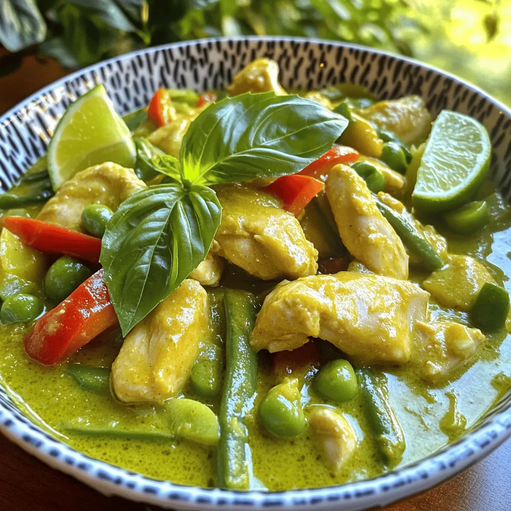 - 1 lb (450g) chicken breast, thinly sliced - 2 tablespoons green curry paste - 1 can (400ml) coconut milk - 1 cup chicken broth - 1 tablespoon fish sauce - 1 tablespoon brown sugar - 1 red bell pepper, sliced - 1 cup green beans, trimmed - 1 tablespoon vegetable oil - Fresh basil leaves, for garnish - Lime wedges, for serving When making Thai green curry chicken, fresh ingredients matter. Use fresh chicken breast for the best taste. You can swap chicken for tofu or shrimp. If you don't have green curry paste, red curry paste works too. Coconut milk gives a rich flavor, but you can use almond milk for a lighter dish. Fish sauce adds umami, but soy sauce is a good plant-based alternative. Brown sugar balances the heat; honey is a good substitute. One serving of Thai green curry chicken has about 350 calories. It offers a good amount of protein, about 30 grams per serving. The dish also has healthy fats from coconut milk. Each serving provides fiber from the veggies, too. This meal is rich in vitamins A and C, thanks to bell peppers and green beans. Enjoy this dish as part of a balanced diet. You can find the full recipe above to get started! To start, gather your ingredients for Thai green curry chicken. You need chicken, green curry paste, coconut milk, chicken broth, fish sauce, brown sugar, red bell pepper, green beans, vegetable oil, fresh basil, and lime wedges. 1. Heat 1 tablespoon of vegetable oil in a large skillet or wok over medium heat. 2. Add 2 tablespoons of green curry paste to the hot oil. Stir for about 1 minute. You want it to smell good. 3. Next, add 1 pound of thinly sliced chicken breast. Stir to coat it with the curry paste. Cook for about 5 minutes until the chicken is no longer pink. 4. Now, pour in 1 can of coconut milk and 1 cup of chicken broth. Stir well to mix. 5. Add 1 tablespoon of fish sauce and 1 tablespoon of brown sugar. Bring this mixture to a gentle simmer. 6. Toss in the sliced red bell pepper and trimmed green beans. Simmer for 10 to 15 minutes. The veggies should be tender, and the chicken should be cooked through. 7. Taste your curry. If you want, adjust the seasoning. Add more fish sauce or sugar as needed. 8. Remove the skillet from heat. Let it sit for a couple of minutes to thicken. 9. Serve the curry hot. Garnish with fresh basil leaves and lime wedges on the side. - Heating oil: Look for a shimmer on the surface. - Stirring curry paste: It should become aromatic and slightly darker. - Chicken cooking: The color should change from pink to white. - Coconut milk and broth mixing: Expect a creamy, smooth texture. - Simmering curry: Bubbles should gently rise to the surface. - Vegetables: They should become vibrant and tender but not mushy. - Prep your ingredients first. This saves time while cooking. - While the chicken cooks, you can slice the veggies. - Keep an eye on the simmering curry. Stir occasionally to avoid sticking. - Use a timer for each step. This helps keep your cooking on track. For the full recipe and more details, check out the [Full Recipe]. To make the best Thai green curry chicken, follow these simple tips: - Use fresh ingredients for bright flavors. Fresh basil and lime make a big difference. - Don't rush when cooking the curry paste. Let it cook for one minute to release its full aroma. - Cut the chicken into even slices. This ensures that it cooks evenly and stays juicy. - Taste as you cook. Adjust fish sauce and sugar to match your preferred flavor. Avoid these common mistakes to ensure a perfect dish: - Using too much curry paste can make the dish too spicy. Start with two tablespoons and add more if desired. - Not simmering long enough can leave the chicken tough. Ensure you give it time to cook through. - Skipping the coconut milk will alter the creaminess. It’s essential for that rich, smooth texture. - Forgetting to garnish with basil and lime can miss the final touch of flavor. You can enhance your dish with a few easy tweaks: - Add more vegetables like carrots or zucchini for extra nutrition and color. - For a spicy kick, include sliced chili peppers while cooking. - Try adding a splash of lime juice just before serving. It brightens the dish and enhances its flavor. - Swap chicken for shrimp or tofu for a different taste while keeping the essence of the dish. For the full recipe, check out the details above. {{image_2}} You can easily swap out chicken for other proteins. Shrimp and tofu work well too. Each choice gives a new twist to the dish. For shrimp, cook until they turn pink. Tofu should be firm and cubed. You can also add other vegetables. Try carrots, zucchini, or eggplant. These extra veggies enhance color and taste. To make a vegan version, replace chicken with tofu or chickpeas. Use vegetable broth instead of chicken broth. Ensure the green curry paste is vegan, as some brands contain shrimp paste. Coconut milk remains a must for creaminess. Add more veggies like broccoli or spinach for extra nutrients. This way, you keep all the flavor while being plant-based. Thai green curry varies by region in Thailand. In central Thailand, the curry is spicy and rich. Southern Thailand often includes more coconut milk for a sweeter flavor. You might find lemongrass or kaffir lime leaves in some recipes. These herbs add freshness and complexity. Explore these variations to find your favorite taste. For detailed steps on making Thai green curry chicken, check the [Full Recipe]. To keep your Thai green curry chicken fresh, store it in an airtight container. Allow it to cool down to room temperature first. This way, it locks in flavor and avoids extra moisture. Place the container in the fridge if you plan to eat it within a few days. It can last up to four days when stored this way. When you’re ready to enjoy leftovers, reheat them gently. Use a skillet over low heat to warm it slowly. Stir often to avoid burning. You can also use a microwave. Place the curry in a microwave-safe bowl and cover it. Heat for 1-2 minutes, stirring halfway through. Check the temperature to ensure it's hot throughout. Freezing is a great option for longer storage. To freeze, first cool the curry completely. Then, transfer it to freezer-safe bags or containers. Make sure to remove as much air as possible to prevent freezer burn. Label the bags with the date. Thai green curry chicken can last up to three months in the freezer. To reheat, let it thaw in the fridge overnight, then follow the reheating tips above. For the full recipe, check the details above. Thai green curry chicken is a classic dish from Thailand. It features chicken cooked in a rich, creamy sauce made with green curry paste and coconut milk. This dish is both spicy and fragrant, thanks to fresh herbs and spices. Typically, it has vegetables like bell peppers and green beans. The bright green color comes from the curry paste, which uses green chilies and herbs. You can serve it over rice or with noodles for a complete meal. To make Thai green curry chicken spicy, you can adjust the amount of green curry paste. Start with a little and taste as you go. Add more paste if you want more heat. You can also include fresh green chilies or red chili flakes for an extra kick. Just remember, it’s easier to add more spice than to take it away. Find your perfect heat level by tasting along the way. Yes, you can make Thai green curry chicken ahead of time. Cook the dish and let it cool. Then, store it in the fridge for up to three days. Reheat it on the stove or in the microwave before serving. The flavors will even deepen as it sits. Just be careful not to overcook the chicken when reheating. Thai green curry chicken pairs well with many sides. Here are some great options: - Jasmine rice - Steamed rice noodles - Quinoa - Fresh salad with lime dressing - Crispy spring rolls You can also add lime wedges and fresh basil for extra flavor. Enjoy your meal! For the complete recipe, check out the Full Recipe. Thai green curry chicken is a tasty dish packed with flavor. You learned about the right ingredients, how to cook, and tips to avoid mistakes. You also discovered variations and how to store leftovers. With these steps, you can make a great meal. Remember to try different proteins or veggies to find your favorite. Now, use this guide to impress your friends and family with your cooking skills. Enjoy your culinary journey!