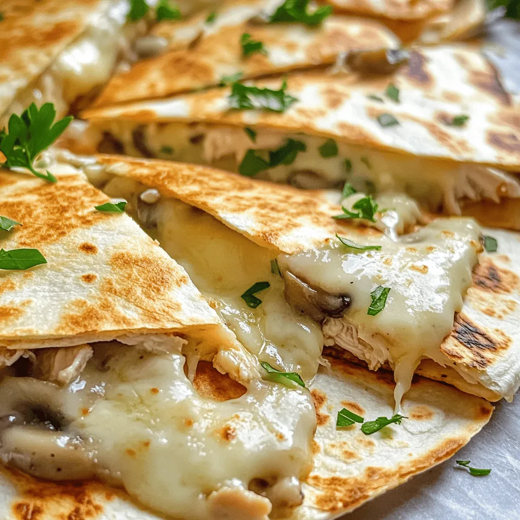 - Chicken and Mushroom Components - 2 cups cooked chicken breast, shredded - 1 cup mushrooms, sliced - 1 tablespoon olive oil - 1 teaspoon garlic powder - 1 teaspoon onion powder - Salt and pepper to taste When choosing your chicken, I recommend using rotisserie chicken. It saves time and adds great flavor. Fresh mushrooms work best, but you can use canned if needed. Just rinse them well to remove any extra salt or preservatives. - Alfredo Sauce Details - 1 cup Alfredo sauce You can make your own Alfredo sauce or buy it pre-made. Homemade sauce gives a richer taste. If you use store-bought, look for brands with natural ingredients. This helps keep the flavors clean. - Cheese and Tortilla Selection - 2 cups shredded mozzarella cheese - 4 large flour tortillas - Fresh parsley, chopped (for garnish) Mozzarella melts beautifully and gives a soft texture. You can mix in some cheddar for a sharper flavor. For tortillas, use large flour ones. They hold all the filling well. If you're feeling adventurous, try corn tortillas for a different taste. For the full recipe, be sure to check the Cooking Directions section. Enjoy crafting your quesadilla! Sautéing Mushrooms To start, heat 1 tablespoon of olive oil in a skillet over medium heat. Add 1 cup of sliced mushrooms. Cook them for about 5 minutes. Stir until they become tender and brown. Sprinkle in 1 teaspoon of garlic powder, 1 teaspoon of onion powder, salt, and pepper. This mix adds great flavor. Mixing Chicken and Alfredo In a large bowl, take 2 cups of shredded cooked chicken breast. Add the sautéed mushrooms to the bowl. Then pour in 1 cup of Alfredo sauce. Mix everything well until the chicken and mushrooms are coated. Assembling the Quesadilla Grab a large flour tortilla. Lay it flat on your working surface. Sprinkle about 1/4 cup of shredded mozzarella cheese on half of the tortilla. Spoon half of the chicken and mushroom mix on top of the cheese. Top with another 1/4 cup of mozzarella cheese. Fold the tortilla in half to seal in all that goodness. Cooking the Quesadilla in Skillet Place the folded quesadilla in the same skillet over medium heat. Cook for 3 to 4 minutes on one side. Flip it over and cook the other side until golden brown. Check if the cheese has melted. Achieving the Perfect Crispiness For a crispier quesadilla, press down gently with a spatula while cooking. This helps the cheese stick together and keeps the filling inside. Serving Suggestions Once cooked, remove the quesadilla from the skillet. Let it cool for a minute. Cut it into wedges for easy serving. Garnish with chopped fresh parsley for a pop of color. Enjoy this Chicken and Mushroom Alfredo Quesadilla as a tasty snack or meal. For the complete recipe, check the Full Recipe section. - Ensuring Even Cooking: Use medium heat. This helps cook the quesadilla evenly. If it's too hot, the outside may burn. If it's too low, the cheese won't melt. - Cheese Melting Techniques: Use shredded cheese. It melts faster than blocks. Layer cheese on both sides. This creates a gooey texture that holds the filling. - Flavor Enhancements: Add spices like paprika or chili powder. These spices give a nice kick. You can also add fresh herbs like basil or cilantro for added freshness. - Overloading the Quesadilla: Don’t add too much filling. This makes flipping hard. A good balance is key for a perfect quesadilla. - Not Preheating the Skillet: Always preheat your skillet. This helps achieve that nice golden color. If the skillet is cold, the quesadilla will steam rather than crisp. - Cooking Time Errors: Watch your cooking time closely. Each side usually takes about 3-4 minutes. If you cook too long, the quesadilla can become tough and dry. For a full guide on how to make this dish, check out the Full Recipe. {{image_2}} Alternative Proteins If you want to mix things up, try using different proteins. You can swap chicken for turkey or shrimp. Each protein brings its own taste, adding a fun twist to the quesadilla. Vegetarian Options For a meatless dish, use beans or tofu. Black beans add protein and fiber. Tofu can soak up the flavors of the sauce well. You can also add some extra mushrooms for texture. Different Sauces and Seasonings Feel free to change the sauce! A white cheese sauce or a spicy salsa can work great. If you want more flavor, try adding fresh herbs or lemon juice. It will make your quesadilla pop. Adding Spices for Heat Want some heat? Sprinkle in some chili powder or cayenne pepper. This will give your quesadilla a nice kick. You can adjust the amount based on your taste. Incorporating Vegetables Adding more veggies can make your quesadilla even better. Spinach, bell peppers, or zucchini can add color and nutrients. Just sauté them with the mushrooms for a tasty mix. Cheese Mix Variations Mixing different cheeses can change the flavor profile. Try adding cheddar or pepper jack cheese for a different taste. You can even blend cheeses for a creamy melt. These variations make your Chicken and Mushroom Alfredo Quesadilla even more special. Get creative and enjoy your cooking! For the complete recipe, check out the Full Recipe. To keep your Chicken and Mushroom Alfredo Quesadilla fresh, refrigerate leftovers. Place them in an airtight container. They will stay good for up to three days. If you want to store them longer, freezing is a great option. - Refrigeration Guidelines: Cool the quesadilla to room temperature before storing. - Freezing Recommendations: Wrap each quesadilla tightly in plastic wrap. Place them in a freezer-safe bag or container. They can last for up to three months in the freezer. When you are ready to enjoy your leftovers, reheating properly is key. You want to maintain that delicious crispiness. - Best Methods for Reheating: Use a skillet over medium heat for best results. This method warms the quesadilla evenly. You can also use an oven at 350°F (175°C) for about 10-15 minutes. - Maintaining Crispiness: To keep the outside crispy, cover the skillet with a lid while reheating. This helps trap heat without making the quesadilla soggy. These simple tips will help you enjoy your Chicken and Mushroom Alfredo Quesadilla just like it was freshly made. For the full recipe, refer back to the complete guide. How to make Chicken and Mushroom Alfredo Quesadilla? To make this dish, start by cooking the mushrooms in olive oil. Then, mix shredded chicken with the sautéed mushrooms and Alfredo sauce. Lay a tortilla flat, add cheese, then the mixture, and more cheese. Fold the tortilla and cook it in a skillet until golden brown. Can I use store-bought Alfredo sauce? Yes, you can use store-bought Alfredo sauce. It saves time and still tastes great. Just make sure to choose a brand you love. Homemade sauce can be fun, but store-bought is convenient. How long does the quesadilla keep? The quesadilla can last for about 3-4 days in the fridge. Make sure to store it in an airtight container. This helps keep it fresh and tasty. Is this recipe healthy? This recipe can be healthy if you watch your portion sizes. It has protein from chicken and some vitamins from mushrooms. Using whole wheat tortillas can add more fiber. Caloric content per serving? Each serving has around 400-500 calories, depending on the cheese and sauce you use. For a lighter meal, you can adjust the cheese or use less sauce. Can I lower the calories? Yes, you can lower the calories by using less cheese or sauce. You can also swap chicken for a leaner protein or add more veggies to fill you up without adding too many calories. This blog post covered how to make a Chicken and Mushroom Alfredo Quesadilla. We looked at every part, from the ingredients to tips for the best result. I shared tricks for cooking and common mistakes to avoid. You can swap ingredients and adjust flavors to fit your taste. In the end, you can enjoy this dish your way. Whether for lunch or dinner, it’s a hit! Happy cooking!