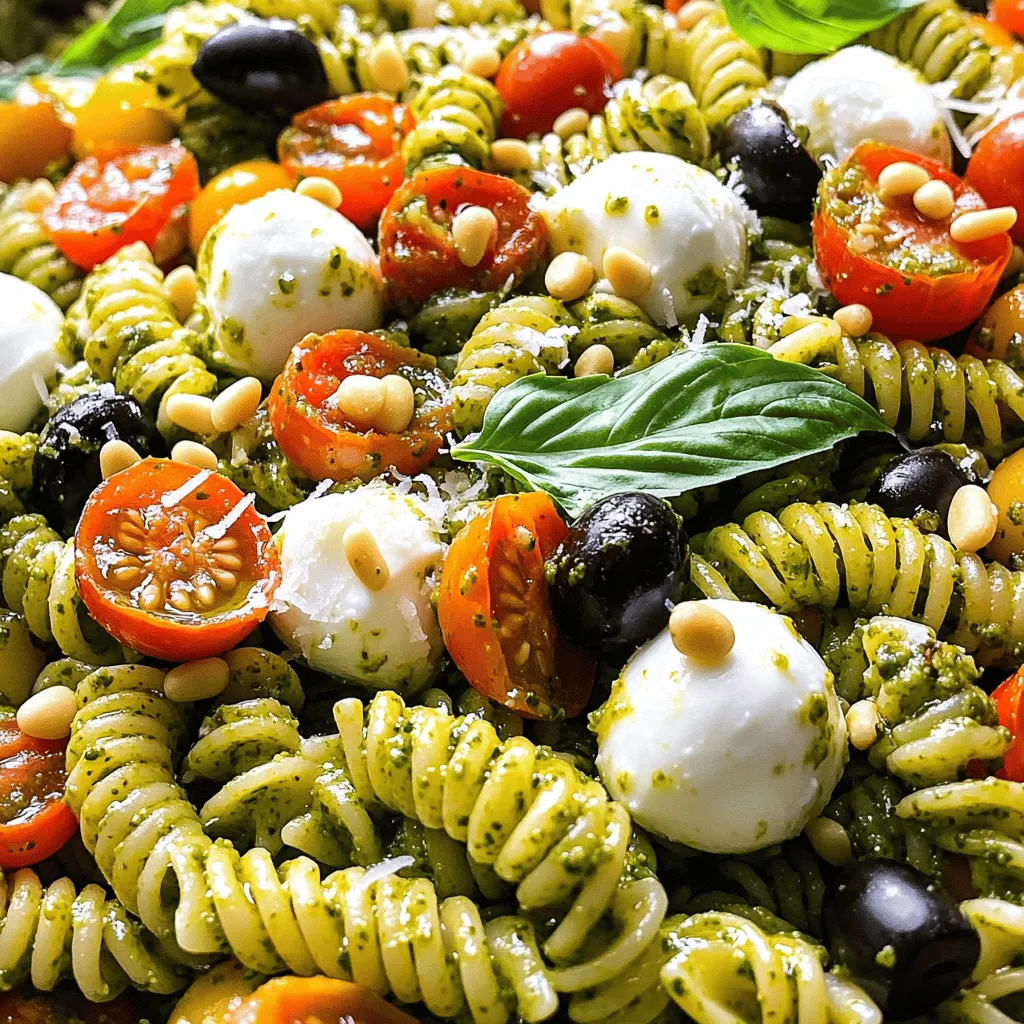 To make a tasty pesto pasta salad, you need some key ingredients. Here’s what to gather: - 12 oz fusilli pasta - 1 cup fresh basil pesto - 1 cup cherry tomatoes, halved - 1 cup mozzarella balls, halved These ingredients create a colorful and delicious base for your salad. Fusilli pasta holds the pesto well, and the cherry tomatoes add a sweet burst. The mozzarella brings creaminess that makes each bite enjoyable. You can make your salad even better with a few extras. Here are some optional ingredients to consider: - 1/2 cup black olives, pitted and sliced - 1/4 cup pine nuts, toasted - 1/4 cup grated Parmesan cheese Adding black olives gives a nice briny touch. Pine nuts add a crunchy texture, while Parmesan adds a rich flavor. Feel free to mix and match based on your tastes. Seasoning makes a difference in flavor. Here’s what you will need: - 2 tablespoons olive oil - Salt and pepper to taste - Fresh basil leaves for garnish A drizzle of olive oil enhances the taste. Adjust the salt and pepper to your liking. Finally, fresh basil leaves not only look nice but also give a burst of freshness. For the full recipe, check the details above. To cook fusilli pasta properly, bring a large pot of salted water to a boil. Add the pasta and cook for about 8 to 10 minutes, or until al dente. Stir occasionally to prevent sticking. Once done, drain the pasta in a colander. After draining, rinse the pasta under cold water. This stops the cooking and cools it down. Make sure to rinse well so the pasta doesn’t stick together. Set the cooled pasta aside in a large bowl. Now comes the fun part! In the bowl with the cooled fusilli, add the fresh basil pesto. Make sure the pasta is well-coated. This is key for flavor. Next, toss in the halved cherry tomatoes, mozzarella balls, sliced black olives, and toasted pine nuts. Each ingredient adds its own taste and texture. Don't forget to gently mix everything to combine well. Drizzle some olive oil over the salad and toss it again. This helps add richness and flavor. Now, season it with salt and pepper to taste. Adjust it based on your preference. Finally, sprinkle the grated Parmesan cheese over the top. Give it one last gentle toss. Let the salad sit for about 15 minutes. This time allows the flavors to meld together beautifully. Serve the pasta salad chilled or at room temperature. Garnish with fresh basil leaves for a pop of color. Enjoy your delicious pesto pasta salad! To cook pasta well, follow these steps: - Use a large pot of boiling water. - Add salt to the water for taste. - Stir the pasta for even cooking. - Check the pasta a minute before time ends. - Drain and rinse under cold water. This stops the cooking. Cooling the pasta is key. It helps the salad taste fresh. Mix the cooled pasta with pesto in a large bowl. Toss gently to coat every piece evenly. For a gluten-free option, try brown rice pasta or chickpea pasta. Both work well in salads. If you need dairy-free options, use vegan cheese instead of mozzarella. For the pesto, look for dairy-free versions or make your own with nuts and olive oil. Serve the pasta salad chilled or at room temperature. This way, it tastes best. You can also serve it in small cups for parties. Add fresh basil leaves on top for a nice touch. For a fun twist, try adding grilled chicken or shrimp for extra protein. {{image_2}} You can make your pesto pasta salad even better by adding more veggies. Consider using bell peppers, artichokes, or spinach. These add color and crunch. Each bite becomes more exciting. You can also try different cheeses for a unique taste. Feta cheese gives a tangy kick. Goat cheese adds creaminess. Experiment to find your favorite combo! Want to make your salad heartier? Add grilled chicken or shrimp. These proteins boost flavor and make your meal more filling. Simply toss them in after cooking. If you prefer vegetarian options, try chickpeas or black beans. They are rich in protein and add a nice texture. You can even use tofu for a plant-based twist! Seasonal ingredients can elevate your dish. In spring, try fresh peas or arugula. In summer, use zucchini or corn. Fall calls for roasted squash, while winter might inspire you to add Brussels sprouts. You can also customize based on what’s fresh at your local market. This ensures your salad is always tasty and vibrant. Use what you love, and your salad will shine! To keep your pesto pasta salad fresh, use airtight containers. Glass or plastic containers work well. Make sure to seal them tightly to prevent air from getting in. Store the salad in the fridge for up to three days. After that, the salad may lose its freshness and flavor. You can freeze pesto pasta salad for later use. Use freezer-safe containers to avoid freezer burn. When ready to eat, let it thaw in the fridge overnight. Keep in mind, freezing may change the texture of the salad. The pasta might become softer, and the pesto could lose some vibrancy. If you need to reheat your pesto pasta salad, do it gently. Place the salad in a microwave-safe dish. Heat in short bursts of 20 seconds, stirring in between. This helps to keep the flavors intact. Avoid high heat, as it can dry out the pasta and wilt the fresh ingredients. Yes, you can use store-bought pesto for this recipe. It saves time and still tastes great. Homemade pesto has a fresher taste and lets you control the ingredients. You can adjust garlic, cheese, and nuts to your liking. If you choose store-bought, look for one with simple ingredients. This way, you keep it healthy and tasty. You can keep the pasta salad in the fridge for three to five days. Make sure you store it in an airtight container. This keeps it fresh and prevents odors from other foods. If you notice any changes in smell or look, throw it out. Always trust your senses! Pesto pasta salad goes well with many dishes. You can serve it with grilled chicken or fish for protein. It pairs nicely with a refreshing green salad. You might also like crusty bread or garlic bread on the side. These options round out the meal and add variety. Yes, pesto pasta salad is great for meal prep. You can make it ahead of time and store it in portions. It keeps well, and the flavors get better over time. Just be sure to store it in airtight containers. This way, you grab a quick and tasty meal whenever you need one. Pesto pasta salad is simple yet delicious. You start with fusilli pasta, fresh basil pesto, cherry tomatoes, and mozzarella balls. Add black olives and pine nuts for extra flavor. Cool and toss everything with olive oil, salt, and pepper. Remember, you can customize with seasonal veggies or proteins. Store it well, and enjoy for days. Whether for lunch or a gathering, this dish shines. Embrace easy meal prep and share with friends! Enjoy making your own tasty twists on this classic dish.