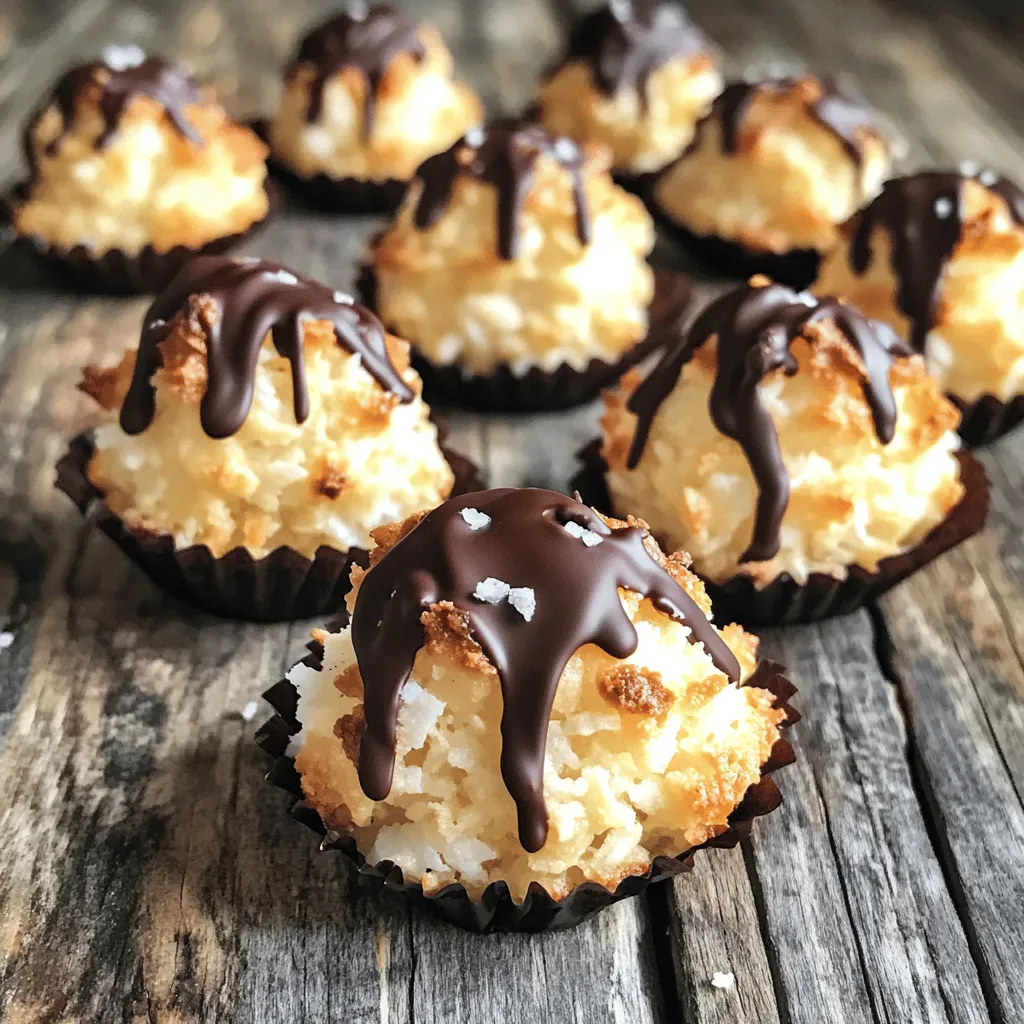 - 3 cups shredded unsweetened coconut - 2/3 cup sweetened condensed milk - 1 teaspoon vanilla extract - 1/4 teaspoon sea salt - 2 large egg whites - 1/4 teaspoon almond extract (optional) - 1 cup dark chocolate chips (for drizzling) Coconut macaroons need simple and tasty ingredients. Shredded coconut gives them a chewy bite. Sweetened condensed milk adds a sweet touch. Vanilla extract gives a nice flavor. A little sea salt balances the sweetness. Egg whites make the macaroons light and airy. You can add almond extract if you want a nutty hint. - Baking sheet - Parchment paper - Mixing bowls - Electric mixer - Rubber spatula - Ice cream scoop or tablespoon To make these delightful treats, you will need a few tools. First, grab a baking sheet and line it with parchment paper. This step keeps the macaroons from sticking. You need mixing bowls to combine the ingredients. An electric mixer helps whip the egg whites quickly. A rubber spatula is perfect for folding gently. Lastly, use an ice cream scoop or tablespoon to shape your macaroons. For the complete guide on making these delicious coconut macaroons, check the Full Recipe. - Preheat oven to 325°F (160°C). - Prepare the baking sheet with parchment paper. - Combine 3 cups of shredded coconut, 2/3 cup of sweetened condensed milk, 1 teaspoon of vanilla extract, and 1/4 teaspoon of sea salt in a mixing bowl. Mix well until the coconut is evenly coated. - In a clean bowl, whip 2 large egg whites until stiff peaks form. - Gently fold the whipped egg whites into the coconut mixture using a rubber spatula. Take care not to deflate the egg whites. - Using a tablespoon or an ice cream scoop, drop spoonfuls of the mixture onto the prepared baking sheet. Space them about 1 inch apart. - Bake for 15-20 minutes, or until the edges turn golden brown. - Once baked, let the macaroons cool for a few minutes on the baking sheet before moving them to a wire rack. - For an extra touch, melt 1 cup of dark chocolate chips and drizzle over the cooled macaroons. Allow the chocolate to set before serving. Follow the Full Recipe to ensure your macaroons turn out perfectly every time! Whipping egg whites is key for light and chewy macaroons. Whipped whites create air pockets, making them fluffy. Beat the egg whites until they form stiff peaks. This means the peaks stand tall without drooping. When you fold the whites into the coconut mix, do it gently. Use a rubber spatula to lift from the bottom. This helps keep the air in the whites. For even cooking, place your baking sheet in the center of the oven. This allows heat to circulate around the macaroons. Look for a golden edge on your macaroons. They should feel firm but soft in the center when done. To present your macaroons nicely, arrange them on a colorful plate. You can drizzle extra melted chocolate on top for a fun touch. Pair these treats with coffee or tea for a sweet snack. They also go well with a cold glass of milk. For more ideas, check out the Full Recipe for different serving styles. {{image_2}} You can easily switch up the flavors in coconut macaroons. Adding extracts boosts taste. Try coconut or lemon extract for a twist. A little almond extract adds a nutty note. You can also mix in spices like cinnamon or nutmeg. A bit of citrus zest gives a fresh kick. For a lighter version, use low-fat sweetened condensed milk. This keeps the macaroons moist without adding too many calories. You can also use sugar substitutes for sweetened condensed milk. Options like stevia or monk fruit keep the sweetness without the sugar. Chocolate is a great addition to coconut macaroons. You can drizzle dark, milk, or white chocolate on top. Each type adds a unique flavor. You can also dip the macaroons in chocolate. Dipping gives a nice coating, while drizzling adds a fun touch. Try both to see which you like best! For the full recipe, refer to the Coconut Bliss Macaroons section above. To keep your coconut macaroons fresh, store them in an airtight container. This will help keep them chewy and tasty. You can place a piece of parchment paper between layers. This prevents them from sticking together. For the best taste, store these macaroons in the fridge. They will stay fresh for about a week. If you want to keep them longer, freeze them. Frozen macaroons can last up to three months. Just make sure to wrap them well. If you want to enjoy your macaroons warm, reheating is easy. Place them in the oven at a low temperature, around 300°F (150°C). Heat for about five to ten minutes. This will keep them chewy and soft. Avoid using the microwave, as it can make them soggy. Instead, stick to the oven for that perfect texture. Enjoy your delightful treat anytime! What are the main differences between coconut macaroons and macaron? Coconut macaroons are chewy cookies made with shredded coconut. They are often sweet and sticky. Macaron, on the other hand, are French meringue cookies. They use almond flour and have a smooth shell. Macaron are filled with cream or ganache. Can coconut macaroons be made gluten-free? Yes, coconut macaroons are naturally gluten-free. They use coconut and egg whites instead of flour. Always check your ingredients to ensure no gluten is added. How can I adjust the recipe for serving size? You can double or halve the ingredients to fit your needs. For example, if you want 10 macaroons, use half of each ingredient in the Full Recipe. This keeps the texture and flavor the same. Is it possible to make these without egg whites? Yes, you can use aquafaba instead. Aquafaba is the liquid from canned chickpeas. It acts like egg whites when whipped. Use about 3 tablespoons of aquafaba for each egg white. What can I use instead of sweetened condensed milk? You can use coconut cream mixed with sugar. Heat the coconut cream and stir in sugar until dissolved. This mixture gives a similar sweetness and texture. Are there alternatives for shredded coconut? Yes, you can use desiccated coconut or flaked coconut. Just make sure they are unsweetened. This keeps your macaroons from being too sweet. You learned about making delicious coconut macaroons from scratch. We discussed the ingredients, tools, and steps you need to follow. I shared tips to achieve the perfect texture and also suggested fun variations. Storing and reheating your macaroons correctly keeps them tasty. Remember, experimenting with flavors can make your treats even better. Enjoy baking and tasting your own creations. These macaroons are sure to impress!