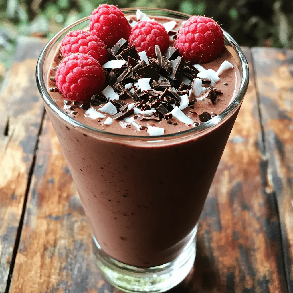 To make your tasty Chocolate Raspberry Smoothie, gather these main ingredients: - 1 cup fresh or frozen raspberries - 1 medium banana, frozen - 2 tablespoons unsweetened cocoa powder - 1 cup almond milk (or any preferred milk) - 1 tablespoon honey or maple syrup (adjust to taste) - 1 tablespoon chia seeds (optional, for added nutrition) - A pinch of sea salt Each ingredient adds flavor and health benefits. The raspberries provide sweetness and a burst of flavor. The frozen banana gives the smoothie a creamy texture. Cocoa powder adds rich chocolate taste. Almond milk keeps it light and refreshing. You can make your smoothie even better with these optional toppings: - Fresh raspberries - Dark chocolate shavings - Coconut flakes These toppings not only look nice, but they also add extra taste and texture. Let’s look at the benefits of the main ingredients. Raspberries are low in calories and high in fiber. They support heart health and help digestion. Bananas give you energy and potassium. Cocoa powder is rich in antioxidants, which are great for your body. Almond milk is a good dairy-free option, full of vitamins. With these ingredients, your Chocolate Raspberry Smoothie is not just delicious; it’s also good for you. For the full recipe, check the recipe details provided. Start by gathering all your ingredients. You will need: - 1 cup fresh or frozen raspberries - 1 medium banana, frozen - 2 tablespoons unsweetened cocoa powder - 1 cup almond milk (or any preferred milk) - 1 tablespoon honey or maple syrup (adjust to taste) - 1 tablespoon chia seeds (optional, for added nutrition) - A pinch of sea salt - Optional toppings: fresh raspberries, dark chocolate shavings, and coconut flakes Make sure your banana is frozen for a creamy texture. If you use fresh raspberries, they can add a nice tartness. Now it’s time to blend! In a blender, add the raspberries, frozen banana, cocoa powder, and almond milk. This mix gives you a rich chocolate flavor with a fruity kick. Next, add the honey or maple syrup. If you want more nutrition, toss in the chia seeds. The pinch of salt will help bring out the flavors. Blend everything on high until smooth. Stop to scrape down the sides if needed. Taste your smoothie. If it’s not sweet enough, add more honey or syrup. Blend again until it’s just right. Pour the smoothie into a glass. This drink looks great and tastes even better! For a lovely touch, add fresh raspberries, dark chocolate shavings, and coconut flakes on top. You can also serve it in a bowl and add toppings for a smoothie bowl. Enjoy this energizing treat! For the full recipe, check the section above. For a thick and creamy smoothie, use frozen raspberries and banana. They add great texture. If your smoothie is too thick, add a splash of almond milk. Blend it again until smooth. If it’s too thin, add a bit more banana or a few ice cubes. Taste your smoothie before serving. If it needs more sweetness, add honey or maple syrup. Start with a little; you can always add more. Remember, over-sweetening can mask the great flavors of chocolate and raspberry. A high-speed blender works best for a smooth finish. It crushes ice and blends fruits well. If you have a regular blender, cut the banana into smaller pieces. This helps it blend easier. A good blender makes all the difference in your smoothie. For the full recipe, check out the details above. Enjoy your Chocolate Raspberry Smoothie! {{image_2}} You can easily boost the nutrition of your smoothie. Adding protein helps keep you full. Try adding a scoop of protein powder or Greek yogurt. Both options mix well and add creaminess. If you want a green boost, spinach works great. It blends smoothly and adds vitamins without changing the taste. To make this smoothie dairy-free, use almond milk or coconut milk. Both add a lovely flavor. If you want it vegan, skip honey and use maple syrup. It sweetens nicely and is plant-based. This way, everyone can enjoy the smoothie! Mixing flavors can bring fun twists to your smoothie. You might add a little vanilla extract for warmth. A dash of cinnamon can also add depth. For a berry blast, toss in blueberries or strawberries. They pair well with chocolate and raspberries. Each option can take your smoothie to new heights. For the full recipe, check the main article! If you have leftover smoothie, pour it into a sealed container. Glass jars work best. Store it in the fridge. Drink it within 24 hours for the best taste. Shake or stir it well before drinking. The smoothie may separate as it sits. Freezing ingredients can save time and reduce waste. You can freeze fresh raspberries and bananas. Place them in a single layer on a baking sheet. Once frozen, transfer them to a freezer bag. This way, you can grab a handful for your next smoothie. Cocoa powder and chia seeds do not need freezing. Store them in a cool, dry place. The shelf life of your smoothie ingredients varies. Fresh raspberries last about 2 to 3 days in the fridge. Frozen raspberries stay good for about 6 to 12 months. Bananas last about 2 to 7 days when ripe. Cocoa powder and chia seeds can last well over a year when stored correctly. Always check for signs of spoilage before use. Yes, you can make this smoothie ahead of time. Blend the ingredients and store it in the fridge. It stays fresh for up to 24 hours. Give it a good shake or stir before drinking. This helps mix any settled ingredients. If you want to keep it longer, freeze it in ice cube trays. Later, blend the cubes for a cold treat. For the best flavor, use dark chocolate. It adds a rich taste and pairs well with raspberries. Look for chocolate with at least 70% cocoa. You can also use cocoa powder. It gives a deep chocolate flavor without added sugar. If you prefer milk chocolate, that works, too. Just remember it will be sweeter. To boost nutrition, add spinach or kale. They blend well and add vitamins without changing the taste much. You can also swap almond milk for a protein-rich milk like soy. Using unsweetened cocoa powder adds flavor without extra sugar. Lastly, add chia seeds for fiber and omega-3s. These changes make the smoothie both tasty and healthy. For the full recipe, check out the details above! You learned how to make a delicious chocolate raspberry smoothie. We covered key ingredients, optional toppings, and the health benefits they offer. You now know how to blend, serve, and store your smoothie. I shared useful tips for texture and sweetness adjustments. Plus, you discovered tasty variations and answers to common questions. Enjoy experimenting with your smoothie recipes. Make it your own and savor every sip!