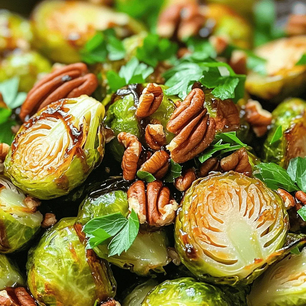 - 1 pound Brussels sprouts, trimmed and halved - 3 tablespoons olive oil - 1/4 cup pure maple syrup - 2 tablespoons balsamic vinegar - 1 teaspoon garlic powder - Salt and pepper to taste For this dish, the Brussels sprouts are key. They give a nice crunch and flavor. The olive oil adds moisture and helps the sprouts roast well. Maple syrup gives that sweet touch, while balsamic vinegar adds a hint of tang. Garlic powder, salt, and pepper round out the taste, making everything pop. - 1/4 cup pecans, chopped (optional for crunch) - Fresh parsley, chopped for garnish - Additional herbs and spices Adding chopped pecans gives a delightful crunch. They contrast well with the soft sprouts. Fresh parsley adds color and a fresh taste. You can also mix in other herbs, like thyme or rosemary, for extra flavor. These ingredients make the dish more fun and tasty. You can find the full recipe to get started on this delightful dish! Start by trimming the Brussels sprouts. Cut off the tough ends and any brown leaves. Next, slice each sprout in half. This helps them cook evenly. In a large bowl, mix the halved Brussels sprouts with olive oil. Add garlic powder, salt, and pepper to taste. Toss them well. You want every sprout to be coated. Preheat your oven to 400°F (200°C). This temperature is key for a nice roast. Once ready, spread the Brussels sprouts on a baking sheet. Make sure they are in a single layer, cut-side down. This helps them caramelize nicely. Roast them for about 20 minutes. You are looking for a golden brown color and a tender bite. While the sprouts roast, prepare the glaze. In a small saucepan, mix pure maple syrup and balsamic vinegar over medium heat. Stir it often until it simmers. Cook for about 5 minutes until it thickens slightly. This glaze adds a sweet and tangy flavor. After roasting, remove the sprouts from the oven. Drizzle the maple glaze over them. Toss gently to coat every sprout. If you want some crunch, sprinkle chopped pecans on top. Return the baking sheet to the oven for an extra 5 minutes. This helps the glaze caramelize. Finally, garnish with fresh parsley before serving hot. For the full recipe, check the earlier section. To get crispy Brussels sprouts, space them well on the baking sheet. If they are too close, they will steam instead of roast. This makes them soft rather than crispy. Place them cut-side down for the best caramelization. Adjust cooking time and temperature for your oven. If your sprouts are not browning, increase the heat to 425°F. Check them after 15 minutes. They might need a little more time, but watch closely! Store leftovers in an airtight container. This keeps them fresh for about three days in the fridge. To prevent sogginess, don’t stack them too high. When reheating, use the oven for the best texture. Preheat it to 350°F. Place the Brussels sprouts on a baking sheet for about 10 minutes. This helps them regain their crispiness. One big mistake is overcooking the Brussels sprouts. Keep an eye on them while roasting. They should be tender but still bright green. Another mistake is getting the glaze wrong. If it’s too thin, it won’t stick. If it’s too thick, it will burn. Aim for a thick but pourable consistency. This ensures a nice coat on the sprouts. For the full recipe, check out the details above. Enjoy making this tasty dish! {{image_2}} You can swap out maple syrup for honey or agave. Each sweetener brings a unique taste. Honey adds a floral note, while agave is milder. Adjust the amount based on the sweetness you like. This change can shift the flavor profile. Experimenting with sweeteners can make your dish stand out. Want more color? Try adding carrots or sweet potatoes. These veggies roast well and add sweetness. You can also throw in some leafy greens like kale or spinach. They add nutrition and a fresh look. Mixing different vegetables makes the dish more exciting and hearty. Spices can change the whole vibe of your dish. Using smoked paprika gives a warm, smoky flavor. Red pepper flakes can add a spicy kick. You can even explore spices from different cultures. Think of adding cumin for a hint of earthiness. These spices take your maple glazed Brussels sprouts to a new level. To keep your maple glazed Brussels sprouts fresh, use an airtight container. Glass or plastic containers work well. Make sure they seal tightly. Place the sprouts in the container and refrigerate. They stay good for up to three days. When you store them, try to keep the glaze separate if you can. This helps keep the texture right. If the glaze mixes in, the sprouts can get soggy. If you want to freeze your Brussels sprouts, start by cooling them down. Spread them out on a baking sheet in a single layer. This prevents them from sticking together. Freeze for about 2 hours. Once frozen, transfer them to a freezer bag. Remove as much air as you can. This helps preserve the flavor. To reheat, take them from the freezer and thaw in the fridge overnight. Then, bake them in the oven at 350°F (175°C) until hot. This method helps keep their taste and texture. Enjoy your delicious maple glazed Brussels sprouts anytime! For the full recipe, check out the details above. Yes, you can use frozen Brussels sprouts, but there are some things to know. Fresh Brussels sprouts have a better texture and taste. Frozen sprouts often lose some crunch and flavor during freezing. If you use frozen, thaw them first and pat them dry. This helps them roast better. Maple glazed Brussels sprouts can last for about 3 to 4 days in the fridge. Store them in an airtight container to keep them fresh. If you notice any signs of spoilage, like a strange smell or texture, it's best to throw them away. The best way to reheat maple glazed Brussels sprouts is in the oven. Preheat to 350°F (175°C). Place the sprouts on a baking sheet and heat for about 10 minutes. This keeps them crispy. You can also use a microwave, but they may turn mushy. To make them better, heat on a low setting and check often. For a great final touch, drizzle a bit more maple glaze before serving. In this blog post, we explored how to make delicious maple glazed Brussels sprouts. We covered the essential ingredients, steps for roasting, tips for perfect texture, and variations to enhance flavor. Remember, spacing on the baking sheet helps them crisp up. Use different sweeteners or veggies for a twist. Storing leftovers properly ensures they stay fresh. Follow these guidelines for a tasty side dish that impresses! Enjoy your cooking adventure and delight in each bite.