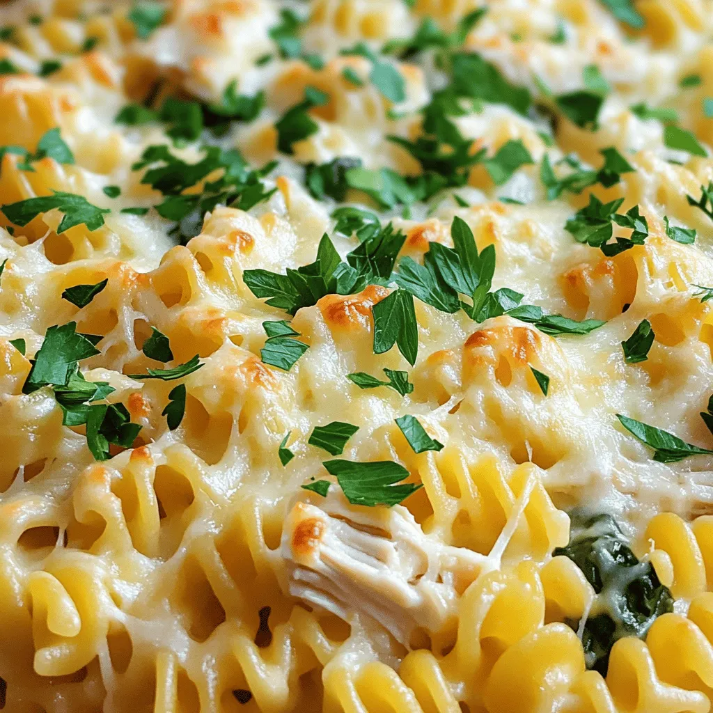 To make a tasty Chicken Alfredo Bake, you need some simple ingredients. Here’s what you will gather: - 2 cups cooked rotini pasta - 2 cups cooked chicken breast, shredded - 2 cups Alfredo sauce (store-bought or homemade) - 1 cup shredded mozzarella cheese - 1 cup grated Parmesan cheese - 1 cup fresh spinach, chopped - 1/2 teaspoon garlic powder - 1/2 teaspoon dried Italian herbs - Salt and black pepper to taste - Fresh parsley, chopped (for garnish) These ingredients work well together. The rotini pasta holds the sauce nicely. Shredded chicken adds protein and flavor. You can choose store-bought Alfredo sauce for ease or make your own for a personal touch. The blend of mozzarella and Parmesan gives a creamy, cheesy finish. Fresh spinach adds a pop of color and nutrition, making the dish a bit lighter. Don’t forget to season with garlic powder and Italian herbs. A pinch of salt and black pepper brings out all the flavors. Finally, garnishing with fresh parsley not only looks nice but adds a fresh taste. For the full recipe, follow the instructions closely to create this warm and comforting dish. Start by preheating your oven to 350°F (175°C). This step is key to getting that perfect bake. While the oven warms up, gather all your ingredients. You will need cooked rotini pasta, shredded chicken, Alfredo sauce, fresh spinach, mozzarella cheese, and Parmesan cheese. Don't forget your garlic powder, Italian herbs, salt, and pepper. Having everything ready makes cooking easier. In a large mixing bowl, combine the cooked rotini pasta and shredded chicken. Then, add the Alfredo sauce and chopped spinach. Sprinkle in the garlic powder, dried herbs, salt, and pepper. Mix everything well. Ensure that every piece of pasta and chicken is coated in the creamy sauce. This step makes sure all the flavors blend together nicely. Transfer the mixture into a greased 9x13-inch baking dish. Spread it out evenly. Now, sprinkle the mozzarella and Parmesan cheese on top. This cheese layer will melt and create a delicious crust. Bake this in your preheated oven for about 25-30 minutes. You want the cheese to be bubbly and golden brown. Once baked, take it out and let it cool for a few minutes. Garnish with fresh parsley before serving. This adds a nice touch and extra flavor. Enjoy your Chicken Alfredo Bake! For more details, check the Full Recipe. To make the best Chicken Alfredo Bake, start with quality ingredients. Use fresh chicken for great taste. Shred it finely for even mixing. Cook the pasta just until it's al dente. This keeps it from getting mushy in the oven. Mix all the ingredients well so every bite is flavorful. Bake until the cheese is bubbly and golden. Let it cool for a few minutes before serving. This helps the layers set. You can change a few ingredients if you need to. If you don’t have rotini, use penne or shell pasta. For the chicken, try rotisserie chicken for ease. You can swap Alfredo sauce for a creamy white sauce, too. If you're low on cheese, use just mozzarella or Parmesan. For a fresh twist, add broccoli or bell peppers. You can also try a vegan cheese if you want a plant-based option. Chicken Alfredo Bake pairs well with many sides. A simple green salad adds freshness. Garlic bread is perfect for sopping up the sauce. Roasted vegetables also make a great match. For a light side, serve steamed asparagus or green beans. If you want something warm, a bowl of soup can balance the meal. Enjoy your Chicken Alfredo Bake with these tasty sides! {{image_2}} You can make a tasty version without meat. Use cooked mushrooms or zucchini. Both add great flavor and texture. Replace chicken with 2 cups of your favorite veggies. Spinach works well too. Keep the same Alfredo sauce and cheese. This dish remains creamy and filling. If you love heat, this version is for you. Add red pepper flakes to the sauce for a kick. You can also mix in diced jalapeños for more spice. Adjust the amount based on your taste. Pairing with a cool salad can balance the heat nicely. For a low-carb meal, swap the pasta with cauliflower florets. This change cuts carbs while keeping it filling. You can also use zucchini noodles instead of rotini. The creamy Alfredo sauce still shines through. Enjoy this dish without the extra carbs. For more details on the basic recipe, check the Full Recipe. To keep your Chicken Alfredo Bake fresh, store it in an airtight container. Make sure to let it cool before sealing. This helps prevent moisture buildup. Place it in the fridge. It will stay good for about three to four days. If you want to enjoy it later, freezing is a great option. When you're ready to eat your leftovers, preheat your oven to 350°F (175°C). Place the Chicken Alfredo Bake in an oven-safe dish. Cover it with foil to keep it moist. Heat it for about 20-25 minutes until warm. You can also microwave it for a quicker option. Just use a microwave-safe bowl and heat it for 2-3 minutes. Stir halfway through to ensure even heating. If you want to freeze your Chicken Alfredo Bake, use a freezer-safe container. You can also wrap it tightly with plastic wrap before putting it in the container. This helps avoid freezer burn. It can last up to three months in the freezer. When you're ready to eat, let it thaw in the fridge overnight. Then, reheat as mentioned above. Enjoy your tasty meal anytime! It takes about 40 minutes to make Chicken Alfredo Bake. You need 15 minutes to prep and 25 to 30 minutes to bake. This means you can enjoy this dish in under an hour. The key is to watch the cheese. It should be bubbly and golden brown when done. Yes, you can use different types of pasta for this recipe. While I like rotini, penne or fusilli also work well. Just remember to cook the pasta before mixing it with the other ingredients. This step ensures that your pasta will not be too hard or mushy after baking. Chicken Alfredo Bake is great for meal prep. You can easily make it ahead and store it. Just prepare the dish but don’t bake it. Cover it tightly and store it in the fridge for up to two days. When you are ready, pop it in the oven and bake it. This makes it easy to have a tasty meal ready in no time! For the full recipe, check out the previous sections. You now have a clear guide to making a tasty Chicken Alfredo Bake. We covered the needed ingredients, steps, and helpful tips. You can easily adapt this dish with variations and store leftovers for later. Remember, the right balance of flavors and textures makes this meal shine. With a bit of practice, you can make this dish your own. Enjoy creating and sharing your Chicken Alfredo Bake with friends and family!