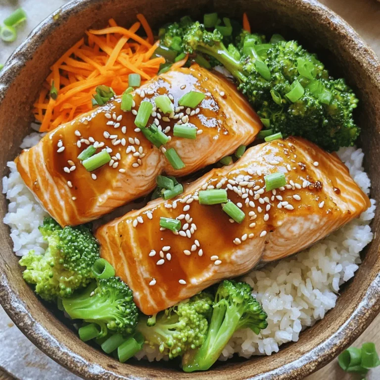 To make a tasty Teriyaki Salmon Rice Bowl, you need some key ingredients. Here’s what you’ll need: - 2 salmon fillets (about 6 oz each) - 1 cup sushi rice - 2 cups water - ½ cup teriyaki sauce (homemade or store-bought) - 1 tablespoon vegetable oil - 1 cup steamed broccoli florets - ½ cup shredded carrots - 2 green onions, sliced - Sesame seeds for garnish - Salt and pepper to taste These ingredients work together to create a delicious and filling meal. The salmon gives protein, while the rice makes it hearty. The veggies add color and crunch. When choosing teriyaki sauce, I recommend looking for quality brands. Some great options include: - Kikkoman - Soy Vay - Annie Chun's These brands offer a good balance of sweet and savory flavors. They make it easy to add rich taste to your dish. If you have time, homemade teriyaki sauce can take this dish to the next level. Feel free to mix in some optional ingredients to enhance your bowl. Here are a few ideas: - Avocado slices for creaminess - Edamame for extra protein - Nori strips for a salty bite Adding these can give your bowl a unique twist. You can customize it to fit your taste. Let your creativity shine as you make this dish your own! Start by rinsing the sushi rice. Use cold water and rinse until the water is clear. This step removes excess starch. It helps make the rice fluffy. Next, combine the rinsed rice with 2 cups of water in a medium saucepan. Bring this mixture to a boil. Once boiling, lower the heat, cover, and let it simmer for about 15 minutes. The goal is for the rice to be tender and absorb all the water. After cooking, remove the pan from heat. Let the rice sit, covered, for another 10 minutes. This resting time is important for perfect sushi rice. While the rice rests, heat 1 tablespoon of vegetable oil in a skillet over medium-high heat. Season your salmon fillets with salt and pepper. Once your skillet is hot, place the salmon fillets skin-side down. Cook the salmon for about 4-5 minutes until the skin is crispy. After that, flip the salmon carefully. Pour ½ cup of teriyaki sauce over the fillets. Continue cooking for another 3-4 minutes. The salmon should be cooked through and flaky. This step adds great flavor and keeps the fish moist. Now it's time to put everything together. Fluff the sushi rice with a fork. Divide the rice evenly between two serving bowls. On top of the rice, place the teriyaki salmon fillet. Add steamed broccoli florets and shredded carrots for color and crunch. Drizzle any remaining teriyaki sauce from the pan over each bowl. This adds extra flavor. Finally, garnish your dish with sliced green onions and a sprinkle of sesame seeds. This step makes the dish look beautiful and adds a nice touch. Enjoy your teriyaki salmon rice bowl! For more details, check the Full Recipe. To get salmon just right, start with fresh fillets. Look for bright, moist fish. Pat the salmon dry with a paper towel. This helps the skin get crispy. Heat your skillet until it's hot. Place the salmon skin-side down. Cook it for about four to five minutes. Wait until the skin is golden and crispy. Flip the salmon gently. Pour teriyaki sauce over it. Cook for an extra three to four minutes. The fish should be flaky and tender. This method brings out the best flavors. Fluffy sushi rice is key to a great bowl. Rinse the rice well under cold water. Keep rinsing until the water runs clear. This removes excess starch. Use a 1:2 ratio of rice to water. One cup of rice needs two cups of water. Bring it to a boil, then simmer. Cover and let it cook for about 15 minutes. After cooking, let it rest for 10 minutes. Fluff the rice with a fork before serving. This step makes your rice light and airy. Avoid the common mistake of overcooking the salmon. Keep an eye on the color and texture. If it’s dry, you’ve cooked it too long. Don’t skip rinsing the rice. This is vital for good texture. Also, don’t skip the resting time after cooking. This allows the rice to finish steaming. Lastly, don’t rush the assembly of your bowl. Take time to layer the rice, salmon, and veggies. A well-assembled bowl looks and tastes better. Follow these tips for a perfect teriyaki salmon rice bowl. For the complete recipe, check the Full Recipe. {{image_2}} You can switch the salmon for chicken or tofu. Chicken thighs work well and get juicy when cooked. Simply season them with salt and pepper. Cook them until they are golden brown and fully cooked. If you pick tofu, choose firm or extra-firm tofu. Cut it into cubes, then pan-fry until crispy. Pour the teriyaki sauce over the cooked protein for great flavor. Feel free to mix in your favorite veggies. Bell peppers, snap peas, or bok choy add color and crunch. You can also try using spinach or zucchini for a more diverse taste. Steam or sauté the vegetables to keep them bright and tasty. Customize your bowls based on what you love or have on hand. This way, every meal feels fresh and unique. While teriyaki sauce is a star, many other sauces can shine too. Consider using a sweet chili sauce for a spicy kick. A soy sauce and ginger mix also brings a nice depth. For a tangy twist, try a sesame dressing. Each sauce will change the flavor and feel of your dish. Don't hesitate to experiment! Add a drizzle of your favorite sauce to keep things exciting. For the complete method and details, check the Full Recipe. To keep your teriyaki salmon rice bowl fresh, store leftovers in an airtight container. Make sure to separate the rice from the salmon and veggies if possible. This helps maintain texture and flavor. Store it in the fridge and use it within 2-3 days for the best taste. When reheating, I recommend using the microwave for quick results. Place the rice and salmon in a microwave-safe dish. Add a splash of water to the rice to keep it moist. Cover the dish with a lid or microwave-safe wrap. Heat on medium power for 1-2 minutes, checking until warm. For better texture, reheat the salmon in a skillet over low heat. You can freeze the teriyaki salmon rice bowl for longer storage. Pack the cooled salmon, rice, and veggies in separate freezer-safe bags or containers. Label each with the date. To thaw, place them in the fridge overnight. Reheat as described above. Keep in mind, the texture may change slightly after freezing, but the flavor will still be delicious. For the full recipe, refer back to the beginning of this article. Yes, you can use frozen salmon. Just be sure to thaw it first. Place it in the fridge overnight or run it under cold water. This will help keep the salmon moist. Cook it just like fresh salmon. The flavor will still be great! If you can't find sushi rice, use jasmine or short-grain rice. These types work well, too. They have a similar sticky texture. Rinse any rice you choose under cold water. This removes excess starch and helps it cook better. To make teriyaki sauce at home, you need just a few simple ingredients. Combine soy sauce, honey, garlic, and ginger in a small pot. Heat it over medium heat until it simmers. Stir until the honey dissolves. Let it cool a bit to thicken. Now you have a tasty sauce for your salmon! - Full Recipe for Teriyaki Salmon Rice Bowl In this guide, I shared how to make a tasty teriyaki salmon rice bowl. We talked about the key ingredients, step-by-step cooking tips, and common mistakes to avoid. You can mix it up with different proteins and veggies. Remember, storing your leftovers right keeps them fresh. Try using frozen salmon or making homemade teriyaki sauce when needed. This dish is simple and can be made your own. Enjoy cooking and make it a fun meal for everyone!