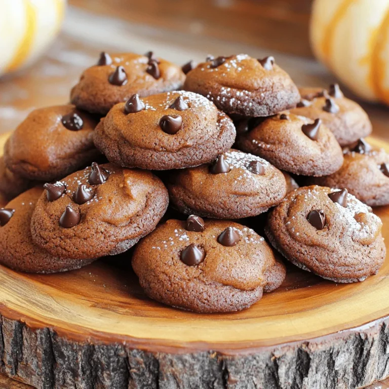 To make these tasty cookies, gather the following ingredients: - 1 cup pumpkin puree - 1/2 cup unsweetened cocoa powder - 1 cup brown sugar, packed - 1/2 cup granulated sugar - 1/2 cup unsalted butter, melted - 1 large egg - 1 teaspoon vanilla extract - 1 1/2 cups all-purpose flour - 1 teaspoon baking soda - 1/2 teaspoon baking powder - 1/2 teaspoon cinnamon - 1/2 teaspoon nutmeg - 1/4 teaspoon salt - 1 cup semi-sweet chocolate chips If you need to swap ingredients, here are a few ideas: - Use applesauce for pumpkin puree if you're in a pinch. - Replace unsweetened cocoa powder with dark cocoa for a richer flavor. - You can use coconut oil instead of butter for a dairy-free option. - If you don’t have brown sugar, use white sugar and add a bit of molasses. - For a gluten-free version, try almond flour or a gluten-free blend in place of all-purpose flour. Want to make your cookies even more special? Here are some tasty add-ins: - Toss in chopped nuts like walnuts or pecans for a crunch. - Add dried fruit, like cranberries or raisins, for a sweet touch. - Try different chocolate chips, like white or dark chocolate, for variety. - A pinch of sea salt on top before baking can enhance the sweetness. - Add a sprinkle of pumpkin spice for an extra fall twist. You can find the complete recipe in the [Full Recipe]. Gather your ingredients first. This keeps the process smooth and quick. You will need: - 1 cup pumpkin puree - 1/2 cup unsweetened cocoa powder - 1 cup brown sugar, packed - 1/2 cup granulated sugar - 1/2 cup unsalted butter, melted - 1 large egg - 1 teaspoon vanilla extract - 1 1/2 cups all-purpose flour - 1 teaspoon baking soda - 1/2 teaspoon baking powder - 1/2 teaspoon cinnamon - 1/2 teaspoon nutmeg - 1/4 teaspoon salt - 1 cup semi-sweet chocolate chips Start by preheating your oven to 350°F (175°C). Line a baking sheet with parchment paper to prevent sticking. In a large bowl, mix the pumpkin puree with melted butter, brown sugar, and granulated sugar. Whisk until the mixture is smooth. Next, add the egg and vanilla extract. Mix until everything is well combined. In another bowl, combine the flour, cocoa powder, baking soda, baking powder, cinnamon, nutmeg, and salt. Slowly add this dry mix to the pumpkin mixture. Stir gently until just combined. Don’t overmix, or your cookies may be tough. Finally, fold in the chocolate chips evenly. Using a tablespoon or a cookie scoop, drop heaping spoonfuls of dough onto the prepared baking sheet. Space them about 2 inches apart. This allows for spreading. Bake for 12-15 minutes. The edges should be set, and the tops should look slightly cracked. After baking, let the cookies cool on the sheet for about 5 minutes. This helps them firm up. Then transfer them to a wire rack to cool completely. For a fun touch, stack the cookies on a platter and dust with powdered sugar. They also taste great warm, especially with a scoop of vanilla ice cream. Enjoy your tasty fall treat! For the complete details, check the Full Recipe. To bake the best brownie batter pumpkin cookies, follow these tips: - Use room temperature ingredients. This helps your batter mix well. - Measure your flour carefully. Too much flour can make cookies dry. - Don’t overmix the dough. Mix just until combined for soft cookies. - Chill the dough for 30 minutes. This helps cookies hold their shape. - Test your oven temperature. An oven thermometer can help with this. Here are some mistakes to watch out for: - Skipping the parchment paper. It helps cookies bake evenly and prevents sticking. - Using too much cocoa powder. Stick to half a cup for balance. - Not checking the cookies. Bake until edges are set to avoid dryness. - Forgetting to fold in chocolate chips. This adds yummy bursts of flavor. These cookies are great on their own, but consider these pairs: - Serve warm with a scoop of vanilla ice cream for a tasty treat. - Top with whipped cream and a sprinkle of cinnamon for extra flair. - Pair with a cup of hot cocoa or spiced chai for a cozy vibe. - Stack them on a platter and dust with powdered sugar for a pretty look. For the full recipe, check the details above! {{image_2}} To make these cookies gluten-free, swap the all-purpose flour with a gluten-free blend. Look for a mix that includes xanthan gum. This will help the cookies hold their shape. Follow the full recipe as usual. The result will be just as tasty and delightful! If you want a vegan version, replace the egg with a flax egg. Mix one tablespoon of ground flaxseed with three tablespoons of water. Let it sit for five minutes to thicken. Use coconut oil instead of butter for added richness. Choose a plant-based milk chocolate for the chips. Your cookies will still be soft and delicious! Feel free to get creative with flavors. Add a teaspoon of espresso powder to enhance the chocolate taste. Chopped nuts like walnuts or pecans can add crunch. You can also mix in dried fruit, like cranberries or raisins, for a sweet twist. Each variation brings a new taste to your Brownie Batter Pumpkin Cookies. To keep your Brownie Batter Pumpkin Cookies fresh, place them in an airtight container. They stay soft and tasty for up to a week. You can also layer them with parchment paper to prevent sticking. If you want to keep them longer, consider freezing them. Freezing is a great way to save cookies for later. First, allow the cookies to cool completely. Then, place them in a single layer on a baking sheet. Freeze for about an hour, until firm. After that, transfer them to a freezer-safe bag or container. They can last for up to three months this way. When you’re ready to enjoy your frozen cookies, reheat them for the best taste. Preheat your oven to 350°F (175°C). Place the cookies on a baking sheet and heat for about 5-7 minutes. This warms them up and makes them soft again. You can also use the microwave; just heat for 10-15 seconds. Enjoy them warm for a cozy fall treat! For the full recipe, check out the earlier sections. Yes, you can use fresh pumpkin. Just make sure to cook and puree it first. Fresh pumpkin gives a nice taste and texture. It may change the moisture level slightly. So, adjust your dry ingredients if needed. You will know the cookies are done when the edges feel firm. The tops should look slightly cracked. They may still feel soft in the middle. Let them cool a bit on the sheet to finish baking. These cookies go great with a scoop of vanilla ice cream. You can also serve them with a big glass of milk. A drizzle of caramel or chocolate sauce adds a nice touch. For a fun twist, try pairing them with spiced chai tea. You can find the Full Recipe for more tips on serving these delicious cookies. You now have all the details to make delicious Brownie Batter Pumpkin Cookies. From ingredients to step-by-step instructions, you can create the best treats. Remember, choosing the right ingredients and avoiding common mistakes will help you bake perfectly each time. Explore the fun variations and store your cookies well for later. I hope you enjoy these cookies as much as I do. Happy baking!
