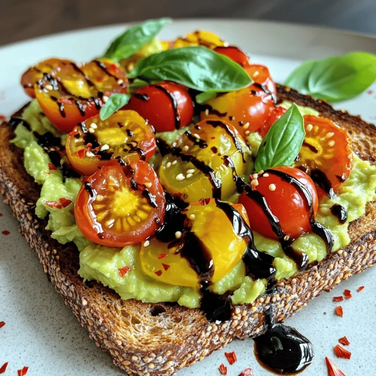 - 2 ripe avocados - 4 slices of whole grain bread - 1 cup cherry tomatoes, halved - 1 tablespoon olive oil - 1 teaspoon balsamic glaze - 1 teaspoon lemon juice - Salt and freshly cracked black pepper, to taste - Fresh basil leaves for garnish - Optional: Red pepper flakes for heat Avocado tomato toast is vibrant and fresh. It brings together simple ingredients for a delightful meal. You need ripe avocados, whole grain bread, and cherry tomatoes. Ripe avocados are key. They should feel soft but not mushy. Whole grain bread adds great texture. I prefer it toasted for extra crunch. For the cherry tomatoes, I recommend using sweet, fresh ones. Halving them helps release their juices. You can drizzle them with balsamic glaze for a sweet touch. Olive oil and lemon juice enhance the avocado's flavor. Season with salt and cracked black pepper. This step makes the dish pop. Fresh basil leaves add a fragrant touch. If you like heat, sprinkle some red pepper flakes on top. This mix of flavors makes every bite a joy! Find the full recipe above for step-by-step guidance. Enjoy this quick and healthy meal! Toast whole grain bread slices until golden brown and crispy. This step is key for a great base. I love a crispy toast; it adds a nice crunch. Aim for about 3 to 5 minutes in a toaster or oven. Keep a close eye on it to avoid burning. Next, prepare the avocado spread. Scoop out the ripe avocados and place them in a bowl. Use a fork to mash them until they are creamy but still chunky. This gives the spread texture. Now, add one teaspoon of lemon juice and one tablespoon of olive oil. Mix in salt and freshly cracked black pepper to taste. This blend brings out the avocado's flavor. Once the bread is toasted, it's time to assemble. Spread a generous layer of the avocado mixture on each slice. Then, top with halved cherry tomatoes. You can toss the tomatoes with balsamic glaze, salt, and pepper for extra flavor. Arrange them nicely for a pretty look. Finally, garnish with fresh basil leaves. If you like heat, sprinkle red pepper flakes on top. Serve immediately for the best taste and texture. Enjoy your fresh and flavorful avocado tomato toast! For the full recipe, check out the section above. When you pick avocados, look for ones that are slightly soft when you press them gently. This means they are ripe and ready to eat. Hard avocados will not mash well. If they feel too soft, they might be overripe. Always check for dark spots; these can mean the avocado is bad. For the best flavor and texture, use fresh cherry tomatoes. They add a sweet burst to each bite. Slice them in half to expose their juicy insides. Toss them with a little balsamic glaze, salt, and pepper. This mix enhances their natural sweetness and brings out their best qualities. Serve your avocado tomato toast with a light side salad for a fresh meal. This adds crunch and balance. You can also enjoy it as a quick snack. Pairing it with a smoothie can make it a perfect breakfast option. If you want to spice things up, a sprinkle of red pepper flakes adds a nice kick. For the complete recipe, check out the Full Recipe section. {{image_2}} You can add protein to your avocado tomato toast. Poached eggs or feta cheese work well. Both options boost nutrition and flavor. The creamy egg yolk pairs nicely with the avocado. Feta adds a salty bite that balances the sweet tomatoes. Do you like heat? Try adding different spices or flavored oils. A sprinkle of smoked paprika can add depth. You can also drizzle chili oil for a spicy kick. Fresh herbs like cilantro or dill can brighten the dish. Experiment to find your favorite flavor combo. Using seasonal ingredients can enhance your toast. Think about adding radishes or cucumbers for crunch. These veggies add freshness and color. You can also swap tomatoes for fresh strawberries in summer. The mix of sweet and savory will surprise you. For more ideas, check out the Full Recipe. To keep your avocado spread fresh, store it in an airtight container. This helps prevent browning. However, you should consume it within 1-2 days. The longer it sits, the more flavor it loses. A little lemon juice can also help keep it vibrant. For the best taste and texture, toast your bread just before serving. Toasting later may make the bread soggy. If you have leftover toast, try to enjoy it fresh. You can add more toppings if you want to give it a new life. If you have leftover cherry tomatoes, store them in the refrigerator. They will stay fresh for a few days. Keep them in a container that allows air flow. This helps maintain their flavor and texture longer. Simply omit any additional animal products and stick to the plant-based ingredients. This means no cheese, butter, or eggs. Focus on ripe avocados, fresh tomatoes, and a good quality bread. You will still enjoy a tasty and satisfying meal. Yes, any bread you prefer works; gluten-free options are also acceptable. Whole grain bread adds flavor and nutrition, but feel free to use your favorite type. Sourdough, rye, or even bagels can give you a unique twist. A mix of vinegar and honey or a splash of lemon juice can work as a substitute. This will still give your dish a nice tangy flavor. You can also try apple cider vinegar for a different taste. This blog post guided you through making a delicious avocado toast. We covered the main ingredients, preparation steps, and tips for the best flavors. You learned how to store leftovers and even explored variations for extra nutrition. Avocado toast is easy and versatile, making it perfect for any meal. Enjoy the fresh taste and feel free to get creative with toppings. Eating healthy can be fun and tasty!