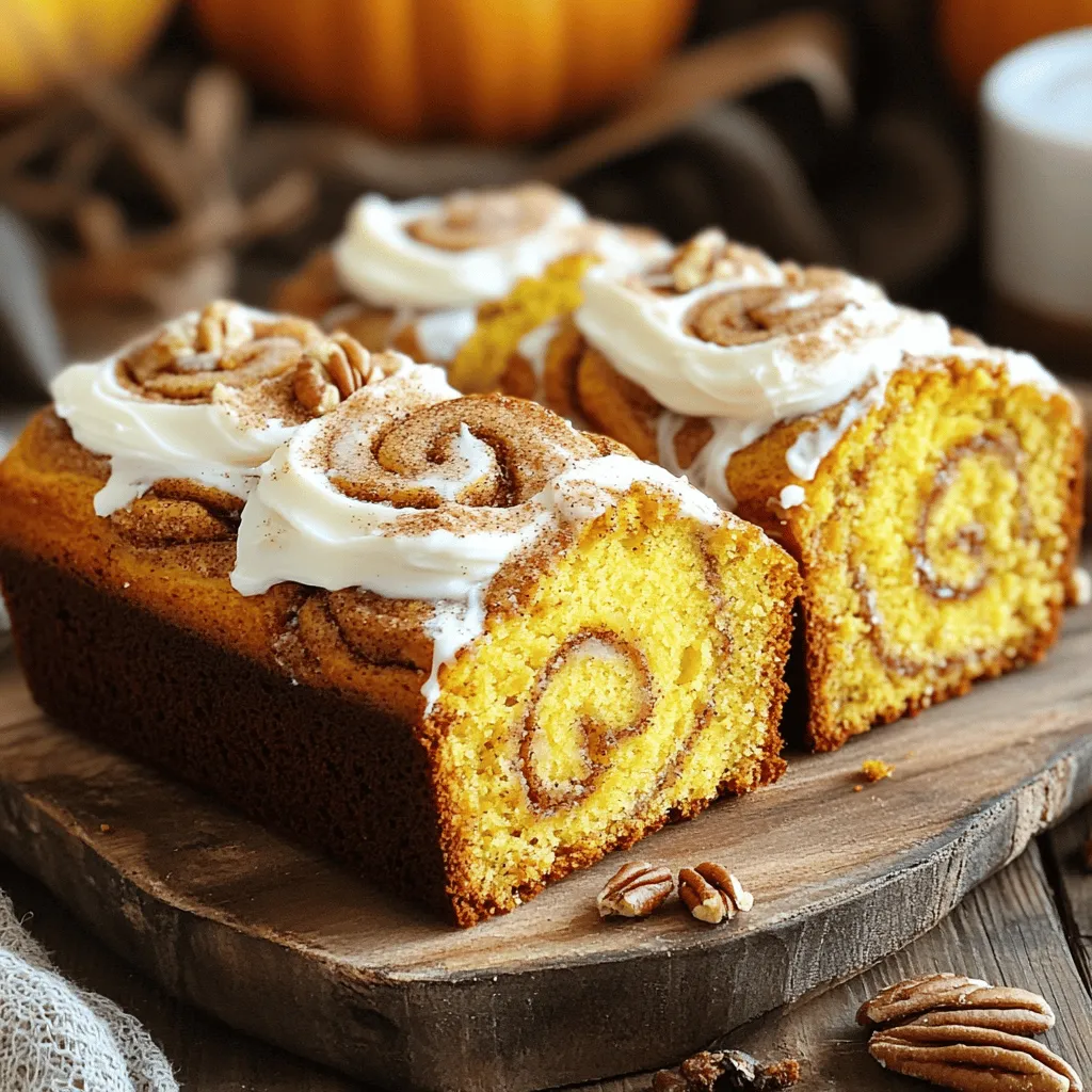 To make Cinnamon Roll Pumpkin Bread, you need simple and tasty ingredients. Here’s what you will need: - 1 ½ cups canned pumpkin puree - ½ cup vegetable oil - 1 cup granulated sugar - 1 cup brown sugar, packed - 4 large eggs - 2 teaspoons vanilla extract - 2 cups all-purpose flour - 1 teaspoon baking powder - 1 teaspoon baking soda - 1 teaspoon salt - 1 teaspoon ground cinnamon - ½ teaspoon ground nutmeg - ½ teaspoon ground ginger - ⅓ cup cinnamon-sugar mixture (1/3 cup sugar mixed with 1 tablespoon ground cinnamon) - 1 cup chopped pecans or walnuts (optional) - 1 cup cream cheese frosting (store-bought or homemade) Each ingredient plays a role in making this bread moist and flavorful. The pumpkin adds richness, while spices bring warmth. The combination of sugars creates a lovely sweetness. You can include nuts for crunch, or skip them if you prefer. For an extra treat, drizzle cream cheese frosting on top after baking. This recipe is truly a sweet and simple delight! For the full recipe, check the section above. - Preheat oven to 350°F (175°C) - Grease and flour a 9x5-inch loaf pan Start by preheating your oven. This helps the bread rise well. While the oven warms up, grease and flour your loaf pan. This step prevents the bread from sticking. - Combine pumpkin, oils, sugars, eggs, and vanilla extract In a large bowl, mix the pumpkin puree, vegetable oil, and both sugars. Add in the eggs and vanilla extract. Whisk these ingredients together until smooth. This mixture will make your bread moist and flavorful. - Combine flour, baking powder, baking soda, and spices In another bowl, whisk together the flour, baking powder, baking soda, salt, and spices. This includes cinnamon, nutmeg, and ginger. Mixing dry ingredients well ensures the spices spread evenly in your bread. - Gradually mix dry into wet ingredients, avoiding overmixing Now, slowly add the dry mix into the wet mix. Stir gently until just combined. Be careful not to overmix. This keeps your bread soft and tender, which is what you want! - Pour batter into the pan, layered with cinnamon-sugar mixture Pour half of the batter into the prepared pan. Then, sprinkle half of the cinnamon-sugar mixture over the top. Pour the rest of the batter in and top it with the remaining cinnamon-sugar. This creates delicious swirls in the bread. - Bake for 55-65 minutes, cool in the pan for 10 minutes Place the loaf pan in the oven. Bake for 55 to 65 minutes. Check if it's done by inserting a toothpick in the center. If it comes out clean, your bread is ready! Once baked, let it cool in the pan for 10 minutes. After that, move it to a wire rack to cool completely. Delight in the sweet aroma as your Cinnamon Roll Pumpkin Bread fills your kitchen! For the full recipe, check the earlier section. To make sure your cinnamon roll pumpkin bread stays soft and tender, pay attention to mixing. Overmixing can make the bread tough. Mix your wet and dry ingredients just until they blend. You want small lumps to remain. This keeps the bread light and fluffy. Want to boost the flavor of your bread? Try adding extra spices. Consider using cardamom or allspice for a warm twist. You might also mix in some vanilla bean for a rich aroma. These small changes can elevate your cinnamon roll pumpkin bread to new heights. Frosting can add a special touch to your bread. I love cream cheese frosting for its rich taste. You can spread it on top of the cooled bread or drizzle it for a nice look. If you want a lighter option, try a simple glaze made with powdered sugar and milk. Just mix until smooth and pour it over. {{image_2}} You can add fun flavors to your Cinnamon Roll Pumpkin Bread. I love adding chocolate chips or nuts. Here are some ideas: - Use 1 cup of chocolate chips for a sweet twist. - Try 1 cup of chopped pecans or walnuts for a crunchy texture. - Mix in dried fruit like cranberries or raisins for a fruity bite. These additions bring new life to a classic recipe. Experiment and find your favorite mix! Want a dairy-free version? No problem! You can easily switch ingredients. Here are some tips: - Replace cream cheese frosting with a dairy-free alternative. - Use almond milk or oat milk instead of regular milk. - Choose a plant-based oil like coconut oil for moisture. These swaps keep the bread moist and tasty while meeting dietary needs. Want to change the flavor? There are many ways to add different tastes! Here are a few ideas: - Mix in 1/4 cup of maple syrup for a sweet, rich flavor. - Add 1/2 teaspoon of ground ginger for a spicy kick. - Experiment with orange zest for a fresh, citrus touch. These tweaks can make your bread unique and delicious. Just have fun with it! For the full recipe, check out the details above. To keep your cinnamon roll pumpkin bread fresh, store it in the pantry. Wrap it well in plastic wrap or foil. This helps keep moisture in and air out. You can also store it in an airtight container. If you want to enjoy it later, freeze it. Slice the bread first for easy thawing. Place slices in a freezer bag. Remove as much air as possible before sealing. To keep your bread fresh, wrap it tightly in plastic wrap. You can also use aluminum foil for extra protection. If you have leftover cream cheese frosting, store it separately. Keep it in the fridge in a small container. This way, you can frost your bread before serving. Avoid storing bread in the fridge, as it can dry out quickly. To reheat your cinnamon roll pumpkin bread, use the oven or microwave. If using the oven, preheat it to 350°F (175°C). Wrap the bread in foil to keep it moist. Heat for about 10-15 minutes. If you’re using a microwave, place a slice on a plate. Cover it with a damp paper towel. Heat for about 15-20 seconds. This will help retain the bread's moisture. Enjoy the warm, delicious flavor! Cinnamon Roll Pumpkin Bread lasts about 3 to 5 days at room temperature. To keep it fresh, wrap it tightly in plastic wrap or foil. You can also store it in an airtight container. If you see any mold or smell a sour scent, it's time to toss it out. Yes, you can freeze this bread! First, let it cool completely. Then, wrap it in plastic wrap and foil. Place it in a freezer bag. It can last for up to 3 months. To thaw, move it to the fridge overnight. For a quick thaw, leave it at room temperature for a few hours. You can enjoy this bread in many ways! Here are some ideas: - A warm cup of coffee or tea - A scoop of vanilla ice cream - Cream cheese spread on top - Fresh fruit like apples or pears - A drizzle of maple syrup These pairings enhance the flavors and make the meal even better. For the full recipe, check out the detailed steps above. In this post, we explored how to make delicious Cinnamon Roll Pumpkin Bread. You learned about essential ingredients, mixing methods, and baking tips. I shared ways to add flavor and variations to suit your taste. Storage tips help keep your bread fresh for longer. Cinnamon Roll Pumpkin Bread is easy and fun to make. With these tips, you'll impress family and friends. It's perfect for any occasion, from cozy mornings to festive gatherings. Enjoy every bite!