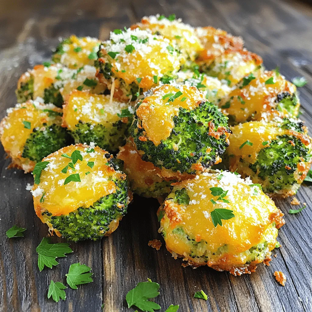 To make cheesy roasted broccoli bites, you need fresh or frozen broccoli. Fresh broccoli has a crisp texture. It adds flavor and nutrients. Frozen broccoli is convenient. It saves time and still tastes great. Next, cheese is key. I recommend sharp cheddar cheese for its strong flavor. You can also use mozzarella for a milder taste. Parmesan cheese adds a nice touch, making the bites even more savory. For the base, breadcrumbs are essential. You can choose plain or seasoned breadcrumbs for extra taste. If you need a gluten-free option, use gluten-free breadcrumbs instead. They work well and keep the bites light and crispy. Here’s the full list of ingredients you’ll need: - 2 cups broccoli florets (fresh or frozen) - 1 cup shredded sharp cheddar cheese - 1/2 cup breadcrumbs (preferably seasoned) - 1/4 cup grated Parmesan cheese - 1 large egg - 2 tablespoons olive oil - 1 tablespoon garlic powder - 1 teaspoon onion powder - Salt and pepper to taste - Fresh parsley for garnish (optional) These ingredients come together to create a delicious snack. You can enjoy them any time of day! 1. Preheat the oven and prepare the baking sheet Start by setting your oven to 400°F (200°C). This high heat helps in making the bites crispy. Line a baking sheet with parchment paper. This keeps the bites from sticking and makes cleanup easy. 2. Chop and prep the broccoli If you have fresh broccoli, wash it well. Chop it into small florets. Each piece should be about the size of a bite. If you use frozen broccoli, let it thaw. Make sure to drain any extra water. This helps the bites stay crisp. 3. Mix ingredients thoroughly In a large bowl, combine the chopped broccoli, shredded cheddar cheese, breadcrumbs, grated Parmesan cheese, egg, olive oil, garlic powder, onion powder, salt, and pepper. Mix all the ingredients well. You want the broccoli to be fully coated and the mix to be thick. 1. Form the mixture into bites Use your hands or a spoon to scoop the mixture. Form small balls, about 1 inch wide. Place the balls on the baking sheet. Leave some space between each ball for even cooking. 2. Baking details and timing Place the baking sheet in your preheated oven. Bake for 20 to 25 minutes. You’ll know they are done when they turn golden brown and look crispy. 3. Tips for checking doneness Keep an eye on the bites as they bake. If they look brown and smell great, they are likely ready. You can poke one with a fork to check if it's firm. Let them cool for a few minutes before eating. To get the best texture for your Cheesy Roasted Broccoli Bites, follow these tips: - Achieving the ideal texture: For crispy bites, make sure to chop the broccoli small. This helps them cook evenly and become crisp. If you want a softer bite, cook the broccoli briefly before mixing. - Adjusting seasoning for individual taste: Taste your mixture before baking. Add more garlic powder or cheese if you want stronger flavors. Everyone's taste is unique, so feel free to adjust as needed. - Best practices for mixing: Use your hands to mix the ingredients well. This ensures all the flavors blend and each piece of broccoli gets covered. Don't rush this step; it's key to great bites. When it's time to enjoy your bites, consider these ideas: - Pairing ideas (dips, sides): These bites go great with ranch dressing or a zesty yogurt dip. You can also serve them with a side salad for a complete meal. - Presentation tips: Arrange the bites on a nice platter. You can sprinkle some fresh parsley on top for color. It makes the dish look more inviting. - Storing leftovers for optimal freshness: Keep any leftovers in an airtight container in the fridge. They last about three days. If you want to enjoy them later, consider freezing them for future snacks. For the full recipe, check out the details above. Enjoy your cooking! {{image_2}} You can easily change a few things in the recipe to suit your taste. - Alternative cheeses: You can use mozzarella or gouda if you want a milder taste. Feel free to mix cheeses for a unique flavor. - Gluten-free breadcrumbs: If you need a gluten-free option, use crushed rice cereal or gluten-free breadcrumbs. This keeps the bites crispy without the gluten. - Adding spices for flavor enhancement: Sprinkle in some paprika or chili powder for a kick. You could also add herbs like oregano or thyme for a fresh twist. You can serve these cheesy broccoli bites in different ways. - Making bite-sized appetizers vs. larger patties: If you want fun snacks, shape them into small balls. For a meal, make them into larger patties. Both ways taste great! - Air frying method for a healthier option: Try air frying instead of baking! This method uses less oil and gives you a crispy finish. Just set the air fryer to 375°F (190°C) and cook for about 15 minutes, flipping halfway through. These variations make the recipe flexible and allow you to play with flavors. You can find the full recipe to get started with your cheesy broccoli bites. After you enjoy your cheesy roasted broccoli bites, store any leftovers in the fridge. Place them in an airtight container. This keeps them fresh for up to three days. When you want to eat them again, simply reheat them in the oven. Set the oven to 350°F (175°C) and bake for about 10 minutes. This will help them regain their crispy texture. If you want to keep these bites longer, freezing is a great option. Make sure they cool completely before you freeze them. Lay them out on a baking sheet and freeze for about an hour. Once frozen, move them to a freezer-safe bag. They can last for up to three months in the freezer. When you’re ready to enjoy them again, take them out and thaw in the fridge overnight. After they thaw, reheat them in the oven at 350°F (175°C) for about 15 minutes. This will make them warm and tasty once more. For the full recipe, check the earlier section. Yes, you can use frozen broccoli. Just make sure to thaw it first. Drain any extra water after thawing. This prevents soggy bites. Frozen broccoli works well and saves time. To make cheesy broccoli bites gluten-free, use gluten-free breadcrumbs. Many brands offer great options. You can also use crushed gluten-free crackers for a tasty crunch. Always check the labels to ensure they are gluten-free. These bites taste great with many sauces. Try ranch dressing for a cool dip. You can also use marinara sauce for a classic touch. A spicy sriracha mayo adds a fun kick. Experiment with your favorite sauces for a tasty twist. This blog covered the key ingredients and steps to make cheesy broccoli bites. I shared tips for perfecting the recipe and suggested various ways to enjoy them. Remember, you can swap ingredients and try new flavors. Store leftovers smartly for later enjoyment. Whether you serve them as bites or patties, they are sure to please. Experimenting with different cheeses and dips can take these bites to another level. Enjoy your cooking adventure!