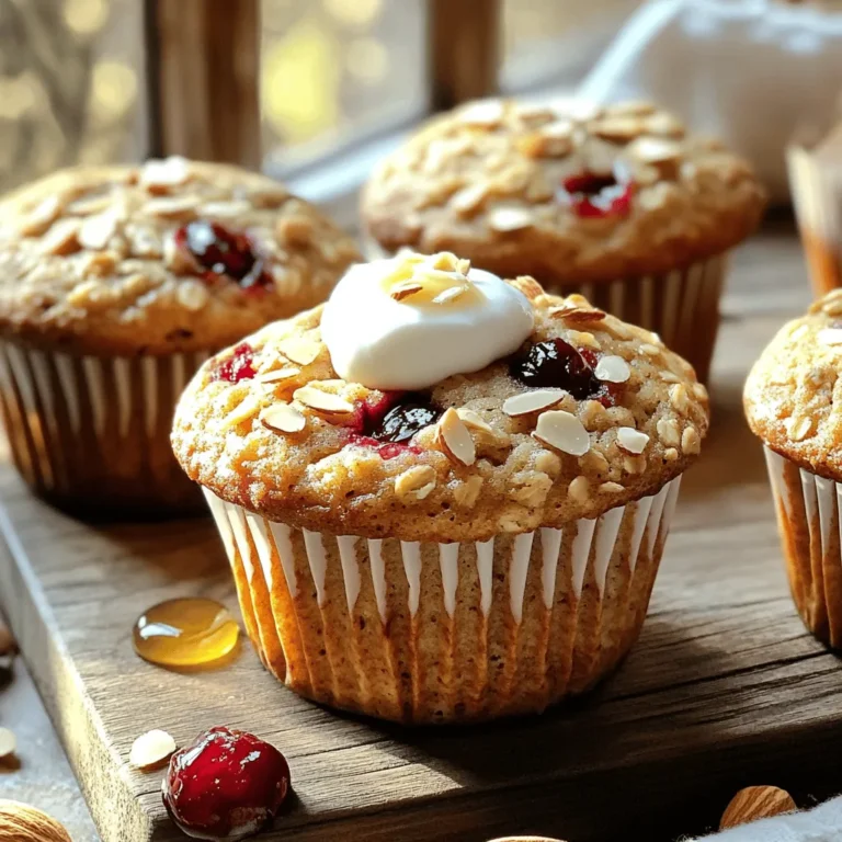 - 1 cup rolled oats - 1 cup almond milk - 1 cup all-purpose flour - 1/2 cup brown sugar - 1/2 cup almond flour - 1/2 teaspoon baking soda - 1 teaspoon baking powder - 1/4 teaspoon salt - 1/2 cup cherries, chopped - 1/4 cup slivered almonds - 1/2 teaspoon vanilla extract - 1/4 cup coconut oil, melted - 1 large egg or flax egg The ingredients for cherry almond oat muffins are simple and wholesome. You start with rolled oats, which give a nice texture. Almond milk makes these muffins moist and adds a light nutty flavor. All-purpose flour and almond flour blend well for the perfect crumb. Brown sugar adds sweetness, while baking soda and baking powder help the muffins rise. When it comes to cherries, you can choose fresh or frozen. They add a burst of flavor. Slivered almonds give a nice crunch. Vanilla extract enhances the overall taste, and melted coconut oil keeps things rich and moist. If you want a vegan option, just use a flax egg instead of a regular egg. - Calories per muffin: About 150 calories - Macronutrients: Each muffin has roughly 3g protein, 22g carbs, and 6g fat - Dietary considerations: These muffins can be made vegan and gluten-free by using almond flour and a flax egg. Using these ingredients, you can create a treat that is both tasty and nutritious. You can find the full recipe at the end of this section. - Step 1: Preheat your oven to 350°F (175°C). This helps the muffins bake evenly. - Step 2: In a medium bowl, soak 1 cup of rolled oats in 1 cup of almond milk. Let it sit for about 10 minutes. This softens the oats and adds flavor. - Step 3: In a large bowl, combine the dry ingredients. Use 1 cup of all-purpose flour, 1/2 cup of brown sugar, 1/2 cup of almond flour, 1/2 teaspoon of baking soda, 1 teaspoon of baking powder, and 1/4 teaspoon of salt. Whisk until mixed. - Step 4: In a separate bowl, mix your wet ingredients. Combine 1/4 cup of melted coconut oil, 1/2 teaspoon of vanilla extract, and 1 large egg (or flax egg for vegan). Stir this into the soaked oats. - Step 5: Gradually mix the dry ingredients into the wet ingredients. Stir gently until just combined. It’s okay if the batter is a little lumpy. - Step 6: Fold in 1/2 cup of chopped cherries and 1/4 cup of slivered almonds. Reserve some almonds for the top. - Step 7: Spoon the batter into a lined muffin tin. Fill each cup about 3/4 full. Sprinkle the reserved almonds on top. Bake for 18-20 minutes. Check doneness by inserting a toothpick; it should come out clean. Let the muffins cool in the tin for 5 minutes, then transfer to a wire rack. For the full recipe and all the details, check the [Full Recipe]. Enjoy your tasty muffins! To make your muffins creamier, let the oats soak longer. I suggest soaking them for at least 15 minutes. This helps the oats absorb more moisture. When mixing, avoid overmixing the batter. A few lumps are okay. This keeps your muffins light and fluffy. Spices can take your muffins to new heights. You can add a dash of cinnamon for warmth or a hint of nutmeg for depth. Sweeteners also matter. I like using honey or maple syrup for a natural touch. They add sweetness without overpowering the cherry flavor. These muffins taste great with a dollop of yogurt or a drizzle of honey on top. They make a perfect breakfast or snack. For freshness, store your muffins in an airtight container at room temperature. They will stay good for about three days. Enjoy them warm or at room temperature! If you want to make them last longer, check out the full recipe for storage tips. {{image_2}} You can switch up the fruits in these muffins. Blueberries, raspberries, or even strawberries work well. Each fruit adds its unique taste. Dried fruits like raisins or cranberries also make a great choice. They add natural sweetness and chewiness to your muffins. If you want to change the nuts, try walnuts or pecans. Both give a nice crunch and flavor. You can also add seeds like chia or flaxseed for extra nutrients. These seeds boost fiber and omega-3s, making your muffins even healthier. For a vegan version, use a flax egg instead of a regular egg. For milk, almond milk is perfect, but any plant-based milk will do. If gluten is a concern, swap the all-purpose flour with almond flour. This makes the muffins gluten-free and adds a lovely nutty flavor. Feel free to explore these variations for your Cherry Almond Oat Muffins. The full recipe will guide you on how to create these tasty treats! You can store your Cherry Almond Oat Muffins at room temperature. They stay fresh for about three days. To keep them soft, place them in an airtight container. Let the muffins cool completely before sealing them. This helps prevent moisture buildup, which can make them soggy. If you want to save some muffins for later, freezing is a great option. Wrap each muffin in plastic wrap and then place them in a freezer bag. They can last up to three months in the freezer. When you're ready to eat one, just take it out and let it thaw at room temperature. For a warm treat, reheat the muffin in the oven at 350°F (175°C) for about 10 minutes. You can also microwave it for about 30 seconds. Keep an eye on your muffins for any signs of spoilage. If they start to feel hard or dry, they may be stale. A change in smell can also indicate spoilage. If you see mold, it's best to throw them away. Always trust your senses to determine if the muffins are still good to eat. Yes, you can use different flours in this recipe. Whole wheat flour adds more fiber. Oat flour gives a nice flavor. If you need gluten-free, almond flour works well. Just keep the ratio the same. Each type will change the texture a bit, but they will still taste great. To make these muffins nut-free, swap almond flour with oat flour or sunflower seed flour. You can also leave out slivered almonds. Try adding pumpkin seeds for crunch. These changes keep the muffins tasty and safe for those with nut allergies. Check for doneness with a toothpick. Insert it into the center of a muffin. If it comes out clean, the muffins are ready. You can also look for a golden top. They should spring back when lightly pressed. This way, you’ll enjoy perfectly baked muffins every time. These muffins are easy to make and filled with great flavors. You learned the key ingredients, like oats and cherries, and how to mix them. I shared tips for perfect texture and flavor. Remember, you can swap fruits and nuts to fit your taste. Store them right to keep them fresh longer. With these simple steps, you can bake delicious muffins anytime. Enjoy your baking journey and the tasty treats that follow!