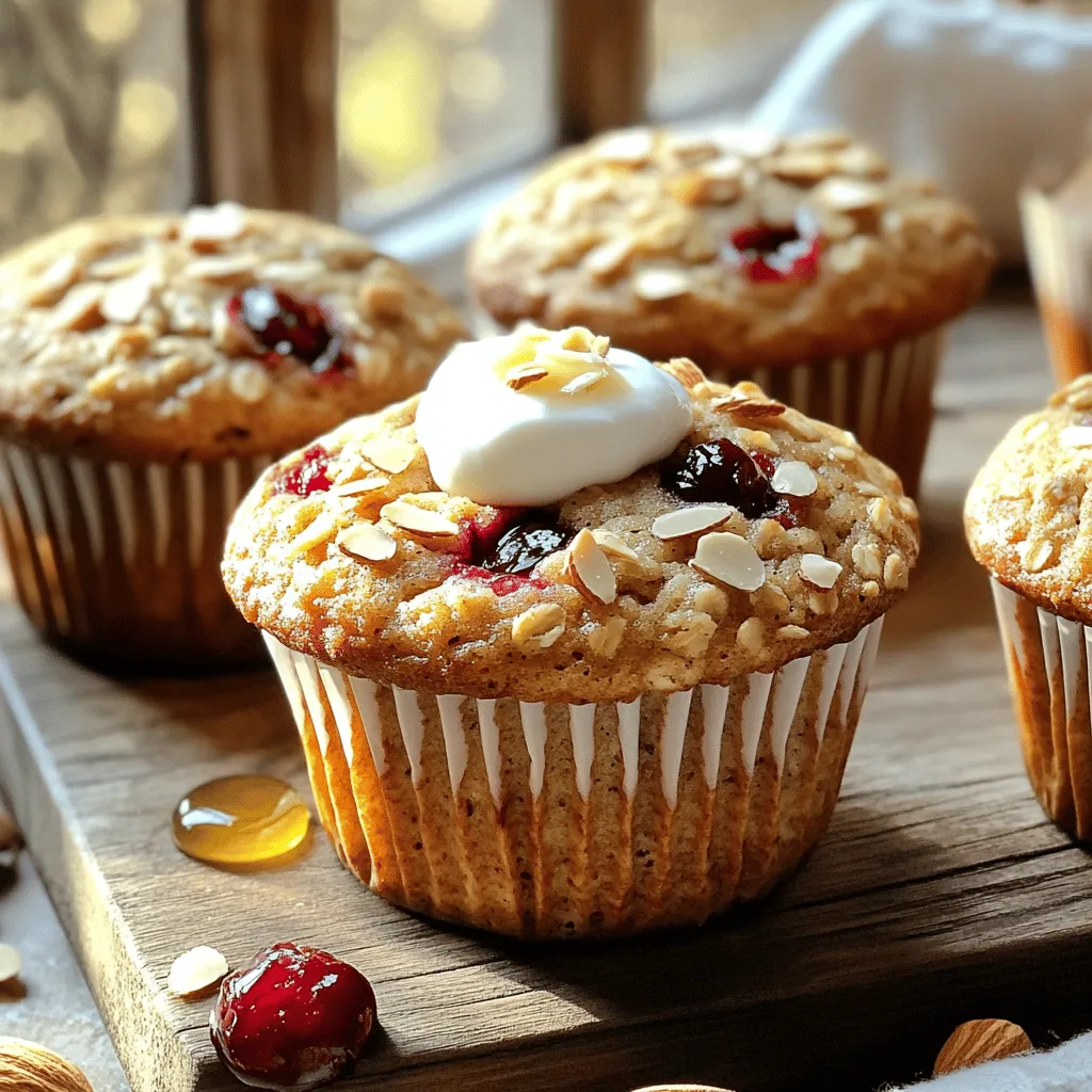 - 1 cup rolled oats - 1 cup almond milk - 1 cup all-purpose flour - 1/2 cup brown sugar - 1/2 cup almond flour - 1/2 teaspoon baking soda - 1 teaspoon baking powder - 1/4 teaspoon salt - 1/2 cup cherries, chopped - 1/4 cup slivered almonds - 1/2 teaspoon vanilla extract - 1/4 cup coconut oil, melted - 1 large egg or flax egg The ingredients for cherry almond oat muffins are simple and wholesome. You start with rolled oats, which give a nice texture. Almond milk makes these muffins moist and adds a light nutty flavor. All-purpose flour and almond flour blend well for the perfect crumb. Brown sugar adds sweetness, while baking soda and baking powder help the muffins rise. When it comes to cherries, you can choose fresh or frozen. They add a burst of flavor. Slivered almonds give a nice crunch. Vanilla extract enhances the overall taste, and melted coconut oil keeps things rich and moist. If you want a vegan option, just use a flax egg instead of a regular egg. - Calories per muffin: About 150 calories - Macronutrients: Each muffin has roughly 3g protein, 22g carbs, and 6g fat - Dietary considerations: These muffins can be made vegan and gluten-free by using almond flour and a flax egg. Using these ingredients, you can create a treat that is both tasty and nutritious. You can find the full recipe at the end of this section. - Step 1: Preheat your oven to 350°F (175°C). This helps the muffins bake evenly. - Step 2: In a medium bowl, soak 1 cup of rolled oats in 1 cup of almond milk. Let it sit for about 10 minutes. This softens the oats and adds flavor. - Step 3: In a large bowl, combine the dry ingredients. Use 1 cup of all-purpose flour, 1/2 cup of brown sugar, 1/2 cup of almond flour, 1/2 teaspoon of baking soda, 1 teaspoon of baking powder, and 1/4 teaspoon of salt. Whisk until mixed. - Step 4: In a separate bowl, mix your wet ingredients. Combine 1/4 cup of melted coconut oil, 1/2 teaspoon of vanilla extract, and 1 large egg (or flax egg for vegan). Stir this into the soaked oats. - Step 5: Gradually mix the dry ingredients into the wet ingredients. Stir gently until just combined. It’s okay if the batter is a little lumpy. - Step 6: Fold in 1/2 cup of chopped cherries and 1/4 cup of slivered almonds. Reserve some almonds for the top. - Step 7: Spoon the batter into a lined muffin tin. Fill each cup about 3/4 full. Sprinkle the reserved almonds on top. Bake for 18-20 minutes. Check doneness by inserting a toothpick; it should come out clean. Let the muffins cool in the tin for 5 minutes, then transfer to a wire rack. For the full recipe and all the details, check the [Full Recipe]. Enjoy your tasty muffins! To make your muffins creamier, let the oats soak longer. I suggest soaking them for at least 15 minutes. This helps the oats absorb more moisture. When mixing, avoid overmixing the batter. A few lumps are okay. This keeps your muffins light and fluffy. Spices can take your muffins to new heights. You can add a dash of cinnamon for warmth or a hint of nutmeg for depth. Sweeteners also matter. I like using honey or maple syrup for a natural touch. They add sweetness without overpowering the cherry flavor. These muffins taste great with a dollop of yogurt or a drizzle of honey on top. They make a perfect breakfast or snack. For freshness, store your muffins in an airtight container at room temperature. They will stay good for about three days. Enjoy them warm or at room temperature! If you want to make them last longer, check out the full recipe for storage tips. {{image_2}} You can switch up the fruits in these muffins. Blueberries, raspberries, or even strawberries work well. Each fruit adds its unique taste. Dried fruits like raisins or cranberries also make a great choice. They add natural sweetness and chewiness to your muffins. If you want to change the nuts, try walnuts or pecans. Both give a nice crunch and flavor. You can also add seeds like chia or flaxseed for extra nutrients. These seeds boost fiber and omega-3s, making your muffins even healthier. For a vegan version, use a flax egg instead of a regular egg. For milk, almond milk is perfect, but any plant-based milk will do. If gluten is a concern, swap the all-purpose flour with almond flour. This makes the muffins gluten-free and adds a lovely nutty flavor. Feel free to explore these variations for your Cherry Almond Oat Muffins. The full recipe will guide you on how to create these tasty treats! You can store your Cherry Almond Oat Muffins at room temperature. They stay fresh for about three days. To keep them soft, place them in an airtight container. Let the muffins cool completely before sealing them. This helps prevent moisture buildup, which can make them soggy. If you want to save some muffins for later, freezing is a great option. Wrap each muffin in plastic wrap and then place them in a freezer bag. They can last up to three months in the freezer. When you're ready to eat one, just take it out and let it thaw at room temperature. For a warm treat, reheat the muffin in the oven at 350°F (175°C) for about 10 minutes. You can also microwave it for about 30 seconds. Keep an eye on your muffins for any signs of spoilage. If they start to feel hard or dry, they may be stale. A change in smell can also indicate spoilage. If you see mold, it's best to throw them away. Always trust your senses to determine if the muffins are still good to eat. Yes, you can use different flours in this recipe. Whole wheat flour adds more fiber. Oat flour gives a nice flavor. If you need gluten-free, almond flour works well. Just keep the ratio the same. Each type will change the texture a bit, but they will still taste great. To make these muffins nut-free, swap almond flour with oat flour or sunflower seed flour. You can also leave out slivered almonds. Try adding pumpkin seeds for crunch. These changes keep the muffins tasty and safe for those with nut allergies. Check for doneness with a toothpick. Insert it into the center of a muffin. If it comes out clean, the muffins are ready. You can also look for a golden top. They should spring back when lightly pressed. This way, you’ll enjoy perfectly baked muffins every time. These muffins are easy to make and filled with great flavors. You learned the key ingredients, like oats and cherries, and how to mix them. I shared tips for perfect texture and flavor. Remember, you can swap fruits and nuts to fit your taste. Store them right to keep them fresh longer. With these simple steps, you can bake delicious muffins anytime. Enjoy your baking journey and the tasty treats that follow!