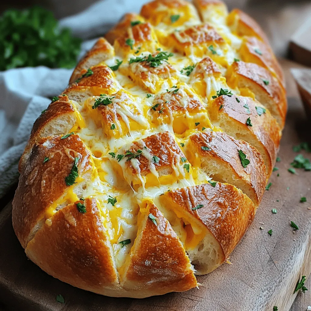 To make this tasty Pull Apart Cheesy Garlic Bread, you need: - 1 large sourdough loaf (or any soft bread) - 1/2 cup unsalted butter, melted - 4 cloves garlic, minced - 1 cup shredded mozzarella cheese - 1/2 cup shredded cheddar cheese - 1/4 cup freshly chopped parsley - 1 teaspoon garlic powder - Salt and pepper to taste You can switch some ingredients if needed. Here are some ideas: - Bread: Use any soft bread like ciabatta or French bread. - Butter: Olive oil works well as a lighter option. - Cheese: Try different cheeses like gouda or pepper jack for a kick. - Garlic: Use garlic powder if you do not have fresh garlic. Just reduce the amount. - Herbs: Swap parsley with basil or oregano for a twist. These simple swaps let you customize the bread to your taste. To make this dish, you’ll need a few kitchen tools: - A sharp knife for cutting the bread - A mixing bowl for the garlic butter - A pastry brush or spoon to apply the butter - Aluminum foil to wrap the bread - A baking sheet for easy handling These tools help make the process smooth and fun. Start with a large sourdough loaf. You want it soft and fresh. Use a sharp knife to cut the bread. Make a grid pattern on top, like diamonds or squares. Be careful not to cut all the way through the bottom. This keeps the bread intact while you stuff it. In a bowl, melt half a cup of unsalted butter. Add four minced garlic cloves to the bowl. Mix in one teaspoon of garlic powder, salt, and pepper to taste. Then, add a quarter cup of freshly chopped parsley. Stir until everything blends well. This mixture will add great flavor to your bread. Now it’s time to stuff the bread! Use a brush or a spoon. Drizzle the garlic butter mixture between the cuts. Make sure it seeps into the bread. Next, stuff in one cup of shredded mozzarella and half a cup of shredded cheddar cheese. Distribute the cheese evenly in the cuts. Wrap the loaf tightly in aluminum foil. Place it on a baking sheet for easy handling. Bake in a preheated oven at 375°F (190°C) for 15 minutes. After that, unwrap the foil. Bake for another 10 to 15 minutes. Look for the cheese to be melted and bubbly, with golden edges. Carefully take it out of the oven. Let it cool for a couple of minutes before serving. Enjoy your pull apart cheesy garlic bread! You can find the Full Recipe for more details. To get that perfect cheese pull, use a mix of cheeses. I love mozzarella and cheddar. They melt well and stretch nicely. Make sure to stuff the cheese deep in the cuts. This way, the cheese melts into the bread. When you pull apart a piece, the cheese should stretch. If it doesn’t, your cheese may not be melted enough. Next time, bake it a bit longer. Cutting the bread is key to this recipe. Use a sharp knife for clean cuts. Start by cutting a grid into the bread. Aim for diamond or square shapes. Do not cut all the way through the bottom. Leave a base to hold the bread together. This makes it easier to pull apart later. Take your time and enjoy the process. Serve your cheesy garlic bread warm for the best taste. It pairs well with soups and salads. Dip it in marinara sauce or garlic butter for extra flavor. Offer small plates or napkins for easy grabbing. You can also sprinkle extra parsley on top for a bright look. This makes the dish more appealing. For drinks, serve it with a nice wine or sparkling water. Try these tips for a fantastic cheesy garlic bread experience. For the full recipe, check out the details above. {{image_2}} You can change up the cheese in this recipe. Try using provolone for a sharper taste. Gouda adds a nice smoky flavor. If you love blue cheese, it gives a bold kick. Mix different cheeses for a fun twist. Cheddar and mozzarella work great together, but don’t stop there! Herbs and spices bring new life to your cheesy garlic bread. Consider adding dried oregano or basil for an Italian touch. A pinch of red pepper flakes adds heat without overwhelming the flavor. You can also try fresh thyme or rosemary for a fragrant twist. Experiment with what you like best! You can also make this dish gluten-free. Just use gluten-free bread instead of sourdough. For a vegan option, swap out the butter for a plant-based alternative. Use vegan cheese to keep it dairy-free. There are many tasty vegan cheeses on the market. Enjoy the same cheesy goodness without sacrificing your diet! For more ideas, check out the Full Recipe and get creative in the kitchen! To store leftover garlic bread, wrap it tightly in plastic wrap or foil. This keeps the bread fresh and stops it from drying out. Place it in an airtight container for extra protection. You can keep it at room temperature for up to two days. For longer storage, refrigerate it to keep it fresh for up to one week. Reheating garlic bread is easy. Preheat your oven to 350°F (175°C). Place the bread on a baking sheet. Cover it with foil to keep it from getting too hard. Heat for about 10-15 minutes. If you like it crispy, remove the foil for the last 5 minutes. You can also microwave it for 20-30 seconds if you're in a hurry, but the oven gives a better texture. Freezing garlic bread is a great option. Wrap it tightly in plastic wrap, then in foil. This prevents freezer burn. You can freeze it for up to three months. When you're ready to eat it, thaw it in the fridge overnight. Reheat it in the oven as mentioned above. This way, your pull-apart cheesy garlic bread stays delicious! For the full recipe, check it out above. Yes, you can use any soft bread. A baguette or ciabatta works well. These breads have a nice texture that pulls apart easily. Try to choose bread that can hold the cheese and garlic flavors. Sourdough is great because it has a good crust and soft inside. To keep your bread from getting soggy, make sure to use less butter. You can also bake it in foil for part of the time. This helps keep moisture inside. When you take off the foil, bake it longer to make the crust crispy. Yes, garlic powder is a good substitute if you lack fresh garlic. Use 1 teaspoon of garlic powder for every 4 cloves of fresh garlic. This gives a nice garlic taste without the chopping. Just mix it into the garlic butter like you would with fresh garlic. For the best flavor, use both if you can! You can find the full recipe [here](#). This blog post covered the steps to make pull-apart cheesy garlic bread. We discussed important ingredients, tools, and tips for the best results. You learned how to prepare, stuff, and bake the bread perfectly. I also shared ideas for variations and ways to store leftovers. In conclusion, you can easily customize this recipe to fit your taste. Enjoy sharing this delicious bread with family and friends. Each bite will bring joy to your table. Happy cooking!