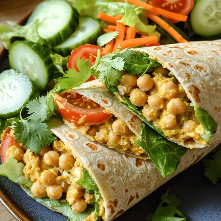 For this tasty dish, you will need some simple items. Here’s what you need: - 1 can (15 oz) chickpeas, drained and rinsed - 1/4 cup buffalo sauce (adjust for spice preference) - 1/4 cup ranch dressing (or vegan ranch for a plant-based option) - 1 tablespoon olive oil - 1 teaspoon garlic powder - 1 teaspoon onion powder - Salt and pepper to taste - 4 large whole wheat tortillas - 1 cup shredded lettuce - 1 cup diced tomatoes - 1/2 cup shredded carrots - 1/2 cup diced cucumbers - Fresh cilantro for garnish (optional) These ingredients work together to create a rich and bold flavor. The chickpeas give great texture and protein. The buffalo sauce adds heat, while the ranch dressing cools it down. You can change up this recipe to fit your taste. Here are some fun ideas: - Sliced avocado for creaminess - Jalapeños for extra heat - Bell peppers for crunch - Avocado ranch dressing for a twist Feel free to mix and match! Adding different veggies or condiments can make your wraps even more exciting. This recipe is flexible. If you need to make swaps, here are some tips: - Use gluten-free tortillas for a gluten-free option. - Swap chickpeas for black beans or lentils. - Choose a low-fat ranch to cut calories. - Opt for a homemade ranch for fresh flavors. These changes can help you enjoy the wraps while meeting your dietary needs. Don't hesitate to experiment! You might find a new favorite flavor. Start with a medium bowl. Open a can of chickpeas, drain, and rinse them. Use a fork or potato masher to lightly mash the chickpeas. You want some whole for texture. Next, add 1/4 cup of buffalo sauce and 1/4 cup of ranch dressing. If you want a plant-based option, use vegan ranch. Then, mix in 1 tablespoon of olive oil, 1 teaspoon of garlic powder, 1 teaspoon of onion powder, and salt and pepper to taste. Stir until everything blends well and becomes creamy. Now, lay out four large whole wheat tortillas on a clean surface. Spoon a good amount of the chickpea mixture into the center of each tortilla. Top it with 1 cup of shredded lettuce, 1 cup of diced tomatoes, 1/2 cup of shredded carrots, and 1/2 cup of diced cucumbers. Fold in the sides of each tortilla, then roll it up tightly from the bottom. This will make a nice wrap. If you want a crispy wrap, heat a grill or skillet over medium heat. Place the wraps on the grill and cook for about 2-3 minutes on each side. This will give them a nice crunch. After grilling, slice each wrap in half diagonally and arrange them on a plate. If you like, garnish with fresh cilantro for a pop of color. You can find the full recipe for these tasty buffalo ranch chickpea wraps at the end of this article. Enjoy your meal! To make your Buffalo Ranch Chickpea Wraps truly yours, play with the flavors. Start with the buffalo sauce. If you like heat, add more sauce. For a milder taste, use less. You can also mix in spices like cayenne or smoked paprika for extra depth. Want a tangy twist? Add a splash of lemon juice. Fresh herbs like cilantro can brighten the dish, too. Just remember to taste as you go. This way, you can tweak it to your liking. You don't need much to make these wraps, but a few tools help. You’ll want a medium bowl for mixing the chickpeas. A fork or potato masher works well to mash them. A cutting board is handy for chopping your veggies. If you decide to grill the wraps, a skillet or pan gets the job done. A sharp knife is great for slicing the wraps in half. Keep your kitchen simple and enjoy the process. Making Buffalo Ranch Chickpea Wraps is easy, but some mistakes can happen. First, don’t skip mashing the chickpeas. This adds texture and helps the flavors mix well. Avoid using too much buffalo sauce at once; it can overpower the dish. Also, don’t forget to season with salt and pepper. A little seasoning enhances the flavors. Lastly, when rolling the wraps, ensure they are tight. This helps keep all the tasty filling inside. Follow these tips, and you’ll have a delicious meal. {{image_2}} To make a vegan version of Buffalo Ranch Chickpea Wraps, use vegan ranch dressing. This keeps the flavors while making it plant-based. You can also swap out the whole wheat tortillas for gluten-free ones. This way, everyone can enjoy the wraps, regardless of diet. If you want a low-carb option, try lettuce wraps instead of tortillas. Use large leaves of Romaine or butter lettuce. They hold the filling well and add a fresh crunch. You can also skip the chickpeas and use grilled chicken or tofu for protein while keeping the flavors bold. Don’t feel stuck with just chickpeas. You can mix in other tasty fillings. Try adding black beans for a different texture or quinoa for added protein. Diced bell peppers or avocado can also enhance the flavor and nutrition. Feel free to play with your favorite veggies to make your wrap unique. For a full recipe, check out the Buffalo Ranch Chickpea Wraps section. To keep your Buffalo Ranch Chickpea Wraps fresh, store them in airtight containers. This helps prevent moisture loss and keeps the wraps tasty. If you have leftover filling, place it in a separate container. This way, the tortillas won’t get soggy. You can keep leftovers in the fridge for up to three days. Make sure to check for any signs of spoilage before eating. You can freeze these wraps for later meals. To do this, wrap each one tightly in plastic wrap or foil. Then, place them in a freezer bag. Make sure to remove as much air as possible to prevent freezer burn. Buffalo Ranch Chickpea Wraps can last up to three months in the freezer. When you are ready to eat, thaw them in the fridge overnight before reheating. Reheating your wraps is simple and quick. You can use a microwave, oven, or skillet. For the microwave, place the wrap on a microwave-safe plate. Heat it for 30 seconds to one minute, checking often. If you want a crispy wrap, use a skillet. Heat it on medium for about 3-4 minutes on each side. This method gives you a nice crunch. Enjoy your meal with the flavors fresh and delicious! For the full recipe, check out the details above. You can serve fresh fruit or veggie sticks. A simple side salad works well too. You might also enjoy some crispy potato chips or a light soup. These options add color and texture to your meal. These wraps stay fresh for about three days in the fridge. Make sure to wrap them tightly in plastic. This helps keep them from drying out. If you notice any sogginess, it’s best to eat them right away. Yes, you can prep these wraps ahead of time. Just store the chickpea mixture in a sealed container. Assemble the wraps just before serving for the best taste. This keeps the tortillas fresh and prevents them from getting soggy. For the full recipe, check the detailed instructions provided above. In this post, we explored how to make Buffalo Ranch Chickpea Wraps. We covered key ingredients, step-by-step instructions, and tips for customization. I also shared how to store any leftovers safely. These wraps are easy and tasty, perfect for meals or snacks. You can adjust spices and fillings to fit your taste or diet. Now, enjoy making your wraps and share them with friends. They’re sure to impress!