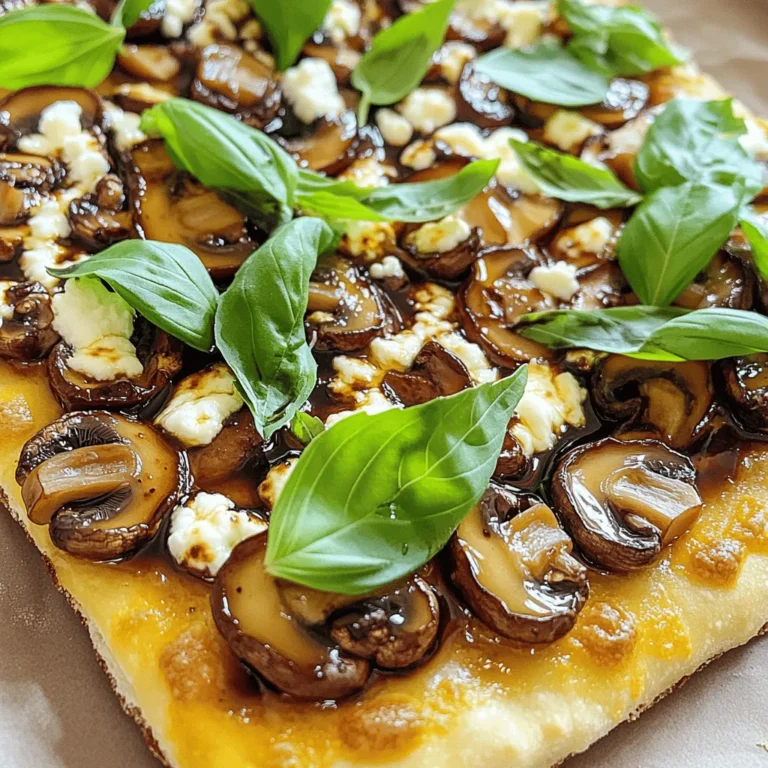 - Large flatbread or naan - Sliced mushrooms (cremini or shiitake) - Olive oil The main ingredients for balsamic mushroom flatbread are simple yet flavorful. A large flatbread or naan serves as the base. You can choose either cremini or shiitake mushrooms. Both add great taste. Olive oil helps cook the mushrooms perfectly. - Minced garlic - Balsamic vinegar - Fresh thyme leaves Next, we have seasonings. Minced garlic gives a strong, rich flavor. Balsamic vinegar adds a sweet and tangy twist. Fresh thyme leaves bring an earthy note. You can use dried thyme if fresh isn't available. - Shredded mozzarella cheese - Crumbled goat cheese - Fresh basil leaves Finally, we add cheese and garnishes. Shredded mozzarella melts beautifully and adds creaminess. Crumbled goat cheese gives a tangy burst. Fresh basil leaves on top add color and freshness. You can find the full recipe to explore all the details! - Preheat your oven to 400°F (200°C). - In a skillet, heat 1 tablespoon of olive oil over medium heat. - Add 2 cups of sliced mushrooms to the skillet. - Sauté the mushrooms for 5-7 minutes. They should turn golden brown. - Wait until the water from the mushrooms evaporates. - Add 2 minced garlic cloves to the skillet with the mushrooms. - Stir in 1 tablespoon of balsamic vinegar. - Sprinkle in 1 teaspoon of fresh thyme leaves, plus salt and pepper to taste. - Cook for an additional 2 minutes until fragrant. - Remove the skillet from the heat. - Place 1 large flatbread or naan on a baking sheet. - Evenly distribute the mushroom mixture over the flatbread. - Sprinkle ½ cup of shredded mozzarella cheese on top. - Add ¼ cup of crumbled goat cheese for extra flavor. - Bake in your preheated oven for 10-12 minutes. - Watch for the cheese to melt and the edges to get crispy. - Remove from the oven and let it cool for a few minutes. - Garnish with fresh basil leaves before slicing and serving. For the full recipe, check the detailed instructions above. To get the best flavor and texture from your mushrooms, sauté them well. Heat olive oil in a skillet over medium heat. Then, add the sliced mushrooms. Cook them for about 5-7 minutes until golden brown. This step helps remove moisture and gives them a nice crisp. When they are brown, add minced garlic, balsamic vinegar, and thyme. Stir well and cook for 2 more minutes. This mix brings out a rich flavor. Adjusting the seasoning is key. Taste your mixture and add salt and pepper as needed. You can also try adding a pinch of chili flakes for some heat. Each cook has their own taste, so make it yours! Balsamic mushroom flatbread pairs well with many sides. A fresh green salad is great. Try a simple mix of lettuce, cucumber, and a light vinaigrette. You can also serve it with dips like hummus or tzatziki. These add flavor and texture contrasts. For a more filling meal, serve it with roasted vegetables. They add color and a healthy touch. Presentation matters! To make your flatbread look great, use a wooden board or a colorful plate. Slice it into pieces and arrange them nicely. Garnishing with fresh basil leaves adds a pop of color. You can also drizzle a little balsamic glaze on top for a fancy touch. This not only looks good but also enhances the flavor. For more ideas, check out the Full Recipe for balsamic mushroom flatbread. {{image_2}} You can change up your flatbread with fun toppings. Try adding arugula for some peppery flavor. Sun-dried tomatoes bring a sweet and tangy taste. You might want to add some protein too. Chicken or crispy bacon works great. These options boost flavor and make your meal heartier. Don't feel stuck with just one type of flatbread. Pita bread offers a soft and chewy base. If you need gluten-free options, look for suitable brands. You can also mix up the cheese. Feta or gouda can add a nice twist. Each type of cheese gives your dish a new taste. Seasonal ingredients can liven up your flatbread. Think about using fresh vegetables like zucchini or bell peppers in summer. In fall, roasted squash or Brussels sprouts can be tasty. You can also adjust your flatbread for holidays. Adding cranberries for Thanksgiving or herbs for Christmas can make it festive. Each season brings new flavors to explore. To keep your balsamic mushroom flatbread fresh, store leftovers in the fridge. Wrap it tightly in plastic wrap or place it in an airtight container. This helps to keep moisture out and flavors in. Consume the leftovers within three days for the best taste. When reheating, use an oven or toaster oven. This method keeps the flatbread crispy. Preheat the oven to 350°F (175°C). Place the flatbread on a baking sheet and heat for about 10 minutes. Check it to ensure it warms evenly. You can freeze flatbread before or after baking. If freezing before baking, assemble the flatbread with the mushroom mix but skip the cheese. Wrap it tightly in plastic wrap, then place it in a freezer bag. This keeps it fresh for up to three months. If you freeze after baking, let the flatbread cool completely first. Then, wrap it in plastic wrap and store in a freezer-safe container. This way, it lasts about two months. For the best taste, consume your balsamic mushroom flatbread within three days when stored in the fridge. If you freeze it, the flatbread stays good for about two to three months. Always check for signs of spoilage. Look for mold or an off smell. If you notice either, it’s best to throw it away. Enjoy your dish safely! For the full recipe, check out the detailed instructions above. You can make this dish vegetarian by focusing on the toppings. Use only mushrooms, cheese, and fresh herbs. For the cheese, choose options like mozzarella and goat cheese. These add richness without meat. You can also add more veggies like spinach or bell peppers for extra flavor. This keeps the taste strong and satisfying. Yes, you can use dried mushrooms. Just soak them in hot water for about 20-30 minutes. This helps them become soft and flavorful again. After soaking, drain and chop them. Use these in place of fresh mushrooms. The taste may change slightly, but they will still work well in the flatbread. Many sides go great with this flatbread. Consider serving it with a fresh salad. A simple green salad with vinaigrette works well. You can also add a side of roasted vegetables. Another option is a light soup, like tomato or vegetable. These sides balance the flavors and make a complete meal. Yes, you can prep this dish in advance. Prepare the mushroom mix and store it in the fridge. You can also assemble the flatbread without baking it. Cover it well and keep it chilled. When you're ready to eat, just bake it. This makes it easy for busy days while still enjoying a tasty meal. Absolutely! If you want a vegan option, use plant-based cheese. There are many great dairy-free cheeses on the market now. If you prefer lactose-free, choose lactose-free mozzarella. You can also skip cheese altogether and add more herbs or veggies. This allows you to enjoy the dish while meeting your dietary needs. This recipe for balsamic mushroom flatbread is both easy and delicious. You learned about the best ingredients, step-by-step cooking, and ways to customize your dish. Whether you want to serve it as a snack or main meal, the options are endless. You can adjust flavors and even try new toppings. Take your time in the kitchen and enjoy making this flatbread. Your friends and family will love the effort. Keep experimenting with flavors to find your perfect combination. Happy cooking!