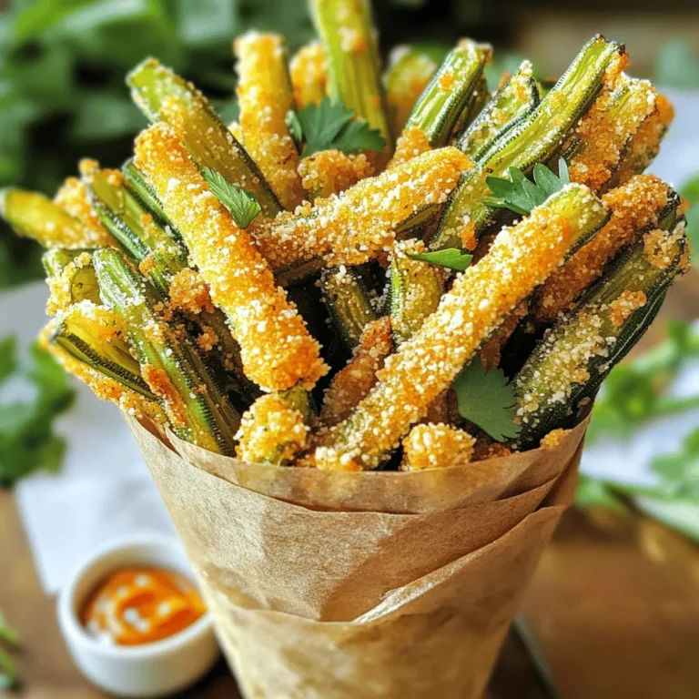 To make Crispy Parmesan Okra Fries, gather these simple ingredients: - 1 lb fresh okra, trimmed and cut into 1/2-inch slices - 1 cup buttermilk (or plant-based milk for dairy-free) - 1 cup cornmeal - 1/2 cup grated Parmesan cheese - 1 teaspoon garlic powder - 1 teaspoon onion powder - 1 teaspoon smoked paprika - 1/2 teaspoon cayenne pepper (adjust for spice preference) - Salt and pepper to taste - Cooking spray or oil for frying If you need to swap some ingredients, here are a few options: - Instead of buttermilk, use plain yogurt or a dairy-free alternative like almond milk. - You can replace Parmesan cheese with nutritional yeast for a vegan twist. - If you don’t have cornmeal, use breadcrumbs or crushed crackers for coating. - For a milder flavor, skip the cayenne pepper or use less. These okra fries are a tasty treat that packs flavor and some nutrition. Here’s a quick look: - Serving Size: 1/4 of the recipe - Calories: About 220 - Protein: 6g - Carbohydrates: 30g - Fat: 10g - Fiber: 4g This snack gives you a great way to enjoy okra while keeping it healthy. For the full recipe, check the cooking instructions. To start, gather your ingredients. You will need fresh okra, buttermilk, cornmeal, Parmesan cheese, and spices. Next, preheat your oven to 425°F (220°C). This step is key for crispiness. Line a baking sheet with parchment paper. This makes cleanup easy. Now, slice the okra into half-inch pieces. Place these slices in a bowl and soak them in buttermilk for at least 30 minutes. Soaking helps the coating stick better. While the okra soaks, mix the cornmeal, Parmesan cheese, garlic powder, onion powder, smoked paprika, cayenne pepper, salt, and pepper in a shallow dish. This will be your coating. After soaking, take the okra out of the buttermilk. Let the excess drip off. Then, dip each piece into the cornmeal mixture. Press lightly to ensure the coating sticks. Place the coated okra on the prepared baking sheet. Once all the okra is coated, lightly spray with cooking spray or drizzle a bit of oil on top. This will help them brown nicely. Now, bake the okra in your preheated oven for 20 to 25 minutes. Flip them halfway through for even cooking. You'll know they are ready when they are golden brown and crispy. Carefully remove them from the oven and let them cool slightly. For the best coating, ensure your okra is well-soaked in buttermilk. This step is crucial for crunch. Use fresh cornmeal for the best texture. Press the cornmeal coating onto the okra firmly. This helps it stick during baking. If you want extra flavor, add more spices to the cornmeal mix. You can also try different cheese for a unique taste. I recommend serving these fries with a spicy dipping sauce, like sriracha mayo. For even more fun, sprinkle extra Parmesan on top before serving. For the full recipe, check out the complete guide. Enjoy making these crispy Parmesan okra fries! To keep your okra fries crispy, follow a few key steps. First, soak the sliced okra in buttermilk. This helps the coating stick better. Second, use cornmeal for the coating. It gives a nice crunch that you will love. Lastly, don’t overcrowd the baking sheet. Give each piece space to cook evenly and stay crisp. Avoid these common mistakes for the best results. Don’t skip soaking the okra in buttermilk. It can lead to a less crispy texture. Also, be careful with the amount of oil. Too much can make the fries soggy. Lastly, make sure to flip the okra halfway through baking. This ensures all sides get that golden brown finish. You can enhance the flavor of your okra fries in fun ways. Try adding more spices to the coating. For a kick, add extra cayenne or some chili powder. You can also mix in fresh herbs like parsley or thyme. Finally, consider dipping sauces. A spicy sriracha mayo or a tangy ranch pairs well with the fries. For the full recipe, check out the complete guide. {{image_2}} You can take these okra fries up a notch. Add more heat for a spicy kick. Mix in extra cayenne pepper for bold flavor. You might also try adding chili powder or crushed red pepper flakes. This will make your fries fiery and fun. Adjust the spice to match your taste. Enjoy the thrill of spice with every bite! If you want a dairy-free option, it’s simple! Swap the buttermilk for plant-based milk. Almond or soy milk works great. For the Parmesan, try using a dairy-free cheese. Nutritional yeast is another tasty choice. It adds a cheesy flavor without dairy. You won’t miss the milk in this recipe! Get creative with your coatings. Instead of cornmeal, you can use panko breadcrumbs. They give a nice crunch. You could also try ground oats for a different texture. If you want more flavor, add herbs like Italian seasoning or thyme to your coating mix. Each variation offers a unique twist on the classic okra fries. For the full recipe, refer to the earlier section. After you enjoy your crispy Parmesan okra fries, store leftovers in an airtight container. Make sure they are cool before sealing. This helps keep them fresh. You can keep them in the fridge for up to three days. If you want to enjoy them later, freezing is a good option too. To reheat the okra fries, use the oven for the best results. Preheat your oven to 375°F (190°C). Spread the fries on a baking sheet. Bake for about 10-15 minutes, or until they get crispy again. If you are in a hurry, you can use the microwave, but they won't be as crispy. If you want to freeze the okra fries, do so before cooking them. After coating the okra, place them in a single layer on a baking sheet. Freeze for about an hour until they are solid. Then, transfer them to a freezer bag or container. They can stay in the freezer for up to three months. When you’re ready to cook, bake from frozen for about 25-30 minutes at 425°F (220°C). Enjoy your crispy snack anytime! For the full recipe, visit [Full Recipe]. The best way to prepare okra is by cutting it into slices. This helps it cook evenly. Soaking the sliced okra in buttermilk is key. It makes the coating stick better. After soaking, dip the okra in a mix of cornmeal and spices. This gives it a crispy texture. Yes, you can use an air fryer to make Crispy Parmesan Okra Fries! Preheat your air fryer to 400°F (200°C). Arrange the coated okra in a single layer in the basket. Cook for about 15-20 minutes, shaking halfway through. This method gives you a crunchy outside and tender inside. You’ll know the okra is done when it turns golden brown and crispy. Use a fork to check. If it feels firm and crunchy, it’s ready. The cooking time is usually around 20-25 minutes in the oven. In an air fryer, it may take a little less time. Always keep an eye on it near the end! This blog post covered all you need for crispy okra. We explored key ingredients and easy substitutes. I shared step-by-step baking instructions and tips to keep your okra crispy. You learned about tasty variations and how to store leftovers properly. Remember, a straightforward approach keeps cooking fun. With the right tips, anyone can make delicious okra. Enjoy experimenting with flavors and techniques to find your favorites!