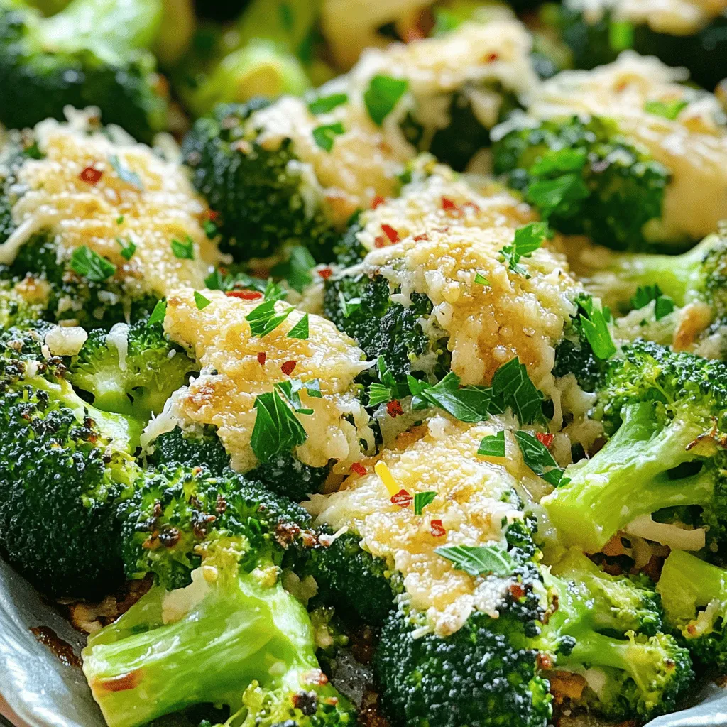 - 1 pound fresh broccoli florets - 3 tablespoons olive oil - 2 cloves garlic, minced - 1 teaspoon lemon zest - 1/2 teaspoon red pepper flakes (optional) - Salt and pepper to taste - 1/2 cup freshly grated Parmesan cheese - 1 tablespoon lemon juice - 1 tablespoon fresh parsley, chopped (for garnish) To make Parmesan roasted broccoli, gather fresh ingredients. The star of this dish is the broccoli florets. They should be bright green and crisp. Fresh broccoli gives the best flavor and texture. You will need olive oil to coat the broccoli. This helps the seasoning stick and adds richness. Garlic adds a nice kick and aroma. Minced garlic works well here. Lemon zest gives a burst of freshness. It brightens the dish and enhances the broccoli's flavor. Red pepper flakes are optional, but they add a bit of heat. Adjust this to your taste. Salt and pepper are essential. They bring out all the flavors in this dish. Finally, freshly grated Parmesan cheese gives a rich, savory touch. It melts beautifully and adds a crunchy top. You can find the full recipe at the end of this section. With these ingredients, you can create a tasty, healthy side dish that pairs well with many meals. First, set your oven to 425°F (220°C). This high heat helps the broccoli roast well. Grab a large baking sheet and line it with parchment paper. This makes cleanup easy and keeps the broccoli from sticking. In a big bowl, add the fresh broccoli florets. Pour in 3 tablespoons of olive oil and add 2 minced garlic cloves. Then, add 1 teaspoon of lemon zest and optional red pepper flakes. Sprinkle salt and pepper to taste. Toss everything until the broccoli is well coated. This step brings out the flavors. Spread the seasoned broccoli on the baking sheet in a single layer. Roast it in the oven for 15 minutes. After that, take it out and sprinkle 1/2 cup of freshly grated Parmesan cheese over the top. Put it back in the oven for another 5 to 7 minutes. The cheese should melt and get slightly crispy, while the broccoli stays bright green and tender. Once done, drizzle with 1 tablespoon of lemon juice. Finish by garnishing with 1 tablespoon of chopped fresh parsley. Enjoy this tasty dish! For the complete recipe, refer to the Full Recipe section. Using fresh ingredients makes a big difference in taste. Fresh broccoli has a crisp texture and a strong flavor. Dried herbs can save time but may not pack the same punch. I suggest using fresh garlic for a bright, zesty flavor. For seasoning, keep it simple. A little lemon zest brightens up the dish. If you enjoy heat, add red pepper flakes. Adjust salt and pepper to your taste. If you want a twist, try adding a pinch of smoked paprika for a smoky touch. Cooking time is key for great broccoli. Roast it for 15 minutes first. This allows the florets to soften. After that, add the Parmesan cheese and roast for another 5-7 minutes. This helps the cheese melt and become crispy. For a crunchy texture, spread the broccoli out in a single layer. Overcrowding leads to steaming instead of roasting. If you want extra crispiness, broil it for a minute at the end. Just watch closely to prevent burning. For the Full Recipe, visit the recipe section. {{image_2}} You can switch up the cheese for this dish. If you want something different, try using Pecorino Romano. It adds a sharp flavor that pairs well with broccoli. For a creamy option, try mozzarella or goat cheese. Both melt nicely and bring a unique taste. If you're looking for a vegan version, use nutritional yeast. It has a cheesy flavor without the dairy. Almond cheese is another great choice for a vegan twist. It adds creaminess and works well with the other flavors. You can mix in other vegetables to enhance the dish. Carrots, bell peppers, or Brussels sprouts all roast well. Each veggie brings its taste and color to the plate. Adding spices and herbs can boost the flavor. Try paprika for a smoky touch. Thyme and rosemary add a lovely earthy taste. You can even sprinkle some lemon zest for a fresh kick. These additions create a unique and tasty side dish. To keep your Parmesan roasted broccoli fresh, store it in the fridge. Place it in an airtight container. It will stay good for up to three days. If you want to keep it longer, freezing is an option. Spread the cooled broccoli on a baking sheet and freeze it for about an hour. Then, transfer it to a freezer bag. This method helps keep the broccoli from sticking together. Frozen broccoli can last for up to three months. When you’re ready to enjoy your leftover broccoli, reheating is easy. The best method is to use the oven. Preheat it to 350°F (175°C). Place the broccoli on a baking sheet. Heat it for about 10-15 minutes. This way, the cheese stays crispy. You can also reheat in the microwave. Just place the broccoli in a microwave-safe dish. Heat it for 1-2 minutes but note the cheese won't get crispy. Enjoy your delicious side dish again! Can I use frozen broccoli for this recipe? Yes, you can use frozen broccoli. Just thaw it first. Pat it dry to remove excess moisture. This step helps keep your broccoli from getting soggy. It may not get as crispy as fresh broccoli, but it still tastes great! How do I make it crispy without burning? To keep your Parmesan roasted broccoli crispy, don’t overcrowd the baking sheet. Spread the florets out in a single layer. This allows hot air to circulate. You can also turn your oven to broil for the last minute. Watch closely to prevent burning. What are great pairings for Parmesan Roasted Broccoli? Parmesan roasted broccoli pairs well with many main dishes. It goes great with grilled chicken, steak, or fish. You can also serve it with pasta or quinoa for a healthy meal. The flavors blend nicely with lemon chicken or herb-seasoned grains. Caloric content and nutritional benefits One serving of Parmesan roasted broccoli has about 150 calories. Broccoli is high in vitamins C and K. It also provides fiber, which is good for digestion. The healthy fats from olive oil help your body absorb these vitamins. Plus, Parmesan adds some protein and calcium. Dietary restrictions considerations This dish is vegetarian and gluten-free. If you need it dairy-free, you can skip the Parmesan. Try nutritional yeast for a cheesy flavor without dairy. Always check for allergies, especially with garlic and red pepper flakes. Enjoy this tasty side with confidence! In this blog post, I shared how to make delicious Parmesan roasted broccoli. You learned about the key ingredients, like fresh broccoli, olive oil, garlic, and Parmesan cheese. I provided step-by-step instructions for prepping, mixing, and roasting. Tips for flavor and texture helped enhance your dish. I also explored variations and storage tips for leftovers. Roasting broccoli adds flavor and improves nutrition. With these tips, you'll create a tasty side dish that everyone will enjoy. Happy cooking!