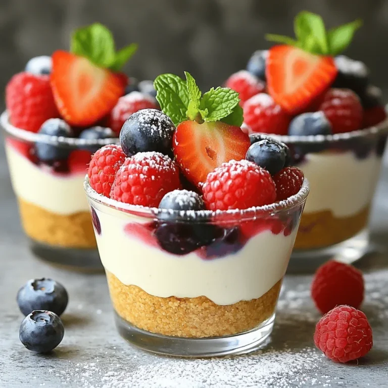 To make these no-bake cheesecake cups, you need a few simple ingredients. Here’s what you will need: - 1 cup cream cheese, softened - 1 cup Greek yogurt - 1/2 cup powdered sugar - 1 teaspoon vanilla extract - 1/4 cup heavy cream - 1 cup mixed berries (strawberries, blueberries, raspberries) - 1/2 cup crushed graham crackers - 2 tablespoons melted butter - Fresh mint leaves for garnish These ingredients create a creamy, sweet treat that anyone can enjoy. I love using Greek yogurt because it adds a nice tang and makes the cheesecake lighter. The cream cheese gives it a rich flavor. The berries on top add freshness and a pop of color. You can mix and match your favorite berries for a fun twist. The crushed graham crackers and melted butter form a tasty crust at the bottom. This adds a nice crunch to each bite. You can use store-bought graham crackers or make your own. Both options work well. Don't forget the fresh mint leaves! They add a nice touch and enhance the look. This recipe is perfect for gatherings or a sweet treat at home. You can find the full recipe [here]. To make no-bake cheesecake cups, follow these steps closely. - Mixing the cream cheese and yogurt base Start with a mixing bowl. Add the softened cream cheese, Greek yogurt, powdered sugar, and vanilla extract. Use an electric mixer to blend until smooth. This step creates a creamy base for your cheesecake. - Whipping the heavy cream to stiff peaks In a separate bowl, pour the heavy cream. Whip it with a mixer until stiff peaks form. This means the cream should hold its shape well. Stiff peaks add lightness to the cheesecake. - Combining the two mixtures for the cheesecake filling Gently fold the whipped cream into the cream cheese mixture. Use a spatula to avoid deflating the whipped cream. This creates a fluffy cheesecake filling. - Preparing the graham cracker crust In another bowl, mix crushed graham crackers with melted butter. Stir until the crumbs are moistened. This mixture serves as the crunchy base for your cups. - Layering the cheesecake cups Take your serving cups or bowls. Add a layer of the graham cracker mixture at the bottom. Press it down lightly to form a crust. Then, spoon the cheesecake mixture on top, filling each cup to the rim. - Chilling for the best texture Place the filled cups in the refrigerator. Chill them for at least two hours before serving. This step allows the cheesecake to set properly, ensuring the best texture. Follow these steps for a simple and delicious treat. For the full recipe, check out the details above. - Ensuring cream cheese is fully softened: Always start with cream cheese at room temperature. This step makes mixing easy and helps avoid lumps. If you forget, you can cut it into small pieces and microwave it for about 10 seconds. Just be careful not to melt it! - Folding whipped cream properly to maintain lightness: When you fold in the whipped cream, use a gentle motion. Start from the bottom of the bowl and lift the mixture. This keeps your cheesecake light and fluffy. If you stir too hard, your cream can deflate. - Adjusting sweetness to taste: Everyone has different preferences. Taste your filling before chilling it. If you like it sweeter, add more powdered sugar. You can also switch it up with honey or maple syrup for a new twist. - Creative ways to layer the cups: Layering is fun! Start with a graham cracker base, then add a creamy layer. After that, add your mixed berries and repeat. You can even create a rainbow effect with different fruits for a stunning look. - Recommended glassware for serving: Use clear cups or jars to show off the layers. Small mason jars work great! They are cute and easy to handle. For a fancy touch, try using elegant dessert glasses. - Preferred toppings besides berries: While berries are great, you can use other toppings too. Try crushed cookies like Oreos or a drizzle of caramel sauce. Shredded coconut also adds a nice texture. - Enhancing flavor with citrus zest or chocolate: Grate some lemon or lime zest on top for a fresh kick. If you’re a chocolate lover, sprinkle mini chocolate chips for extra sweetness. This adds both flavor and visual appeal to your treats. For the full recipe, check out [Full Recipe]. {{image_2}} You can have fun with your no-bake cheesecake cups by trying different flavors. - Chocolate no-bake cheesecake cups: To make these, add 1/2 cup of melted chocolate to the cream cheese mixture. This rich flavor is perfect for chocolate lovers. - Tropical fruit no-bake cheesecake cups: Use 1 cup of crushed pineapple and substitute the berries. You can also add shredded coconut for an extra tropical twist. - Coffee-flavored no-bake cheesecake cups: Mix in 2 tablespoons of instant coffee granules into the cream cheese. This gives a nice coffee kick that many will love. You can also adjust the recipe to fit special diets. - Gluten-free options: Substitute crushed graham crackers with gluten-free cookies or nuts. This way, everyone can enjoy the treat. - Dairy-free and vegan alternatives: You can replace cream cheese with vegan cream cheese and Greek yogurt with coconut yogurt. Also, use coconut cream instead of heavy cream for a rich taste. These variations make the no-bake cheesecake cups fun and adaptable for all. For the full recipe, check out the detailed steps above. To keep your no-bake cheesecake cups fresh, store them in the fridge. Place them in an airtight container. This will help prevent them from absorbing other odors. You should also cover them with plastic wrap if you don't have a container. If you want to save them for later, freezing is an option. To freeze, place the cups in a freezer-safe container. You can also wrap each cup tightly in plastic wrap. This stops freezer burn. When ready to eat, let them thaw in the fridge overnight. In the fridge, your cheesecake cups can last about 3 to 5 days. Check for any signs of spoilage before you serve them. If they smell sour or look discolored, it’s best to throw them away. Always trust your senses. Fresh is key to enjoying those creamy flavors. For the full recipe, visit the section above. Can I use low-fat cream cheese? Yes, you can use low-fat cream cheese. It will still work well. Just know that it may change the texture a bit. The flavor will still be tasty! How can I make these cheesecake cups in advance? You can prepare the cheesecake cups a day ahead. Just follow the recipe and chill them overnight. They will taste even better after sitting in the fridge! What can I substitute for Greek yogurt? If you don't have Greek yogurt, you can use sour cream. It gives a nice tangy flavor. You can also try plain yogurt, but it may be a bit thinner. Are there no-bake cheesecake cups without cream cheese? Yes, you can make no-bake cheesecake cups without cream cheese. Use silken tofu or cashew cream instead. Both options create a creamy texture. Why is my cheesecake filling too runny? Your filling may be too runny if the cream cheese is not soft enough. Make sure it is fully softened. Also, check that you whipped the cream to stiff peaks. How to recover from over-whipping the cream? If you over-whip the cream, gently fold in a bit of fresh cream. This will help bring back some smoothness. Be careful not to over-mix again! In this post, I shared how to make delicious no-bake cheesecake cups. We covered required ingredients, step-by-step instructions, and key tips to ensure success. You can also explore tasty variations and storage tips. Remember to adjust sweetness and use creative garnishes for the best flavor. No-bake cheesecakes are fun and easy. Enjoy making them for any occasion!