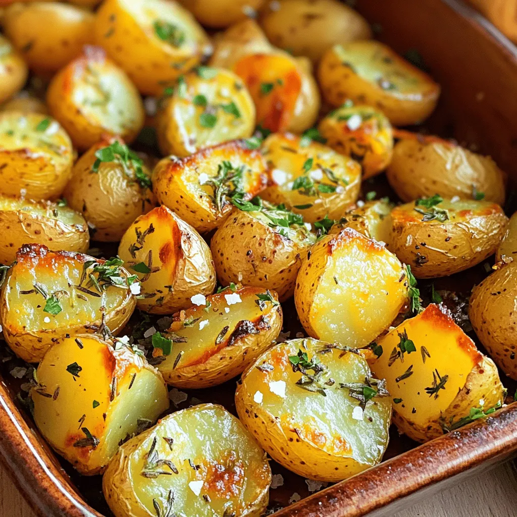 To make Garlic Herb Roasted Baby Potatoes, you need these simple ingredients: - 1.5 pounds baby potatoes, halved - 4 cloves garlic, minced - 3 tablespoons olive oil - 1 teaspoon dried rosemary - 1 teaspoon dried thyme - 1 teaspoon dried oregano - Salt and pepper to taste - Fresh parsley, chopped (for garnish) These ingredients create a tasty blend of flavors. The baby potatoes are the star, while the garlic and herbs add depth. You can swap ingredients based on what you have. Try these options: - Baby Potatoes: Use regular potatoes, cut into small pieces. - Garlic: Garlic powder works in a pinch. Use about 1/2 teaspoon. - Olive Oil: Avocado oil or melted butter can be used instead. - Dried Herbs: Fresh herbs are great if you have them. Use three times the amount. These swaps keep the dish delicious while fitting your pantry. To make this dish, gather these tools: - A large mixing bowl - A baking sheet - Parchment paper (for easy cleanup) - A sharp knife for cutting potatoes - A cutting board These tools help you prepare and roast the potatoes easily. You can find a full recipe [here](insert link). First, gather your ingredients. You will need: - 1.5 pounds baby potatoes, halved - 4 cloves garlic, minced - 3 tablespoons olive oil - 1 teaspoon dried rosemary - 1 teaspoon dried thyme - 1 teaspoon dried oregano - Salt and pepper to taste - Fresh parsley, chopped (for garnish) Next, preheat the oven to 425°F (220°C). This helps the potatoes cook evenly. In a large bowl, combine the halved potatoes, minced garlic, olive oil, rosemary, thyme, and oregano. Mix well to ensure the potatoes are coated. Season with salt and pepper to taste. Spread the seasoned potatoes in a single layer on a baking sheet lined with parchment paper. This makes cleanup easier. Roast the potatoes in the preheated oven for 25-30 minutes. Stir them halfway through to ensure even cooking. Look for a golden brown color and tenderness when they are done. When ready, let them cool for a few minutes. To achieve the best results, keep these tips in mind: - Cut the potatoes into similar sizes. This ensures they cook at the same rate. - Use a baking sheet that allows space between the potatoes. This promotes better air flow. - Stir halfway through roasting for even browning. This simple step makes a big difference. This method will give you perfectly cooked Garlic Herb Roasted Baby Potatoes every time. For the complete recipe, refer to the full recipe section. To get that perfect crispy bite, follow these steps. First, make sure to cut your baby potatoes evenly. This helps them cook at the same rate. Next, toss them well with oil and seasonings. The oil creates a nice crust. Place the potatoes in a single layer on your baking sheet. This allows hot air to circulate. Stir them halfway through cooking for even browning. Lastly, roast at a high temperature, around 425°F (220°C). This keeps the outside crispy while the inside stays soft. Herbs make these potatoes shine. I love using rosemary, thyme, and oregano. They work well together to add depth. You can also try fresh herbs if you have them. Fresh parsley adds a nice pop of color too. For a twist, add some smoked paprika for a subtle heat. Experiment with what you like best. Using different herbs can change the whole dish. Avoid overcrowding the baking sheet. If the potatoes are too close, they will steam instead of roast. This means no crispiness for you! Another mistake is not seasoning enough. Don’t be shy with salt and pepper. Finally, check your oven temperature with an oven thermometer. Sometimes, the oven can be off. This can lead to undercooked or burnt potatoes. Follow these tips, and you’ll have a tasty side dish every time! For the full preparation details, check the Full Recipe. {{image_2}} You can mix in other vegetables to make this dish more fun. Try adding carrots, bell peppers, or zucchini. Cut them into similar sizes as the potatoes. This way, they cook evenly. Toss them with the same garlic and herbs. This adds color and flavor to your meal. If you like heat, add some chili flakes to the mix. Just a pinch can really change the flavor. You can also use fresh jalapeños for a bolder kick. The spice pairs well with the garlic and herbs. It makes every bite exciting and delicious. For a cheesy twist, sprinkle some grated cheese on top. Parmesan works great, but you can use any cheese you like. Add it about five minutes before the potatoes are done. This lets the cheese melt and get golden. The cheesy layer adds a rich taste that everyone will love. For the full recipe, check out the Garlic Herb Roasted Baby Potatoes section above. Enjoy these fun ideas to make this tasty dish your own! After enjoying Garlic Herb Roasted Baby Potatoes, you may have some left. To store them, let the potatoes cool completely. Then, place them in an airtight container. This will keep them fresh in the fridge for up to three days. Make sure to label the container with the date. When you’re ready to eat the leftovers, you can reheat them easily. The best way is to use the oven. Preheat your oven to 350°F (175°C). Spread the potatoes on a baking sheet. Heat for about 10-15 minutes until warm. This method keeps them crispy. You can also use a microwave, but they may lose some crispness. Heat in short bursts, checking often. If you want to save the Garlic Herb Roasted Baby Potatoes for longer, freezing is a great option. First, let them cool completely. Next, place them in a freezer-safe bag. Make sure to remove as much air as possible before sealing. They can stay frozen for up to three months. When you want to enjoy them again, thaw them overnight in the fridge before reheating. For the full recipe, check out the detailed steps above. Yes, you can make Garlic Herb Roasted Baby Potatoes ahead of time. Cook them fully and let them cool. Store them in an airtight container in the fridge for up to three days. When ready to eat, reheat them in the oven to restore the crispiness. Garlic Herb Roasted Baby Potatoes pair well with many dishes. You might serve them alongside grilled chicken or steak. They also go great with roasted vegetables or a fresh salad. Try them with a tangy dipping sauce for extra flavor. You can tell the potatoes are done when they are golden brown and tender. Use a fork to poke a potato. If it slides in easily, they are ready. For an extra crispy finish, check the bottom of the potatoes for a nice golden color. For the full recipe, check the section above! You learned about making Garlic Herb Roasted Baby Potatoes in this post. We covered the ingredients you need, how to prepare and roast them, and tips for crispy results. You also saw variations to try, along with storage and reheating tips. Cooking should be fun and easy. With these steps, you can create tasty potatoes every time. Experiment with flavors and enjoy the process. Happy cooking!