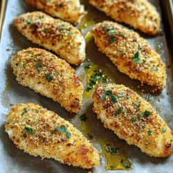 - 1 lb chicken breast tenders - 1 cup breadcrumbs (preferably panko for extra crunch) - 1/2 cup grated Parmesan cheese These are the stars of the dish. I love using chicken breast tenders because they cook quickly and stay juicy. Panko breadcrumbs provide a great crunch. Grated Parmesan cheese gives a rich flavor that pairs perfectly with garlic. - 4 cloves garlic (minced) - 1/4 cup fresh parsley (chopped) - 1 teaspoon Italian seasoning - 1 teaspoon paprika - 1/2 teaspoon salt - 1/4 teaspoon black pepper Garlic is a must for this recipe. It adds a strong, aromatic flavor. Fresh parsley brightens the dish with its color and taste. Italian seasoning and paprika bring warmth and depth to the coating. Don’t skip the salt and pepper; they boost all the flavors. - 2 large eggs - 2 tablespoons olive oil - Cooking spray The eggs help the breadcrumbs stick to the chicken. Olive oil gives a nice golden color while baking. A little cooking spray ensures nothing sticks to your baking sheet. This combination keeps the chicken moist and adds a lovely crispness. For the full recipe, check out the detailed instructions. Enjoy your cooking! First, preheat your oven to 400°F (200°C). This step is key for crispy chicken tenders. While the oven heats, grab a baking sheet and line it with parchment paper. This helps keep the chicken from sticking and makes cleanup easier. In a mixing bowl, combine the dry ingredients. You will need breadcrumbs, grated Parmesan cheese, minced garlic, fresh parsley, Italian seasoning, paprika, salt, and pepper. Mix everything well until it forms a nice blend. This mixture is what gives the chicken its tasty coating. Now, prepare the egg wash. In a separate bowl, whisk the eggs until they are smooth. Take each chicken tender and dip it into the egg wash. Let any extra egg drip off. Then, coat the tender in the breadcrumb mixture. Press it gently to ensure the crumbs stick. Repeat this step for all the chicken tenders. Arrange the coated chicken tenders on the lined baking sheet. For an extra touch of crispiness, drizzle or lightly spray the tops with olive oil. This helps them bake to a golden brown. Place the baking sheet in the oven and bake for 15-20 minutes. Flip the tenders halfway through for even cooking. The chicken should reach an internal temperature of 165°F (75°C) when done. Enjoy these tasty bites right from the oven. For the full recipe, check out the details above. To make your chicken tenders crispy, use panko breadcrumbs. They give a light and crunchy bite. Before baking, drizzle olive oil over the top. This helps them turn golden and crisp. The ideal baking temperature is 400°F (200°C). This heat cooks the chicken well and keeps it juicy. Use a meat thermometer to check doneness. The chicken should reach 165°F (75°C) inside. Serve your chicken tenders with tasty dipping sauces. Ranch or honey mustard are great choices. Pair them with side dishes like a fresh salad or crispy fries for a complete meal. You can find the full recipe in earlier sections for more ideas. {{image_2}} You can easily change the taste of Baked Garlic Parmesan Chicken Tenders. One fun way is to add spices. Want some heat? Try cayenne pepper! Just a pinch can really fire things up. You can also mix in smoked paprika for a smoky flavor. Cheese lovers can play with different cheeses too. While Parmesan is classic, try adding cheddar or mozzarella. Each cheese gives a unique twist. Combine them for a rich taste! If you follow a gluten-free diet, you can still enjoy this dish. Instead of regular breadcrumbs, swap them with gluten-free options. Look for gluten-free panko or crushed rice cereal. Both work great to keep that crunch! Make sure to check all labels. Some seasonings may contain gluten. It’s easy to adjust the recipe to fit your needs. You can enjoy these tasty tenders without worry! You can make Baked Garlic Parmesan Chicken Tenders in an air fryer too! This method gives a crispy finish with less oil. Set your air fryer to 375°F (190°C). Cook the tenders for about 10-12 minutes. Flip them halfway through for even cooking. Using an air fryer is quick and easy. It cuts down on prep time. You still get delicious and crispy tenders that everyone will love. To store leftover Baked Garlic Parmesan Chicken Tenders, let them cool first. Place them in the fridge. Use an airtight container to keep them fresh. This helps prevent drying out and keeps flavors intact. If you want to freeze cooked chicken tenders, let them cool completely. Wrap each tender in plastic wrap. Then, place them in a freezer bag or container. This way, they won't stick together. When you're ready to eat, take them out and heat in the oven. Preheat the oven to 375°F (190°C) and bake for about 15-20 minutes. This helps them regain their crispiness. In the fridge, these tenders last about 3-4 days. If you freeze them, they can last up to 3 months. Always check for any signs of freezer burn before cooking. Following these tips keeps your Baked Garlic Parmesan Chicken Tenders tasty and safe to eat! For the full recipe, refer back to the earlier section. You can make these tenders healthier in a few ways. First, reduce the olive oil to cut back on fat. Use only a light drizzle or spray. You can also swap regular breadcrumbs for whole grain ones. This adds fiber and nutrients. Another option is to bake them without oil for a lighter dish. Yes, you can absolutely use chicken breast. Just cut the breast into strips that are similar in size to tenders. This helps them cook evenly. Keep in mind that the cooking time may vary. Always check for doneness to ensure your chicken is safe to eat. These tenders pair well with many sides. Try serving them with a fresh salad or some roasted veggies. You can also add crispy fries or sweet potato wedges for a fun touch. For drinks, a chilled lemonade or iced tea would be refreshing. To check if the chicken is cooked, use a meat thermometer. The internal temperature should reach 165°F (75°C). If you don’t have a thermometer, cut into the thickest part of the tender. The meat should be white and the juices should run clear. This ensures your chicken is safe to eat. For more details, check out the Full Recipe. In this post, we discussed how to make Baked Garlic Parmesan Chicken Tenders. We covered the key ingredients, like chicken tenders, breadcrumbs, and spices. We walked through each step, from preparing the oven to baking. I provided tips to achieve that perfect crispy texture and shared different variations to suit your taste. Lastly, we reviewed how to store leftovers safely. With this simple guide, you can create a delicious meal your whole family will love. Enjoy your cooking and the tasty results!