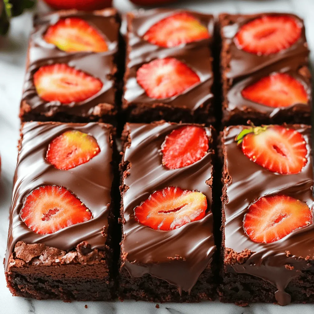 - 1 cup unsalted butter, melted - 1 ½ cups granulated sugar - 1 teaspoon vanilla extract - 4 large eggs - 1 cup all-purpose flour - ½ cup unsweetened cocoa powder - ½ teaspoon baking powder - ¼ teaspoon salt - 1 cup fresh strawberries, hulled and quartered - 1 cup semi-sweet chocolate chips - ½ cup heavy cream - Additional fresh strawberries for garnish To make chocolate covered strawberry brownies, you need simple, fresh ingredients. The melted butter gives the brownies a rich taste. Granulated sugar adds sweetness and helps the brownies rise. Vanilla extract brings a lovely aroma. Eggs add moisture and help bind everything together. Flour and cocoa powder form the base of the brownies. Baking powder helps them rise, while salt enhances the flavor. Fresh strawberries provide a juicy burst of flavor. Semi-sweet chocolate chips melt into a delicious glaze. Heavy cream makes the glaze smooth and glossy. Don’t forget extra strawberries for a beautiful garnish. - Nuts such as walnuts or pecans - Different types of chocolate for the glaze - Flavored extracts Feel free to customize your brownies! You can add nuts for crunch. Use dark or white chocolate for the glaze if you want a different taste. You can also try flavored extracts like almond or mint for a fun twist. For the full recipe, check out the detailed steps to create these brownies! First, preheat your oven to 350°F (175°C). I like to grease a 9x13 inch baking pan or line it with parchment paper. This step makes removal easy later. Next, in a large bowl, combine the melted butter and granulated sugar. Mix it well until everything blends nicely. After that, stir in the vanilla extract. Now, let's add the eggs one at a time. Mix well after each egg. This makes the batter smooth. In a different bowl, whisk together the flour, cocoa powder, baking powder, and salt. Gradually add this dry mix into the wet mix. Stir until just combined. Be gentle here. Now, fold in the quartered strawberries carefully. We don’t want to mash them! Pour the brownie batter into your prepared baking pan. Use a spatula to smooth the top. Bake the brownies for 25 to 30 minutes. Check with a toothpick; it should come out with a few moist crumbs. While the brownies cool, prepare the chocolate glaze. In a small saucepan, heat the heavy cream until it simmers, then take it off the heat. Add the chocolate chips and let them sit for a couple of minutes. Stir until smooth and glossy. Once the brownies cool for about 10 minutes, transfer them to a wire rack. After they cool completely, pour the chocolate glaze over the brownies. Use a spatula to coat them well. Put the brownies in the fridge for about 20 minutes to let the glaze set. Garnish with more fresh strawberries on top. Cut them into squares and serve! For the full recipe, check the ingredients section. To get the best brownie texture, pay close attention to the baking time. Bake your brownies for 25 to 30 minutes. Use a toothpick to check for doneness. If it comes out with a few moist crumbs, they are ready. If you overbake them, they will turn dry and crumbly. Mix the ingredients carefully to avoid overmixing. Overmixing can create tough brownies. Stir until just combined, and no flour pockets remain. This keeps your brownies soft and chewy. Choosing ripe strawberries is key for great flavor. Look for bright red berries with no white spots. They should be firm but not hard. Sweet, juicy strawberries make a big difference. To hull and quarter strawberries, use a small knife. Cut off the green leaves and the white core at the top. Then, slice the strawberries into quarters. This method keeps their shape and enhances the look of your brownies. Making a smooth chocolate glaze is easy. Heat the heavy cream gently until it simmers. Remove it from the heat and add chocolate chips. Let them sit for a few minutes, then stir until smooth. This gives you a glossy and rich glaze. For cooling and serving, let the brownies sit for 10 minutes in the pan. Then move them to a wire rack to cool completely. Pour the glaze over the brownies once they are cool. This ensures the glaze sets nicely and looks beautiful. For the full recipe, check the earlier section. {{image_2}} You can twist your brownies with mint extract or coffee. A few drops of mint add a fresh taste. Coffee enhances the chocolate flavor, making it richer. If you like coconut, mix in shredded coconut for a tropical touch. For a nutty flavor, add peanut butter to the batter or use it in the glaze. Need gluten-free brownies? Use almond flour instead of all-purpose flour. This swap keeps the texture moist and rich. If you want vegan options, replace eggs with flax eggs. Mix one tablespoon of flaxseed meal with three tablespoons of water for each egg. Use coconut cream instead of heavy cream for the glaze. Change it up with seasonal fruits. Raspberries or blueberries taste great with chocolate. They add a tartness that pairs well with sweet brownies. For holidays, decorate with themed sprinkles or colored chocolate. You can even shape the brownies into festive designs for special occasions. Check out the Full Recipe for more ideas! To keep your brownies fresh, store them in an airtight container. This prevents them from drying out. You can also cover them with foil, but a container works best. This keeps moisture in and helps maintain their chewy texture. Place the container at room temperature for easy access. Freezing brownies is simple. First, let them cool completely. Then, cut them into squares. Wrap each square in plastic wrap. Place the wrapped brownies in a freezer bag. This keeps them fresh for a long time. To thaw, take them out and leave them at room temperature. If you want to enjoy them warm, heat them in the microwave for about 10-15 seconds. At room temperature, these brownies last about 3-4 days. If you place them in the fridge, they can last up to a week. In the freezer, they can stay good for about 3 months. Always check for signs of spoilage before eating. Enjoy your chocolate covered strawberry brownies at their best! For the full recipe, check out the detailed instructions above. You can check the brownies by inserting a toothpick in the center. If it comes out with a few moist crumbs, they are ready. If the toothpick has wet batter, bake them a bit longer. Typically, this takes about 25 to 30 minutes. Keep an eye on them to avoid overbaking. Yes, you can use frozen strawberries. Just be aware that they might release more juice. This can change the texture of your brownies. If you use frozen strawberries, let them thaw first. Pat them dry with a paper towel to soak up some of that extra moisture. Cocoa powder is natural and has a strong flavor. Dutch-processed cocoa is treated with an alkali, which makes it milder. It also has a darker color. If your recipe calls for baking soda, use natural cocoa. If it calls for baking powder, you can use Dutch-processed cocoa. You can make the brownies a day in advance. Just store them in an airtight container at room temperature. If you want to prepare the glaze ahead, keep it in the fridge. You can pour it over the brownies just before serving. This helps keep them fresh and tasty! I love serving these brownies warm with a scoop of vanilla ice cream. You can also add some whipped cream and extra strawberries on top. They look great and taste even better! For a fun twist, try drizzling some caramel sauce over the brownies too. These chocolate covered strawberry brownies combine rich flavors with fresh fruit. You learned about the key ingredients, simple steps, and tips for best results. Remember to store them right and try fun variations. Experiment with different ingredients to find your favorite taste. These brownies will impress and delight anyone who enjoys sweets. Enjoy making and sharing your delicious creation!