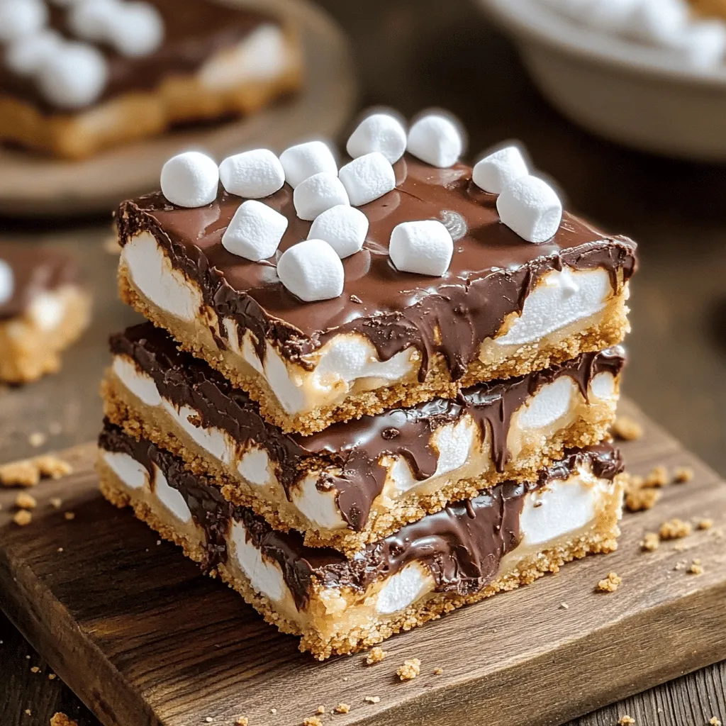To make S'mores Cookie Bars, you need some key ingredients. Here’s the list: - 1 cup unsalted butter, softened - 3/4 cup granulated sugar - 3/4 cup brown sugar, packed - 2 large eggs - 1 teaspoon vanilla extract - 2 1/4 cups all-purpose flour - 1 teaspoon baking soda - 1/2 teaspoon salt - 1 cup semi-sweet chocolate chips - 1 cup mini marshmallows - 1 cup graham cracker crumbs These ingredients come together to create a sweet and gooey treat. You can make some easy swaps if you don’t have certain items. Here are a few ideas: - Instead of unsalted butter, you can use salted butter. Just skip the added salt. - If you want to cut sugar, try using coconut sugar. It has a nice flavor too. - For eggs, you can use flax eggs. Mix one tablespoon of ground flaxseed with three tablespoons of water. - If you need a gluten-free option, use a gluten-free flour blend for the all-purpose flour. These swaps keep your bars tasty and fun. Want to make your S'mores Cookie Bars even better? Here are some tasty add-ins and toppings: - You can add crushed nuts like walnuts or pecans for crunch. - Try using white chocolate chips for a different taste. - Consider drizzling caramel sauce on top for extra sweetness. - Add a sprinkle of sea salt to enhance the flavors. These options let you customize your bars to your liking. For the full recipe, check the detailed steps provided. Start by preheating your oven to 350°F (175°C). This step ensures even baking. Next, grab a 9x13-inch baking dish. Grease it well with butter or line it with parchment paper. The parchment paper helps with easy removal later. In a large mixing bowl, cream together 1 cup of softened butter, 3/4 cup of granulated sugar, and 3/4 cup of brown sugar. Mix until it looks light and fluffy. Then, add in 2 large eggs one by one. Make sure to mix well after each egg. Finally, stir in 1 teaspoon of vanilla extract. This adds a lovely flavor to your cookie bars. In another bowl, whisk together 2 1/4 cups of all-purpose flour, 1 teaspoon of baking soda, and 1/2 teaspoon of salt. This helps distribute the baking soda evenly. Gradually add the dry mix to your wet mix. Stir just until combined; don’t overmix! Now, fold in 1 cup of graham cracker crumbs and 1 cup of semi-sweet chocolate chips. Save some chocolate chips for the top. Pour half of your cookie dough into the prepared dish. Spread it out evenly. Next, sprinkle 1 cup of mini marshmallows over this layer. Top with the reserved chocolate chips. Now, take the rest of the cookie dough and dollop it on top. Spread it gently to cover as much as you can. Bake for 25-30 minutes, until the edges are golden brown. A toothpick should come out with a few moist crumbs. Let the bars cool completely before lifting them out and cutting into squares. Enjoy your S'mores Cookie Bars! For more details, check the Full Recipe. To get the right texture for your S'mores Cookie Bars, focus on the butter. Use softened butter, not melted. This helps the bars stay chewy. Mix the sugars and butter well until light and fluffy. Don't overmix the dough when adding dry ingredients. This keeps them tender. The addition of mini marshmallows adds a soft, gooey bite that makes each square even better. One common mistake is using cold butter. It won’t cream well with the sugars, leading to dense bars. Another error is overbaking. Keep an eye on your bars. You want them golden at the edges but still soft in the center. Also, don’t skip the step of reserving chocolate chips. They add a lovely finish on top. Let the bars cool completely in the pan. This makes them easier to cut. If you used parchment paper, lift the whole thing out to cool. Use a sharp knife to cut them into squares. For cleaner cuts, dip the knife in hot water and wipe it dry between cuts. This helps prevent sticking. For the best taste, serve them fresh, but they still taste great even after a few days. Check out the Full Recipe for all the details you need! {{image_2}} You can twist the classic S'mores Cookie Bars by adding new flavors. For a nutty treat, mix in 1/2 cup of creamy peanut butter. This will give your bars a rich and savory taste. If you want a fresh kick, try adding 1/2 teaspoon of peppermint extract. It pairs well with chocolate and marshmallows. You can also add crushed mint candies on top for an extra crunch! If you need a gluten-free version, it's easy to make adjustments. You can swap the all-purpose flour for a gluten-free flour blend. Make sure the blend has xanthan gum for the best texture. For graham cracker crumbs, look for gluten-free options or make your own using gluten-free cookies. This way, you can enjoy S'mores Cookie Bars without worry! To create vegan S'mores Cookie Bars, you can replace the eggs and butter. Use 1/4 cup of unsweetened applesauce for each egg. For butter, use coconut oil or a vegan butter substitute. Ensure that the chocolate chips and marshmallows are also vegan-friendly. With these swaps, you can enjoy a plant-based treat that still tastes amazing! You can find the Full Recipe for these delightful bars above. To keep your S'mores Cookie Bars fresh, let them cool completely. Then, store them in an airtight container. This will help keep them soft and chewy. Place a piece of parchment paper between layers if stacking. Enjoy them within a week for the best taste. You can freeze these cookie bars for later. First, cut them into squares. Wrap each square in plastic wrap tightly. Then, place them in a freezer-safe bag. They can last up to three months in the freezer. When you’re ready to eat, just thaw them in the fridge overnight. To enjoy your S'mores Cookie Bars warm, preheat your oven to 350°F (175°C). Place the bars on a baking sheet. Heat for about 10 minutes, or until they are warm. You can also microwave them for 10-15 seconds for a quick treat. This gives you that fresh-baked taste again! Yes, you can make S'mores Cookie Bars ahead of time. Bake them and let them cool. Once cool, cut them into squares and store them in an airtight container. They stay fresh for up to five days. You can also freeze them. Just wrap each square in plastic wrap and place them in a freezer bag. They can last for about three months. If you don't have graham cracker crumbs, use crushed cookies or biscuits. Digestive biscuits work great. You can also try using vanilla wafers or shortbread cookies. Just crush them into fine crumbs, and you will get a similar texture and flavor. To check if the bars are done, look for golden brown edges. Insert a toothpick into the center. It should come out with a few moist crumbs. If the toothpick is wet with batter, bake for a few more minutes. Keep an eye on them to avoid overbaking. Yes, you can use different types of chocolate! Dark chocolate, milk chocolate, or even white chocolate work well. You can mix different kinds too. Get creative! This gives your S'mores Cookie Bars a new twist. In this article, we explored how to make delicious S'mores Cookie Bars. We covered essential ingredients, substitutions, and optional toppings. I shared tips for perfect texture and common mistakes to avoid. We also looked at fun variations and best storage methods. These bars are tasty and easy to customize. Whether you want a classic flavor or a twist, you can enjoy them your way! Happy baking!