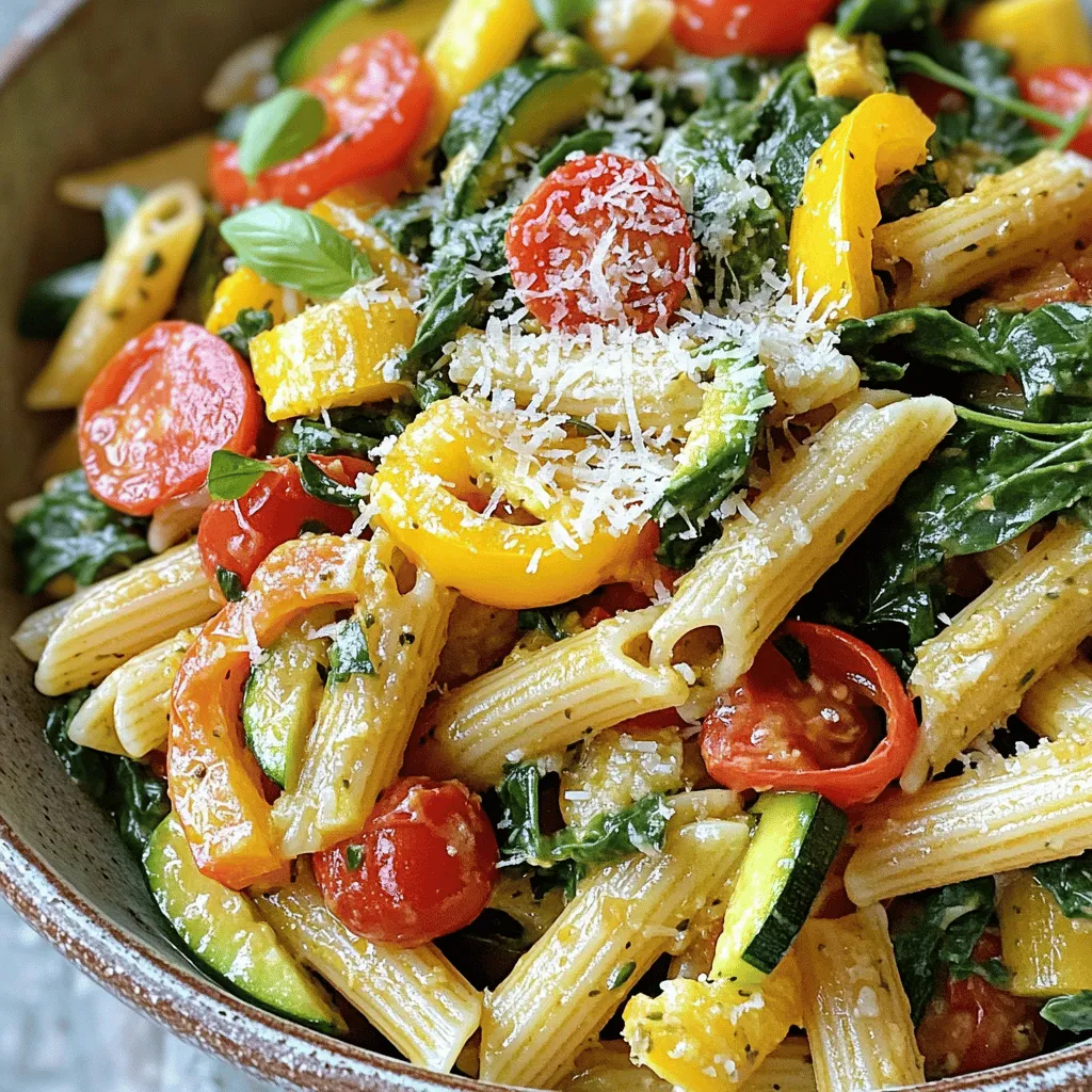 - 12 oz whole wheat pasta (penne or fusilli) - 1 tablespoon olive oil - 1 medium onion, thinly sliced - 3 cloves garlic, minced - 1 red bell pepper, sliced - 1 yellow bell pepper, sliced - 1 zucchini, chopped - 1 cup cherry tomatoes, halved - 1 cup fresh spinach - 1 teaspoon dried oregano - Salt and pepper to taste - 1/4 cup grated Parmesan cheese (optional) - Fresh basil for garnish For this dish, I use whole wheat pasta for more fiber. You can pick penne or fusilli. Both types hold sauce well. Fresh vegetables make this dish colorful and tasty. I love adding bell peppers, zucchini, and cherry tomatoes. They create a sweet and savory mix. Fresh spinach adds more nutrition and flavor. When it comes to seasoning, I always recommend a good olive oil. It adds richness. Garlic and onion are must-haves. They bring depth to the dish. Dried oregano gives it a lovely aroma. You can finish with salt and pepper to taste. If you want to enhance the dish further, grated Parmesan cheese is a great option. It adds creaminess and flavor. Finally, fresh basil as a garnish makes it look beautiful. You can find the full recipe above to create this delightful meal. To make this dish right, start with the pasta. Use 12 oz of whole wheat pasta like penne or fusilli. Cook it in a large pot of salted boiling water. This salt helps enhance the pasta's flavor. Cook until it is al dente, usually about 8-10 minutes. After cooking, drain the pasta but save a bit of the water. It can help later if the dish seems dry. Next, we need the vegetables. The best oil for sautéing is olive oil. Use a tablespoon to keep it light. Start with the onion and garlic. Cook them for about 3-4 minutes on medium heat. Wait until the onion turns translucent. Then, add the sliced red and yellow bell peppers along with the chopped zucchini. Cook these for 5-7 minutes, stirring often. They should be tender but not mushy. Garlic and onion add a lot of flavor, so don't skip them! Now it's time to mix everything. Toss the cooked pasta into the skillet with the sautéed vegetables. Stir well to combine. Use medium heat again and allow it to cook for about 2 minutes. This step helps the flavors blend together. If it seems dry, add a splash of the reserved pasta water. Finally, season with salt and pepper to taste. For a touch of richness, sprinkle with grated Parmesan cheese if you like. This step is optional but adds a nice finish. For more detailed steps, check the Full Recipe. To make your pasta primavera shine, start with fresh veggies. Look for bright colors and firm textures. Seasonal vegetables work best. Try these: - Bell peppers (red, yellow, or orange) - Zucchini - Cherry tomatoes - Spinach If you can't find these, consider other options like: - Broccoli - Asparagus - Carrots These alternatives offer great taste and nutrition. Prep your ingredients before you cook. Chop your vegetables and measure your spices ahead of time. This keeps your cooking smooth and fast. You can also use leftovers. If you have extra veggies from another meal, toss them in for a quick dinner. While Parmesan cheese adds a nice touch, there are alternatives. Try these options if you want to switch it up: - Feta cheese - Nutritional yeast - Grated pecorino Also, consider adding herbs and spices. Fresh basil, thyme, or a bit of red pepper flakes can change the dish. Just sprinkle them in while cooking to bring out new flavors. Explore the choices to find what you love! {{image_2}} Adding protein to Easy Pasta Primavera enhances its flavor and nutrition. You can choose chicken, shrimp, or tofu based on your taste. - Chicken: Use boneless, skinless chicken breast. Cook it in the skillet for about 6-8 minutes until it reaches 165°F. - Shrimp: Peel and devein shrimp. Cook them for about 3-4 minutes until they turn pink. - Tofu: Choose firm tofu. Cube it and sauté for 5-7 minutes until golden brown. Each protein option adds a unique taste to your dish and makes it heartier. If you love creamy textures, you can transform your dish. A cream sauce elevates the flavors and richness. - Ingredients for Cream Sauce: You will need 1 cup heavy cream, 1/2 cup grated Parmesan cheese, and a pinch of nutmeg. - Instructions: After cooking the vegetables, lower the heat. Stir in heavy cream and cheese. Cook for 2-3 minutes until thickened. For a dairy-free option, use coconut milk or cashew cream. Both give a nice creaminess without the dairy. For those who need gluten-free meals, pasta primavera can easily adapt. - Choosing Gluten-Free Pasta Brands: Look for rice, corn, or quinoa-based pasta. They cook similarly to regular pasta. - Adjusting Cooking Times: Gluten-free pasta may require different cooking times. Always check the package instructions for best results. These variations let you customize Easy Pasta Primavera to fit your needs. For the full recipe, check the earlier sections. Enjoy creating your perfect dish! To keep your leftover Pasta Primavera fresh, use airtight containers. Glass or plastic containers work great. Make sure to let the pasta cool before sealing. This helps prevent sogginess. Store it in the fridge for up to three days. After that, the veggies may lose their crunch. When reheating, avoid the microwave. It can overcook the veggies. Instead, use a skillet. Heat it on low, adding a splash of water or olive oil. This keeps the dish moist and tasty. Stir gently to ensure even heating. To keep vegetables fresh, don’t overcrowd the pan. This allows steam to escape and keeps everything crisp. If you want to freeze Pasta Primavera, do it right after cooking. Let it cool completely first. Then, place it in freezer-safe bags or containers. Squeeze out as much air as possible before sealing. This helps prevent freezer burn. For best results, eat it within two months. When you are ready to eat, thaw it in the fridge overnight. You can reheat it in a skillet or microwave. Enjoy your easy and delicious meal later! For more details, check the Full Recipe. Yes, you can prepare Easy Pasta Primavera in advance. To do this, cook the pasta and vegetables separately. Then, store them in airtight containers. Keep the pasta and veggies in the fridge for up to three days. When you're ready to eat, simply reheat them together in a skillet. This method keeps the flavors fresh and vibrant. Easy Pasta Primavera lasts about three to four days in the fridge. Store it in a sealed container to keep it fresh. If you notice any changes in smell or texture, it’s best to toss it. Enjoy it within this time frame for the best flavor and quality. You can get creative with toppings! Here are some ideas to try: - Crumbled feta cheese - Toasted pine nuts - Chopped fresh parsley - Sliced olives - Grated zucchini - A drizzle of balsamic glaze These toppings add different flavors and textures to your dish. Feel free to mix and match to find your favorite combination. For the full recipe, check out the vibrant vegetable pasta primavera! Easy Pasta Primavera gives you a tasty, quick meal with fresh veggies. You learned about key ingredients, cooking steps, and fun twists. Whether you want a creamy version or gluten-free pasta, options abound. Storing leftovers properly keeps your meals fresh for later. Remember, it's all about using fresh produce and spices to boost flavor. Enjoy your cooking, and have fun making your own versions of this dish!