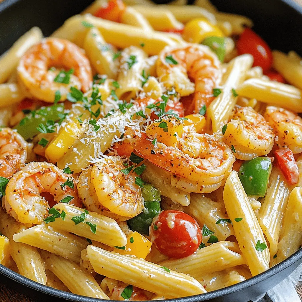 To make Cajun shrimp pasta skillet, you need fresh and tasty ingredients. Here’s what you will need: - Pasta and Shrimp Essentials - 8 oz penne pasta - 1 lb large shrimp, peeled and deveined - 1 tablespoon Cajun seasoning - Vegetables and Seasonings - 2 tablespoons olive oil - 1 bell pepper (red or yellow), sliced - 1 medium onion, chopped - 3 cloves garlic, minced - 1 cup cherry tomatoes, halved - Salt and pepper to taste - Cooking Essentials - 1 cup heavy cream - 1 cup chicken broth - Fresh parsley, chopped (for garnish) - Grated Parmesan cheese (optional) These ingredients bring a burst of flavor and color to your dish. Each item plays a key role in making this meal so delightful. The shrimp pairs well with the spices, while the cream and broth create a rich sauce. I love how the fresh vegetables add texture and brightness. You can find the full recipe above to guide you through cooking. To start, boil salted water in a large pot. This helps flavor the pasta. Once it boils, add the penne pasta. Cook it according to the package for about 10 to 12 minutes. You want it to be al dente, which means it’s firm but not hard. After cooking, drain the pasta in a colander and set it aside. Next, let’s season our shrimp. Place the peeled and deveined shrimp in a bowl. Add one tablespoon of Cajun seasoning. Toss the shrimp well so they are fully coated in the spices. This part is crucial for flavor. Let the shrimp marinate for about 10 minutes to soak in the seasoning. Now, choose a large skillet for cooking. Heat two tablespoons of olive oil over medium heat. Once the oil is hot, add the chopped onion and sliced bell pepper. Sauté them for about five minutes. You want them to soften but not brown. After that, add the minced garlic. Cook for one more minute until fragrant. Push the vegetables to one side of the skillet. Add the marinated shrimp to the other side. Cook the shrimp for about 2 to 3 minutes on each side. You will know they are done when they turn pink and opaque. This shows they are fully cooked. Add the halved cherry tomatoes to the skillet next. Pour in one cup of heavy cream and one cup of chicken broth. Stir everything together to mix well. Let this simmer for about 3 to 4 minutes. This helps thicken the sauce and blend the flavors nicely. Finally, add the cooked penne pasta to the skillet. Toss everything together until well mixed. Season with salt and pepper to taste. For plating, serve the pasta hot. Garnish with freshly chopped parsley. You can also sprinkle some grated Parmesan cheese on top if you like. For the full recipe, check the section above. Enjoy your Cajun Shrimp Pasta Skillet! - Best Oil to Use: I recommend olive oil for its flavor and heat tolerance. It adds a nice richness to the dish. You can also use vegetable oil if you prefer a lighter taste. - Avoiding Overcrowding the Skillet: When you sauté, space matters. If you overcrowd the skillet, the shrimp will steam instead of sear. Cook in batches if needed. This helps achieve that perfect golden shrimp. - Substituting Seasonings: Cajun seasoning is key, but you can mix it up. Try adding smoked paprika for a smoky flavor. You can use Italian seasoning for a different twist too. - Adding Extra Ingredients: Feel free to get creative. Spinach or kale adds color and nutrition. You can also toss in some mushrooms for an earthy taste. - Prep Tips for Quick Cooking: Chop all your veggies and shrimp ahead of time. This way, you can cook fast without stopping. Keep everything in separate bowls for ease. - Using Leftovers: If you have extra shrimp or pasta, use them! Toss them into salads or wraps. The flavor from the Cajun seasoning works great in many dishes. {{image_2}} You can switch up the protein in this dish. Chicken or sausage works great! - Chicken: Use boneless chicken breast. Cut it into bite-sized pieces. Cook it in the same way as the shrimp. - Sausage: Try andouille sausage for a classic Cajun touch. Slice it and cook it until browned. For a vegetarian option, use firm tofu or chickpeas. Both will soak up the Cajun flavors well. If you need gluten-free options, choose gluten-free pasta. Many brands offer good taste and texture. Look for brown rice or chickpea pasta. For dairy-free choices, use coconut cream or cashew cream instead of heavy cream. Both options add a nice creaminess without dairy. You can control the heat in this dish. For a mild version, use less Cajun seasoning. Start with half the amount and taste as you go. For more spice, add cayenne pepper or hot sauce. Just a little bit can really kick it up! Adjust your Cajun seasoning based on your taste. Explore the [Full Recipe] for more ideas and tips on customizing your Cajun Shrimp Pasta Skillet. To keep your Cajun shrimp pasta fresh, store it in an airtight container. Make sure to refrigerate it within two hours of cooking. This helps prevent bacteria growth. It will last in the fridge for up to three days. For longer storage, you can freeze it. Just portion it into freezer-safe bags. Press out the air before sealing. This way, it will stay good for about three months. When you're ready to eat, you can reheat it in two ways. The microwave is quick and easy. Just place the pasta in a bowl and cover it with a damp paper towel. Heat on medium power for 2-3 minutes, stirring halfway. You can also use the stovetop. Heat a skillet over medium heat and add a splash of chicken broth. Stir the pasta until warm. This method helps keep the dish creamy. If you want to make things easier, meal prep is key. You can cook the pasta and shrimp ahead of time. Store them separately in the fridge. This way, they stay fresh and do not get soggy. Pack them in individual containers for easy grab-and-go meals. You can also chop the veggies the night before. When you're ready to cook, just toss everything together for a quick meal. For portioning, aim for about one cup per serving. This makes it easy to keep track of your meals. For the full recipe, check the link! You can use several options if you want to skip heavy cream. - Dairy-Free Options: Coconut milk works well. It adds a nice flavor and is creamy. Almond milk can be used too, but it is thinner. Blend it with some cornstarch for thickness. - Alternative Creams: Cashew cream is a fantastic choice. Soak cashews in water and blend until smooth. This gives a rich texture. You can also use half-and-half if you need a lighter option. To kick up the heat, you have a few great choices. - Tips for Adding Heat: Start by adding more Cajun seasoning. You can also add some crushed red pepper flakes for extra spice. - Recommended Hot Sauces: Try a few drops of Tabasco or Sriracha. These sauces add a nice kick and enhance the flavor without overpowering it. Yes, you can use frozen shrimp for this dish. - Thawing and Cooking Tips: First, thaw the shrimp in cold water for about 15 minutes. Drain them well before seasoning. This helps to keep them firm while cooking. - Quality Considerations: Ensure you buy high-quality shrimp. Look for wild-caught shrimp. They often taste better than farmed shrimp. This dish pairs well with many sides and drinks. - Side Dishes Suggestions: A simple green salad complements the meal nicely. Garlic bread is another great option. It helps to soak up the creamy sauce. - Beverage Pairings: Serve it with a chilled white wine like Sauvignon Blanc. If you prefer non-alcoholic, try lemonade for a refreshing balance. You can find the full recipe to make this dish in the previous sections. This guide detailed the essential ingredients and steps for making Cajun shrimp pasta. We covered cooking pasta, seasoning shrimp, and sautéing vegetables. You learned tips for perfect results and how to adjust flavors. Try different proteins or spice levels to fit your taste. Remember, meal prep makes it easy to enjoy this dish anytime. With practice, you can master this recipe and impress everyone at the table. Enjoy your cooking journey!