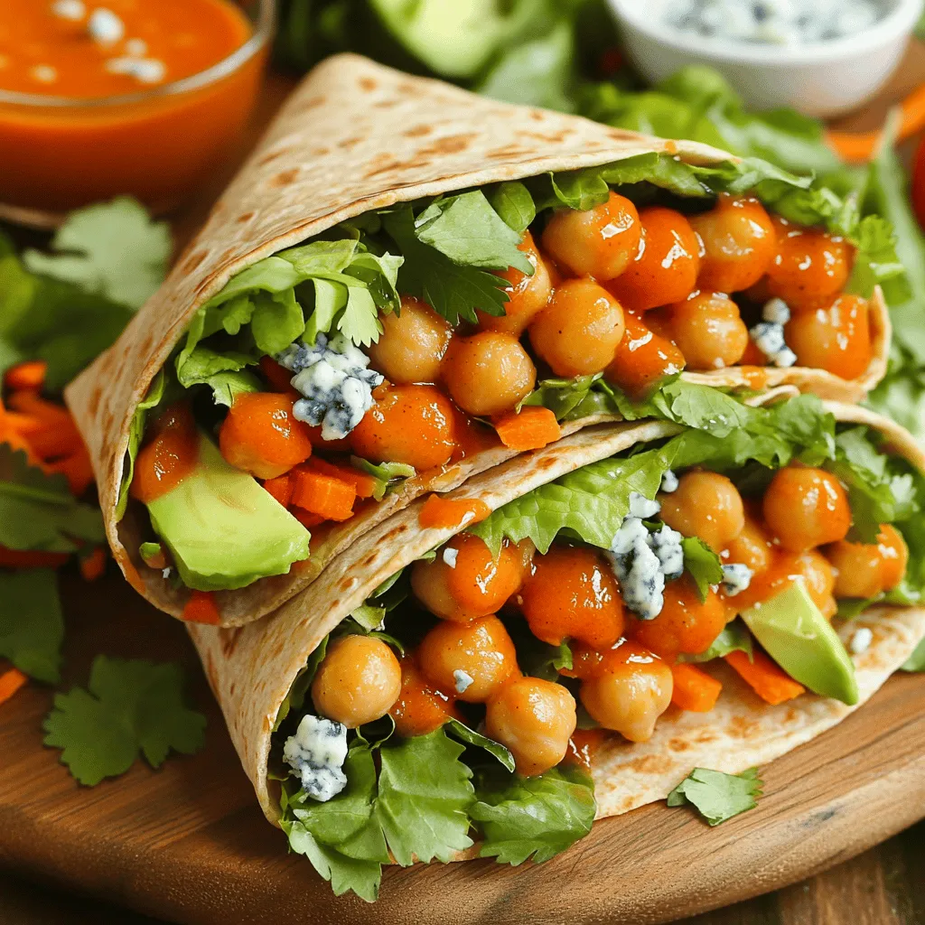 - Chickpeas and main components - 1 can (15 oz) chickpeas, drained and rinsed - 2 tablespoons olive oil - 1/2 cup buffalo sauce (mild or hot, based on preference) - 1/2 teaspoon garlic powder - 1/2 teaspoon onion powder - Salt and pepper to taste - Tortilla options - 4 large whole wheat or spinach tortillas - Fresh vegetables and toppings - 1 cup shredded lettuce - 1/2 cup diced tomatoes - 1 avocado, sliced - 1/2 cup shredded carrots - Optional ingredients for added flavor - 1/4 cup blue cheese or vegan cheese, crumbled - Fresh cilantro or parsley for garnish These ingredients make your Buffalo Chickpea Wraps tasty and fun. Chickpeas shine in this dish. They provide protein and fiber. The olive oil adds richness, while the buffalo sauce gives a spicy kick. You can choose your heat level based on your preference. Using whole wheat or spinach tortillas adds nutrients and flavor. Fresh vegetables like lettuce, tomatoes, and carrots add crunch and color. The avocado gives a creamy texture that balances the spices. You can also add blue cheese or a vegan cheese for extra flavor. Fresh herbs like cilantro or parsley make a nice touch. They add brightness and freshness to each bite. This complete list of ingredients ensures that your Buffalo Chickpea Wraps are not only easy to make but also packed with taste. For the full recipe, check out the details above! To start, you need to combine the chickpeas, olive oil, buffalo sauce, garlic powder, onion powder, salt, and pepper. Place them in a large bowl. Toss the mixture well to coat the chickpeas. This step is key because it helps the flavors shine through. Seasoning is important. Adjust the salt and pepper to your taste. If you want more heat, add more buffalo sauce. The chickpeas should be flavorful. For crispiness, heat a skillet over medium heat. Cook the mixture for about 5-7 minutes. Stir often to avoid burning. You want them to be warm and slightly crispy. While the chickpeas cook, it’s time to warm the tortillas. You can use a skillet for this. Warm each tortilla for about 1 minute on each side. This makes them soft and easy to fold. Pliable tortillas are key for a good wrap. You don’t want them to break. Now, let’s put it all together. Start with a large tortilla. Place a generous amount of shredded lettuce in the center. Next, add the buffalo chickpeas. Then, layer on the diced tomatoes, avocado slices, and shredded carrots. If you like, sprinkle on some crumbled blue cheese. For the folding technique, fold in the sides of the tortilla first. Then roll it tightly from the bottom to the top. This keeps all the tasty fillings inside. Repeat this with the remaining tortillas and filling. You can find the full recipe [here](#). You can save time by prepping your ingredients ahead of time. Store your chickpeas, spices, and sauce in one container. Keep your fresh veggies separate. This way, they stay crisp. You can also make the wraps and store them. Wrap each one in foil or plastic wrap. They will stay fresh in the fridge for up to three days. If you want to freeze your wraps, make sure they are fully cooled. Wrap each one tightly in foil. Place them in a freezer bag. They will last for up to a month. When you're ready to eat, thaw them overnight. Heat them in the oven or a skillet until warm. You can adjust the spice level of your buffalo sauce. If you like it hot, use a spicier sauce. For a milder taste, choose a milder sauce. You can also mix your sauce with yogurt or sour cream for a creamy twist. Feel free to swap ingredients too. Instead of chickpeas, you might try black beans or lentils. You can also add grilled chicken or tofu for extra protein. Mix in different veggies like bell peppers or cucumbers for variety. Serving your wraps nicely makes them more appealing. Cut each wrap in half diagonally for a clean look. Arrange them on a colorful platter for a fun display. Garnish with fresh herbs like cilantro or parsley to add color. Serve with extra buffalo sauce in a small bowl for dipping. This adds a nice touch and makes the meal more interactive. For the full recipe, check out the detailed steps to make these delicious Buffalo Chickpea Wraps. {{image_2}} You can use different types of tortillas for your wraps. Whole wheat tortillas add a nutty taste. Spinach tortillas bring a pop of color and some extra nutrients. If you need gluten-free options, try corn tortillas. They work well and keep the dish tasty. Mixing sauces or spices can change the whole wrap. Try adding ranch dressing for creaminess. A dash of smoked paprika can add warmth. You can also mix in other veggies. Bell peppers, cucumbers, or even corn can give more crunch. These wraps are already vegan, but you can make them even more special. For a lower-calorie option, skip the cheese and use less sauce. You can also add more veggies to bulk it up. This makes the wraps filling without extra calories. The Full Recipe gives you a great base to start from. Buffalo chickpea wraps stay fresh in the fridge for about three days. Store them in an airtight container to keep them safe. If you do not have one, wrap each in plastic wrap or foil. This helps prevent them from drying out. To freeze your wraps, first, let them cool down completely. Wrap each one tightly in plastic wrap, then place them in a freezer-safe bag. Squeeze out the air to prevent freezer burn. They can last for up to three months in the freezer. When ready to eat, take a wrap out and thaw it in the fridge overnight. To reheat, you can microwave it for about 1-2 minutes or warm it in a skillet. This keeps the tortilla soft and delicious. For the best taste, enjoy them warm! To make these wraps vegan, simply skip the blue cheese. You can use vegan cheese instead if you want. Check the buffalo sauce too. Some sauces have dairy, so read the label. Most store-bought sauces are dairy-free. You can also make your own buffalo sauce using hot sauce and vegan butter. This keeps the flavor bold without any animal products. Yes, you can use dried chickpeas! First, soak the chickpeas overnight in water. This helps them cook faster. After soaking, drain and rinse them. Then, boil them in fresh water for about 1 to 1.5 hours. You want them soft but not mushy. Once cooked, drain and add them to your mix. This adds a fresh taste to your wraps. The best buffalo sauce depends on your taste. I prefer a medium sauce for a nice kick without being too hot. Brands like Frank's RedHot or Crystal are popular choices. If you like it spicy, go for a hotter option. If you want less heat, choose a mild version. Always taste before using to find your favorite! Buffalo chickpea wraps are tasty, easy, and versatile. We covered ingredients, steps, and tips to make them great. You can adjust flavors, try new tortillas, and store them for later. Whether you follow a vegan diet or want tasty meal prep options, these wraps fit your needs. Get creative with your ingredients and enjoy making this healthy dish! Now, it’s your turn to try these wraps and share your favorite twists.