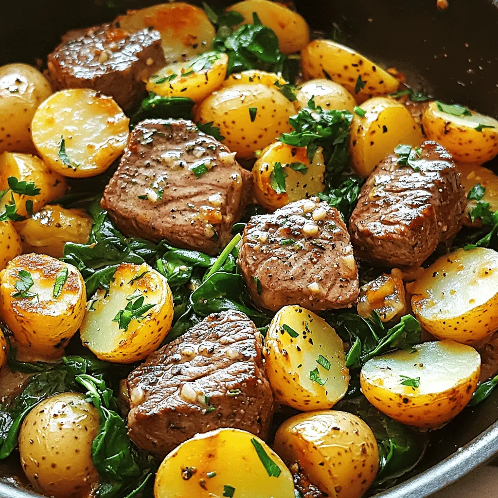 - 1 lb sirloin steak, cut into bite-sized pieces - 1 lb baby potatoes, halved - 4 tablespoons unsalted butter - 5 cloves garlic, minced - 1 teaspoon fresh thyme leaves (or ½ teaspoon dried thyme) - 1 teaspoon smoked paprika - 1 teaspoon salt (adjust to taste) - ½ teaspoon black pepper (adjust to taste) - Fresh parsley, chopped (for garnish) When I cook Garlic Butter Steak and Potato Skillet, I always start with the main ingredients. The sirloin steak is tender and flavorful. I cut it into bite-sized pieces for easy cooking. Baby potatoes add a nice texture and balance. Halving them helps them cook faster. Next, I focus on flavor enhancers. Garlic is a must for this dish. I use about five cloves, minced, to give it that rich taste. Fresh thyme adds an earthy note, while smoked paprika brings warmth. These ingredients blend well with the steak and potatoes. For seasonings, I keep it simple but effective. A teaspoon of salt enhances all flavors. I adjust the black pepper to my liking. Lastly, fresh parsley adds a pop of color. It also brightens the dish when I serve it. This combination creates a savory and hearty meal. If you want to try this recipe, check out the Full Recipe for all the steps and tips! To start, bring about 2 cups of water to a boil in your skillet. This step is key for the baby potatoes. Once boiling, add the halved baby potatoes and a pinch of salt. Boil them for about 10 minutes or until they are just tender. After boiling, drain the potatoes and set them aside for later. Next, it’s time to sear the steak. In the same skillet, melt 2 tablespoons of unsalted butter over medium-high heat. Once the butter melts, add the sirloin steak pieces in a single layer. Sear the steak for 3 to 4 minutes on each side. You want a nice crust to form. Once cooked to your liking, remove the steak from the skillet and set it aside. Now, let’s cook the garlic and potatoes. Reduce the heat to medium and add the remaining 2 tablespoons of butter to the skillet. Once melted, stir in 5 cloves of minced garlic, along with 1 teaspoon of fresh thyme leaves, 1 teaspoon of smoked paprika, salt, and black pepper. Cook this mixture for 1 to 2 minutes until it smells amazing. Next, toss in the boiled potatoes. Cook them for an additional 5 to 6 minutes. This will help crisp them up just right. For the final touch, stir in 2 cups of fresh spinach. Cook just until it wilts, which should take about 1 to 2 minutes. After that, return the sautéed steak to the skillet. Toss everything together to coat it well in that flavorful garlic butter mixture. This step is where all the tasty flavors come together. For a full recipe, check out the complete instructions above! To cook steak just right, start with great meat. Choose sirloin for its balance of flavor and tenderness. For medium-rare, aim for an internal temp of 130°F. Use a meat thermometer to check. Sear each side for 3-4 minutes. This creates a tasty crust. After cooking, let the steak rest for at least five minutes. Resting lets the juices settle, which makes each bite juicy. For crispy potatoes, start by boiling them first. Boil for about 10 minutes until tender but firm. Drain and let them dry for a few minutes. This step helps them crisp up better. When you add them to the skillet, let them cook without stirring for a few minutes. This allows a golden crust to form. If you like them extra crispy, cook a bit longer. To boost flavor, add fresh herbs like rosemary or oregano. They pair well with garlic and butter. You can also sprinkle some red pepper flakes for heat. Serve the dish warm to enjoy all the flavors. Hot food tastes better, and the aroma fills the room. For a great finish, top with fresh parsley. This adds a pop of color and a fresh taste. {{image_2}} If you want to switch up the protein, try chicken or shrimp. For chicken, cut boneless thighs or breasts into bite-sized pieces. Cook them in the same way you would the steak. Shrimp cooks quickly, so add it after the garlic. Toss it in for just a few minutes until it turns pink. You can also use tofu for a vegetarian twist. Press and cube firm tofu, then cook it until golden brown. This adds a nice texture and flavor. Adding seasonal veggies can boost the dish. Carrots, zucchini, or asparagus are great choices. You can chop them up and toss them in with the potatoes. Bell peppers add color and sweetness. Slice them into strips and add them when cooking the garlic. Mushrooms also work well; they soak up all the garlic butter flavor. Add them after the garlic for a rich taste. Spices can change the whole taste of your meal. Try adding chili flakes for heat or rosemary for a fresh twist. A squeeze of lemon or lime juice brightens the dish. You can also use a splash of balsamic vinegar for depth. These small changes can make your Garlic Butter Steak and Potato Skillet even more exciting. For the full recipe, check out the detailed instructions above. To store leftovers, let the dish cool first. Place the garlic butter steak and potato skillet in an airtight container. This helps keep it fresh. Glass or plastic containers work well. Make sure to seal them tightly. You can store the leftovers in the fridge for up to three days. Yes, you can freeze this dish! However, I suggest freezing the steak and potatoes separately from the spinach. Spinach may become mushy when thawed. Use freezer-safe bags or containers. When you’re ready to eat, thaw it in the fridge overnight. For reheating frozen leftovers, warm them in a skillet over low heat. This helps keep the flavors intact. Stir gently until heated through. You can also microwave it. Just cover it to keep moisture in. For safe consumption, eat your leftovers within three days in the fridge. If frozen, they are best used within three months. Signs of spoilage to watch for include an off smell or a change in color. If you see any mold, discard it right away. Always prioritize your health and food safety! It takes about 30 minutes in total. You spend around 10 minutes prepping. The cooking time is about 20 minutes. This quick dish is perfect for busy nights. I recommend using sirloin steak for its great flavor. Ribeye is another option if you want more fat and tenderness. Avoid tough cuts like flank or skirt steak. Yes, you can use other potatoes. Yukon Golds are creamy and rich. Red potatoes hold their shape well. Sweet potatoes add a nice twist, but they need longer cooking time. You can prepare the steak and potatoes a day early. Store them in the fridge. When ready, reheat in a skillet over medium heat until warm. Add fresh spinach right before serving. A fresh green salad works well. You could also serve garlic bread for a tasty side. Roasted veggies like asparagus or broccoli add great color and flavor, too. For the full recipe, refer to the beginning of this article. This blog post covered the tasty Garlic Butter Steak and Potato Skillet. We looked at key ingredients, step-by-step instructions, and tips for success. You learned about variations, storage, and common questions. Remember, cooking can be fun and simple. Don't be afraid to try new flavors and ingredients. Enjoy your dish, and share it with friends and family. Happy cooking!