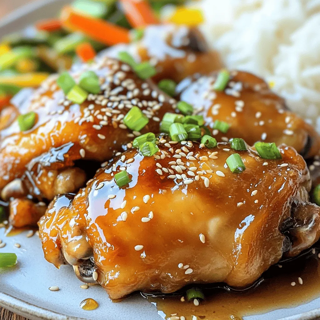 To make Sticky Honey Garlic Chicken, you need a few key items. Here’s what to gather: - 4 boneless, skinless chicken thighs - 1/4 cup honey - 1/4 cup soy sauce (low sodium recommended) - 3 cloves garlic, minced - 1 tablespoon fresh ginger, grated - 1 tablespoon rice vinegar - 1 teaspoon sesame oil - 2 green onions, chopped (for garnish) - Sesame seeds (for garnish) - Salt and black pepper to taste - 1 tablespoon vegetable oil These ingredients work together to create a sweet and savory dish. When measuring, be precise. Here are some tips: - Use a liquid measuring cup for honey and soy sauce. - Use a kitchen scale for chicken if needed. - Chop garlic and ginger finely for better flavor. This ensures each bite tastes just right. You can change some ingredients if you need to. Here are a few ideas: - Use chicken breasts if you prefer. - Maple syrup can replace honey for a different taste. - Try coconut aminos instead of soy sauce for a gluten-free option. - Add lime juice instead of rice vinegar for a tangy twist. These swaps can keep your meals fresh and fun! If you're ready for the full recipe, check out the Full Recipe. To start, gather your ingredients. In a medium bowl, mix honey, soy sauce, minced garlic, grated ginger, rice vinegar, sesame oil, and a pinch of salt and pepper. Whisk these together well. This marinade brings all the flavors together. You want it to be smooth and sticky. The honey adds sweetness, while the soy sauce gives depth. This is the base for your sticky sauce. Next, take your chicken thighs. Place them in a resealable plastic bag or a shallow dish. Pour the marinade over the chicken. Make sure each piece is well-coated. Seal the bag or cover the dish tightly. Let the chicken marinate in the fridge. Aim for at least 30 minutes. If you have time, marinate for up to 2 hours. This step boosts the flavor and makes the chicken tender. Now, it's time to cook. Heat vegetable oil in a large skillet over medium-high heat. Take the chicken out of the marinade, but keep that marinade for later. Once the skillet is hot, add the chicken thighs. Cook them for about 5-7 minutes on each side. Look for a golden brown color. The chicken should reach an internal temperature of 165°F/75°C. After cooking the chicken, reduce the heat to medium. Pour the reserved marinade into the skillet with the chicken. Bring it to a gentle simmer. Let it cook for about 3-5 minutes. This will thicken the sauce and make it sticky. The chicken will soak up that flavor. When done, remove from heat. Garnish with chopped green onions and sesame seeds. Serve it warm for a delicious meal. For the full recipe, check the details above. To make your sauce extra sticky, focus on reducing it. After cooking the chicken, pour the reserved marinade into the skillet. Bring it to a simmer and let it cook for a few minutes. This will help the sauce thicken and stick to the chicken. For even more stickiness, add a bit of cornstarch mixed with water. This trick gives the sauce a glossy finish and helps it cling to the chicken. Cooking at the right temperature is key. Heat your skillet over medium-high heat before adding the chicken. Cook each side for 5 to 7 minutes. This timing ensures the chicken is golden brown and cooked through. Use a meat thermometer to check the internal temperature. It should reach 165°F (75°C). If the chicken is too thick, it may need a little extra time. If you want to switch things up, try baking or grilling your chicken. For baking, preheat your oven to 400°F (200°C). Place the marinated chicken on a baking sheet and bake for 20-25 minutes. For grilling, heat your grill to medium. Cook the chicken for about 6-8 minutes on each side, brushing with the marinade. Both methods bring unique flavors and textures to your dish. For the full recipe, please check the detailed instructions. {{image_2}} You can add veggies to your sticky honey garlic chicken. Broccoli, bell peppers, or snap peas work great. Just chop the veggies into bite-sized pieces. Add them to the skillet after cooking the chicken. This way, they soak up the tasty sauce. You can also try adding carrots or zucchini for a fun twist. If you want to switch up the protein, use shrimp or tofu. Shrimp cooks fast and absorbs flavors well. Just sauté them in the same skillet for about 3-4 minutes. For tofu, press it to remove water, then cube it. Cook it until golden brown before adding the sauce. Both options keep the dish flavorful and exciting. For more flavor, you can add spices like chili flakes or black pepper. This adds a nice kick. You can also squeeze fresh lime or lemon juice over the chicken before serving. This adds brightness and balances the sweetness. Try experimenting with different herbs like cilantro or basil for a fresh touch. These small changes make a big difference. Don’t forget to check out the Full Recipe for more tasty ideas! After enjoying your sticky honey garlic chicken, store any leftovers in an airtight container. This keeps your chicken fresh and tasty for the next meal. Place the container in the fridge. It will stay good for about 3 to 4 days. If you have extra sauce, store it separately to prevent sogginess. To reheat your chicken, you can use the microwave or a skillet. For the microwave, place the chicken on a plate and cover it. Heat it for 1 to 2 minutes or until warm. If using a skillet, add a little water or sauce. Heat over low to medium heat for about 5 minutes, flipping the chicken halfway through. This makes it juicy and delicious again. You can freeze sticky honey garlic chicken for later. First, let it cool completely. Then, place it in a freezer-safe bag or container. Remove as much air as possible to avoid freezer burn. It will last for about 2 to 3 months in the freezer. When you are ready to eat, thaw it in the fridge overnight. Reheat it as described above, and enjoy your flavorful dish once more! For the full recipe, check the details above. You should marinate the chicken for at least 30 minutes. This time allows the flavors to soak in. For a deeper taste, let it marinate for up to 2 hours. This extra time makes the chicken even more tasty. Yes, you can use chicken breasts. They will cook faster than thighs. Keep an eye on them to avoid overcooking. Chicken breasts will still taste great with the honey garlic sauce. Just make sure they reach an internal temperature of 165°F (75°C). Serve the chicken with steamed rice or stir-fried veggies. These sides balance the dish nicely. You can also pair it with a fresh salad or some noodles. Each option adds flavor and makes the meal complete. For the full recipe, check out the details above. Sticky honey garlic chicken is easy and fun to make. We’ve covered the key ingredients, how to make your marinade, and temperature tips for cooking. You learned how to get that perfect sticky sauce, try fun variations, and store your leftovers well. By following these steps, you will create a dish to impress. Enjoy your cooking and get creative! This recipe is not just a meal; it’s a chance to share joy with others.