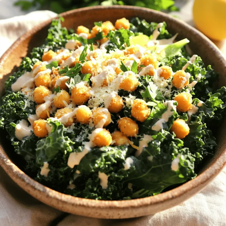 - 1 large bunch of kale, stems removed and leaves chopped - 1 can (15 oz) chickpeas, drained and rinsed - ½ cup homemade or store-bought Caesar dressing (ensure it’s alcohol-free) - ½ cup grated Parmesan cheese (or nutritional yeast for a vegan option) - 2 tablespoons olive oil - 1 teaspoon garlic powder - 1 lemon, zested and juiced - ½ cup croutons - Fresh parsley, chopped, for garnish (optional) Kale is a super green. It gives this salad a nice crunch and lots of nutrients. Crisp chickpeas add protein and flavor. Use Caesar dressing for that creamy touch. If you want a vegan option, try nutritional yeast instead of Parmesan cheese. You can adjust the taste with olive oil, garlic powder, and lemon. Olive oil adds richness, while garlic powder gives a nice kick. Lemon brightens the flavors and makes everything pop. Croutons bring a fun texture and extra crunch. Don't forget fresh parsley for a lovely touch! For the full recipe, please see the [Full Recipe]. Preheat your oven to 400°F (200°C). This step gets the oven hot for crispy chickpeas. In a bowl, toss the drained chickpeas with olive oil, garlic powder, salt, and pepper. Make sure each chickpea gets coated. Spread them out on a baking sheet in a single layer. This helps them roast evenly. Bake those chickpeas in the preheated oven for 25-30 minutes. They should turn golden brown and crispy. Shake the pan every 10 minutes. This helps the heat reach all sides for even cooking. For extra crispiness, make sure not to overcrowd the pan. Massaging kale is key to a tender salad. It makes the leaves softer and easier to eat. Place your chopped kale in a large bowl. Drizzle with about 1 tablespoon of olive oil, some lemon juice, and a pinch of salt. Use your hands to massage the kale for 2-3 minutes. You will notice it shrink and feel more tender. Once your chickpeas are crispy, take them out of the oven. Let them cool slightly before adding to the kale. Pour your Caesar dressing over the kale and chickpeas. Add the lemon zest and half of the grated Parmesan cheese. Toss everything together until the kale is well coated. Divide the salad into bowls. Top each bowl with the remaining Parmesan cheese, croutons, and chopped parsley for garnish. This adds color and flavor to your dish. Enjoy your fresh and healthy Kale Caesar Salad with Crispy Chickpeas. For full details, check out the Full Recipe. To get great roasted chickpeas, avoid common mistakes. First, make sure the chickpeas are dry. If they are wet, they won’t crisp up. Next, spread them out on the baking sheet. If they are too close, they will steam, not roast. For seasoning, try different flavors. You can use smoked paprika for a bit of heat. Or sprinkle some cumin for a warm taste. A hint of lemon zest can add brightness. Feel free to mix and match what you like! When making your own Caesar dressing, use fresh ingredients. Start with good-quality olive oil and fresh garlic. If you can, use anchovies for true flavor. Blend everything until smooth. If you want an alcohol-free dressing, that’s easy! Skip the wine and use lemon juice instead. You can also add a bit of Dijon mustard for extra flavor. This keeps the taste rich without any alcohol. For storing your salad, keep it in an airtight container. This helps it stay fresh longer. If you can, store the dressing separately. This way, the kale won’t get soggy. To reheat leftover chickpeas, use the oven. Spread them out on a baking sheet and warm at 350°F (175°C) for about 10 minutes. This keeps them crispy! Just remember to enjoy your salad as fresh as possible. For the full recipe, check out the full recipe section. {{image_2}} You can easily make this salad vegan. To replace Parmesan cheese, use nutritional yeast. It adds a cheesy flavor without dairy. You can also try cashew cream for a rich taste. For dressings, you have options too. A tahini-based dressing works well. Or blend avocado with lemon juice for creaminess. Want to boost the protein? Add grilled chicken. It gives great flavor and makes the salad heartier. If you prefer plant-based options, try tofu. Marinate it in soy sauce and bake until golden. Both options will make your salad more filling. To keep things fresh, think about the season. In summer, add sweet cherry tomatoes or cucumber. In fall, consider roasted butternut squash for warmth. You can also add fruits like apples or pears for a sweet twist. These seasonal touches make your salad fun and exciting. To store Kale Caesar Salad, use airtight containers. For short-term storage, keep it in the fridge. This keeps your salad fresh for up to three days. If you want long-term storage, consider freezing the chickpeas separately. The kale does not freeze well. It loses its texture and flavor. - Short-term storage: Use airtight containers in the fridge for up to 3 days. - Long-term storage: Freeze crispy chickpeas in a separate bag. Reheating the chickpeas is simple. Use an oven or air fryer for the best results. This method helps keep them crispy. Simply preheat your oven to 350°F (175°C) and heat for 10 minutes. To keep your kale fresh, avoid reheating it. Instead, add fresh kale to your salad right before serving. This keeps the salad vibrant and crunchy. - Best methods for reheating chickpeas: Oven or air fryer at 350°F (175°C) for 10 minutes. - Keeping kale fresh: Add fresh kale right before serving. Yes, you can! If you want to switch it up, try these greens: - Spinach - Romaine lettuce - Swiss chard - Collard greens These options will change the taste and texture. Each green has its own unique flavor. Spinach is soft and sweet. Romaine gives a nice crunch. Collard greens are hearty and strong. Feel free to mix and match! Just remember to massage the greens for best results. Leftovers of this Kale Caesar Salad can last about 3 days. Store them in an airtight container in the fridge. The crispy chickpeas can stay fresh for a shorter time, about 2 days. They might lose their crunch after that. If you want to keep the salad fresh, store the dressing separately. This way, the salad stays crisp and tasty. Yes, this salad can be gluten-free! Just make sure to choose gluten-free croutons. You can even make your own by using gluten-free bread. Here are some easy tips: - Use rice cakes or corn chips instead of croutons. - Look for gluten-free brands when buying dressing. These simple swaps help everyone enjoy this dish without worry! This Kale Caesar Salad is packed with flavor and nutrition. You learned how to prepare the key ingredients like kale, chickpeas, and homemade dressing. Roasting chickpeas adds crunch, while massaging the kale makes it tender. Explore variations like vegan options or seasonal add-ins to mix things up. Lastly, store leftovers properly for future meals. Enjoy experimenting and making this salad your own!